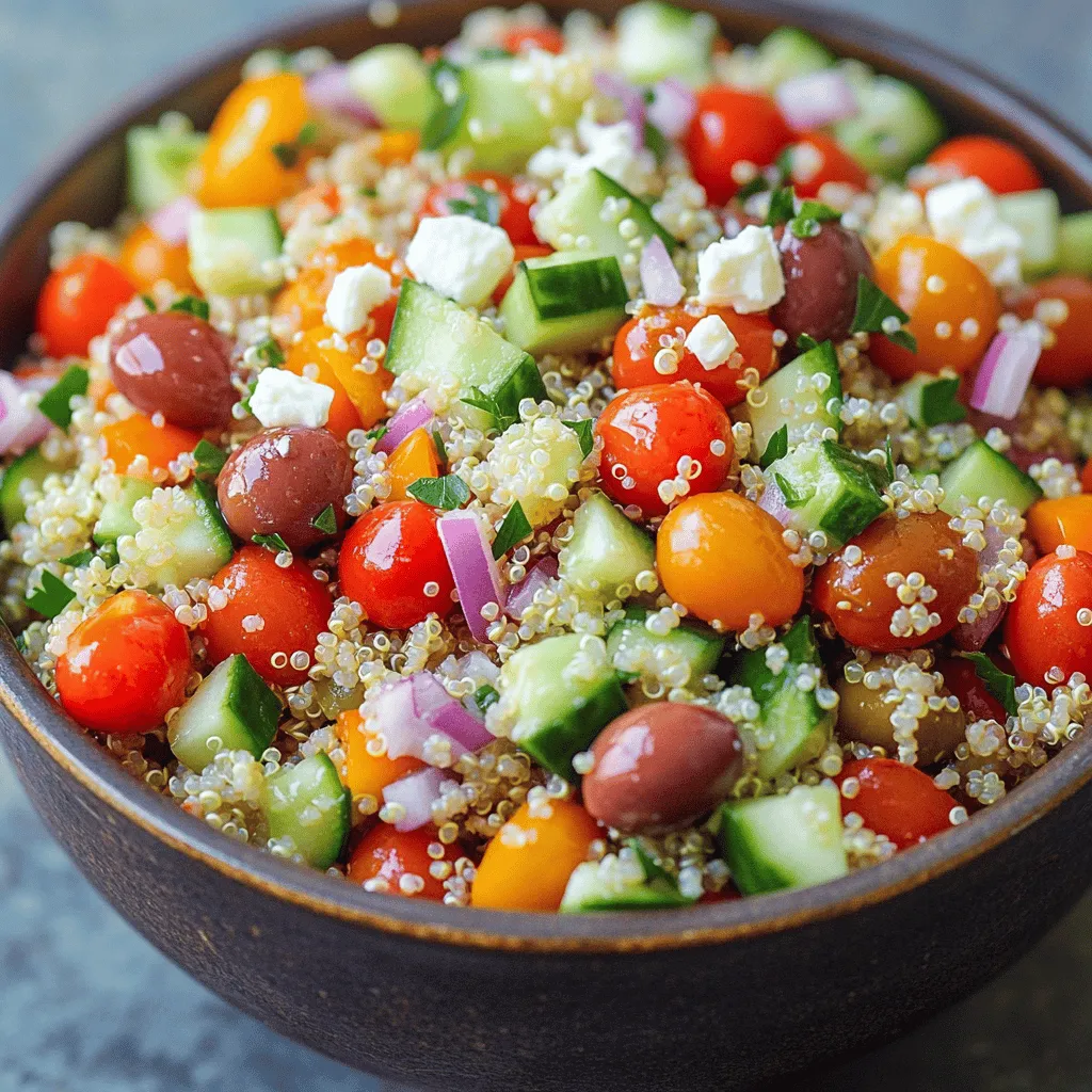 To make a Savory Quinoa Salad with Feta, gather these fresh ingredients: - 1 cup quinoa, thoroughly rinsed - 2 cups vegetable broth - 1 cup cherry tomatoes, halved - 1 cucumber, freshly diced - 1 bell pepper (red or yellow), diced - 1/2 red onion, finely chopped - 1/2 cup kalamata olives, pitted and sliced - 1 cup crumbled feta cheese - 1/4 cup fresh parsley, roughly chopped - 3 tablespoons extra virgin olive oil - 2 tablespoons freshly squeezed lemon juice - Salt and pepper to taste These ingredients bring bright colors and bold flavors to the dish. Quinoa serves as the base, giving you a healthy grain. Each vegetable adds crunch and nutrients, while feta brings a creamy texture and salty taste. Olive oil and lemon juice add a zing. This mix makes each bite exciting and fresh. For the full recipe, check out the instructions below! - Combine quinoa and vegetable broth in a medium saucepan. - Bring to a boil, reduce heat, cover, and simmer for 15 minutes. - Rest and fluff with a fork. Cooking quinoa is simple. Rinsing it first removes any bitter taste. Use vegetable broth for added flavor. When the broth boils, turn the heat low. Cover and let it cook. After 15 minutes, remove it from heat. Let it sit for five more minutes. Fluff it with a fork to make it light and fluffy. - Chop and mix tomatoes, cucumber, bell pepper, red onion, and olives in a large bowl. Fresh vegetables add color and crunch. Chop the tomatoes, cucumber, and bell pepper into small pieces. Finely chop the red onion. Slice the olives. Mix them all in a big bowl. This blend of vegetables makes your salad bright and tasty. - Mix the cooked quinoa with vegetables, olive oil, and lemon juice. - Gently fold in crumbled feta and parsley. - Adjust seasoning with salt and pepper. - Chill before serving for best flavor. Once your quinoa cools a bit, add it to the bowl of veggies. Drizzle olive oil and lemon juice on top. Toss everything gently with a spoon. Next, fold in crumbled feta cheese and parsley. This adds a creamy texture and fresh taste. Season with salt and pepper to your liking. For the best flavor, chill the salad for about 30 minutes. This helps the flavors blend well. For a complete guide, check the [Full Recipe]. To make perfect quinoa, start by rinsing it. This removes the bitter coating called saponin. Use a fine mesh strainer for best results. Rinse under cold water until the water runs clear. Next, cook the quinoa for the right texture. Combine one cup of rinsed quinoa with two cups of vegetable broth. Bring it to a boil on medium heat. Once it boils, reduce the heat to low. Cover the pot and let it simmer for 15 minutes. After 15 minutes, remove it from the heat and let it rest for five minutes. Fluff it with a fork for a light and fluffy texture. To enhance flavor, use simple seasonings and fresh herbs. A pinch of salt and pepper can boost the taste. Fresh herbs like parsley or basil add a nice touch. You can also try adding garlic powder or onion powder for more depth. If you're looking for alternative dressings, try balsamic vinegar or a yogurt-based dressing. These options can give your salad a different twist. Mix and match to find your perfect flavor balance. For serving, you can get creative. Serve the salad in a large bowl or on individual plates. This adds a personal touch. Garnish with extra parsley for vibrant color. Add whole olives on top for a nice pop. Lemon wedges on the side can add zest and freshness. These simple ideas make your dish look even more appealing. {{image_4}} You can switch up the cheese in this salad. Goat cheese adds a tangy twist. If you want, try using a sharp cheddar or a creamy blue cheese. For greens, consider adding baby spinach or arugula. They bring a nice crunch and freshness. You can also mix in roasted veggies like zucchini or asparagus. This makes your dish more colorful and tasty. If you want more protein, chickpeas work great. They blend well and add a nutty flavor. You can also add grilled chicken for a heartier meal. For a vegan option, consider using tofu or tempeh. These choices keep your salad filling while still being healthy. You can change this salad based on the season. In summer, add fresh corn or diced peaches for sweetness. In the fall, try roasted butternut squash or apples for warmth. These seasonal ingredients keep your dish exciting and fresh. Adapting your salad to the season makes it fun and delicious to eat. For the full recipe, check out the previous section. To keep your savory quinoa salad fresh, use an airtight container. Glass or plastic containers work well. Make sure to seal the lid tightly. Store the salad in the fridge at a cool temperature, around 40°F (4°C). This keeps the flavors bright and the ingredients crisp. Your quinoa salad can last about 3 to 5 days in the fridge. Check for signs of spoilage before eating. If the salad smells sour or looks slimy, it’s time to toss it. Always trust your senses! I do not recommend freezing this salad. The texture of the quinoa and veggies can change. If you must freeze it, store it in a freezer-safe bag. Remove as much air as possible. To reheat, thaw it in the fridge overnight. Then, gently warm it in a pan or the microwave. The salad will not taste as fresh, but it will still be safe to eat. For the full recipe, you can refer to the earlier section. Enjoy your cooking adventure! Yes, you can prepare this salad ahead of time. I recommend making it up to one day in advance. Just keep it in the fridge. This allows the flavors to blend well. To ensure your salad is gluten-free, use certified gluten-free quinoa. Check the labels of your vegetable broth to ensure it’s gluten-free too. Most of the other ingredients, like veggies and feta, are naturally gluten-free. This salad pairs well with grilled chicken or fish for protein. You can also serve it with pita bread or hummus for a light meal. It makes a great side dish for barbecues or picnics. Quinoa is a superfood packed with nutrients. It is high in protein and fiber, making it great for digestion. It also contains vitamins and minerals like magnesium and iron. The veggies and feta in this salad add even more health benefits. This quinoa salad is a simple, tasty dish that's great for any meal. We covered how to cook quinoa, prepare fresh veggies, and mix it all together for a bright salad. Add your favorite ingredients or protein to make it yours. Store it right, and you’ll have leftovers for days. This recipe is healthy and full of flavor. You can easily customize it based on your taste or what’s in season. Enjoy making your unique version of this delicious quinoa salad!