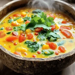 - 1 cup red lentils, thoroughly rinsed - 1 can (13.5 oz) creamy coconut milk - 4 cups rich vegetable broth - 1 medium onion, finely diced - 3 cloves garlic, minced to a paste - 1 tablespoon fresh ginger, grated - 2 tablespoons aromatic curry powder - 1 tablespoon vibrant turmeric - 1 teaspoon earthy cumin - 1 can (14.5 oz) diced tomatoes, juices included - 2 cups fresh or frozen spinach - 2 tablespoons extra virgin olive oil - Salt and freshly ground black pepper to taste - Fresh cilantro leaves, for garnish - Juice of 1 lime - Different vegetables (carrots, bell peppers) - Protein enhancements (chickpeas, tofu) - Coconut milk alternatives (almond milk, soy milk) - Gluten-free options for broth When crafting this Coconut Curry Lentil Soup, each ingredient plays a key role. The red lentils are my star, giving a hearty base. The creamy coconut milk adds richness and a hint of sweetness. I love using vegetable broth for depth. It brings all the flavors together. Onions, garlic, and ginger form a flavorful trio. They create a delightful aroma as they cook. Aromatic curry powder, turmeric, and cumin elevate the taste. The spices add warmth and complexity to the soup. Diced tomatoes give a nice tang and color. Spinach adds nutrients and vibrant green. If you want to mix it up, consider adding carrots or bell peppers. Chickpeas or tofu can boost protein. For dairy-free options, almond or soy milk works well too. Always check your vegetable broth for gluten-free choices. With the right ingredients, this soup becomes a filling dish. You can find the full recipe and enjoy the process of making this flavorful meal. - Washing and rinsing lentils: First, take 1 cup of red lentils and rinse them well under cold water. This helps remove any dust or impurities. Make sure to check for small stones, as lentils can sometimes hide them. Once clean, set them aside to drain. - Dicing onions and preparing garlic and ginger: Next, grab 1 medium onion. Dice it finely so it cooks evenly. For garlic, you will need 3 cloves. Mince them into a paste for a strong flavor. Lastly, take 1 tablespoon of fresh ginger and grate it. This will add a fragrant kick to your soup. - Heating olive oil and sautéing onions: In a large pot, heat 2 tablespoons of extra virgin olive oil over medium heat. Once hot, add the diced onion. Sauté for about 5 minutes. You want them soft and translucent, which means they are ready for the next step. - Adding aromatics (garlic and ginger): Now, add the minced garlic and grated ginger to the pot. Stir and cook for an additional minute. The aroma will fill your kitchen, making it hard to resist! - Incorporating spices and ingredients: Time to add flavor! Toss in 2 tablespoons of aromatic curry powder, 1 tablespoon of vibrant turmeric, and 1 teaspoon of earthy cumin. Cook these spices for about 1 minute. This step makes the spices fragrant. Next, add the rinsed lentils, 1 can of diced tomatoes with juices, and 4 cups of rich vegetable broth. Stir everything well to combine. - Simmering and adjusting flavors: Bring the mixture to a lively boil. Once boiling, lower the heat and let it simmer gently for about 20 minutes. Stir occasionally. You want the lentils to be tender and cooked through. - Serving suggestions: When the lentils are soft, stir in 1 can of creamy coconut milk and 2 cups of spinach. Let it simmer for an additional 5 minutes until the spinach wilts. Taste the soup and adjust with salt, freshly ground black pepper, and the juice of 1 lime. Ladle the soup into bowls, and top with fresh cilantro for a burst of color and flavor. Enjoy your delicious Coconut Curry Lentil Soup! For the full recipe details, refer to the instructions above. To make your coconut curry lentil soup just right, focus on cooking the lentils. You want them tender but not mushy. Keep an eye on them as they cook. They usually take about 20 minutes. Stir occasionally to avoid sticking. Balancing the flavors is key. After cooking, add lime juice to brighten the soup. This little boost makes a big difference. Taste as you go. Adjust the lime juice to your liking. Serving your soup in colorful bowls adds joy to the meal. Choose bowls that contrast nicely with the soup's warm tones. This makes it look more inviting. Garnish the soup with fresh cilantro and a lime wedge. This adds color and flavor. The cilantro brings a fresh taste, while lime gives it a zesty kick. For this recipe, use a large pot for cooking the soup. A sturdy wooden spoon helps you stir the ingredients well. A sharp knife is also important for dicing the onion and garlic. After cooking, store leftovers in airtight containers. Glass containers work best for keeping the soup fresh. They are easy to clean and can be reheated without worry. For a quick meal, make sure to have these tools ready! {{image_4}} You can make this soup even heartier. Try adding chickpeas or tofu for extra protein. These options boost nutrition without changing the flavor. You can also switch coconut milk for almond or soy milk. This gives a different taste while keeping it creamy. Want it mild or spicy? You can easily adjust the heat level. For a milder soup, use less curry powder. If you like spice, add chili flakes or fresh peppers. This way, you control the heat to match your taste. You can take this soup in new directions. For a Thai twist, add lemongrass and lime leaves. These flavors bring freshness and brightness. To make it Indian-inspired, add garam masala and some peas. This variation is rich and full of warm spices. Explore the [Full Recipe](#) for more ways to make this dish your own! To store your leftover coconut curry lentil soup, let it cool first. Once cool, transfer it to an airtight container. Seal it well to keep the flavors fresh. You can store it in the fridge for up to 5 days. This soup tastes even better after a day or two, as the flavors mix well. If you want to keep your soup longer, freezing is a great option. Pour the cooled soup into freezer-safe containers, leaving some space at the top for expansion. You can freeze it for up to 3 months. To thaw, place the container in the fridge overnight. When reheating, do it slowly over low heat. Stir it well to mix the ingredients back together. You can get creative with leftover soup. It makes a great sauce for grains like rice or quinoa. You can also serve it over roasted veggies or as a dip with bread. Another idea is to blend it until smooth and use it as a base for a curry dish. Enjoy making your meals exciting with these ideas! Coconut Curry Lentil Soup stays fresh for about 5 days in the fridge. Store it in an airtight container. If you want to keep it longer, freeze it. It can last up to 3 months in the freezer. Just remember to cool it fully before freezing. Yes, you can make this soup a day or two ahead. This will let the flavors blend nicely. To make it easy, prep the ingredients the night before. Chop your onion and mince the garlic in advance. This saves time and helps you enjoy a warm meal later. Yes, this soup is gluten-free. Red lentils, coconut milk, and vegetable broth are naturally gluten-free. Always check the labels on your broth and other ingredients to ensure they fit your needs. If you have gluten allergies, be extra careful with cross-contamination. Absolutely! You can add chicken or shrimp for extra protein. For chicken, cook bite-sized pieces in the pot before adding the lentils. For shrimp, add them in the last few minutes of cooking. This keeps them tender and juicy. Enjoy a hearty twist on this tasty soup! This blog post covered a delicious coconut curry lentil soup recipe. We explored key ingredients, tips for perfecting the dish, and how to store leftovers. Incorporating variations lets you customize the soup to your taste. Whether you’re making it spicy or adding different proteins, the options are endless. Experimenting with ingredients can turn this dish into a family favorite. Enjoy creating and sharing this warm, flavorful meal!