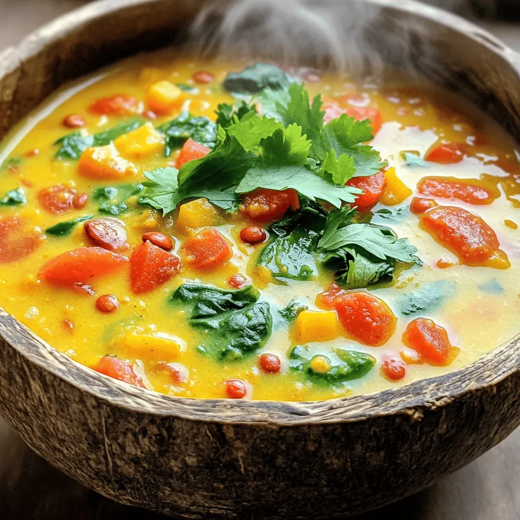 - 1 cup red lentils, thoroughly rinsed - 1 can (13.5 oz) creamy coconut milk - 4 cups rich vegetable broth - 1 medium onion, finely diced - 3 cloves garlic, minced to a paste - 1 tablespoon fresh ginger, grated - 2 tablespoons aromatic curry powder - 1 tablespoon vibrant turmeric - 1 teaspoon earthy cumin - 1 can (14.5 oz) diced tomatoes, juices included - 2 cups fresh or frozen spinach - 2 tablespoons extra virgin olive oil - Salt and freshly ground black pepper to taste - Fresh cilantro leaves, for garnish - Juice of 1 lime - Different vegetables (carrots, bell peppers) - Protein enhancements (chickpeas, tofu) - Coconut milk alternatives (almond milk, soy milk) - Gluten-free options for broth When crafting this Coconut Curry Lentil Soup, each ingredient plays a key role. The red lentils are my star, giving a hearty base. The creamy coconut milk adds richness and a hint of sweetness. I love using vegetable broth for depth. It brings all the flavors together. Onions, garlic, and ginger form a flavorful trio. They create a delightful aroma as they cook. Aromatic curry powder, turmeric, and cumin elevate the taste. The spices add warmth and complexity to the soup. Diced tomatoes give a nice tang and color. Spinach adds nutrients and vibrant green. If you want to mix it up, consider adding carrots or bell peppers. Chickpeas or tofu can boost protein. For dairy-free options, almond or soy milk works well too. Always check your vegetable broth for gluten-free choices. With the right ingredients, this soup becomes a filling dish. You can find the full recipe and enjoy the process of making this flavorful meal. - Washing and rinsing lentils: First, take 1 cup of red lentils and rinse them well under cold water. This helps remove any dust or impurities. Make sure to check for small stones, as lentils can sometimes hide them. Once clean, set them aside to drain. - Dicing onions and preparing garlic and ginger: Next, grab 1 medium onion. Dice it finely so it cooks evenly. For garlic, you will need 3 cloves. Mince them into a paste for a strong flavor. Lastly, take 1 tablespoon of fresh ginger and grate it. This will add a fragrant kick to your soup. - Heating olive oil and sautéing onions: In a large pot, heat 2 tablespoons of extra virgin olive oil over medium heat. Once hot, add the diced onion. Sauté for about 5 minutes. You want them soft and translucent, which means they are ready for the next step. - Adding aromatics (garlic and ginger): Now, add the minced garlic and grated ginger to the pot. Stir and cook for an additional minute. The aroma will fill your kitchen, making it hard to resist! - Incorporating spices and ingredients: Time to add flavor! Toss in 2 tablespoons of aromatic curry powder, 1 tablespoon of vibrant turmeric, and 1 teaspoon of earthy cumin. Cook these spices for about 1 minute. This step makes the spices fragrant. Next, add the rinsed lentils, 1 can of diced tomatoes with juices, and 4 cups of rich vegetable broth. Stir everything well to combine. - Simmering and adjusting flavors: Bring the mixture to a lively boil. Once boiling, lower the heat and let it simmer gently for about 20 minutes. Stir occasionally. You want the lentils to be tender and cooked through. - Serving suggestions: When the lentils are soft, stir in 1 can of creamy coconut milk and 2 cups of spinach. Let it simmer for an additional 5 minutes until the spinach wilts. Taste the soup and adjust with salt, freshly ground black pepper, and the juice of 1 lime. Ladle the soup into bowls, and top with fresh cilantro for a burst of color and flavor. Enjoy your delicious Coconut Curry Lentil Soup! For the full recipe details, refer to the instructions above. To make your coconut curry lentil soup just right, focus on cooking the lentils. You want them tender but not mushy. Keep an eye on them as they cook. They usually take about 20 minutes. Stir occasionally to avoid sticking. Balancing the flavors is key. After cooking, add lime juice to brighten the soup. This little boost makes a big difference. Taste as you go. Adjust the lime juice to your liking. Serving your soup in colorful bowls adds joy to the meal. Choose bowls that contrast nicely with the soup's warm tones. This makes it look more inviting. Garnish the soup with fresh cilantro and a lime wedge. This adds color and flavor. The cilantro brings a fresh taste, while lime gives it a zesty kick. For this recipe, use a large pot for cooking the soup. A sturdy wooden spoon helps you stir the ingredients well. A sharp knife is also important for dicing the onion and garlic. After cooking, store leftovers in airtight containers. Glass containers work best for keeping the soup fresh. They are easy to clean and can be reheated without worry. For a quick meal, make sure to have these tools ready! {{image_4}} You can make this soup even heartier. Try adding chickpeas or tofu for extra protein. These options boost nutrition without changing the flavor. You can also switch coconut milk for almond or soy milk. This gives a different taste while keeping it creamy. Want it mild or spicy? You can easily adjust the heat level. For a milder soup, use less curry powder. If you like spice, add chili flakes or fresh peppers. This way, you control the heat to match your taste. You can take this soup in new directions. For a Thai twist, add lemongrass and lime leaves. These flavors bring freshness and brightness. To make it Indian-inspired, add garam masala and some peas. This variation is rich and full of warm spices. Explore the [Full Recipe](#) for more ways to make this dish your own! To store your leftover coconut curry lentil soup, let it cool first. Once cool, transfer it to an airtight container. Seal it well to keep the flavors fresh. You can store it in the fridge for up to 5 days. This soup tastes even better after a day or two, as the flavors mix well. If you want to keep your soup longer, freezing is a great option. Pour the cooled soup into freezer-safe containers, leaving some space at the top for expansion. You can freeze it for up to 3 months. To thaw, place the container in the fridge overnight. When reheating, do it slowly over low heat. Stir it well to mix the ingredients back together. You can get creative with leftover soup. It makes a great sauce for grains like rice or quinoa. You can also serve it over roasted veggies or as a dip with bread. Another idea is to blend it until smooth and use it as a base for a curry dish. Enjoy making your meals exciting with these ideas! Coconut Curry Lentil Soup stays fresh for about 5 days in the fridge. Store it in an airtight container. If you want to keep it longer, freeze it. It can last up to 3 months in the freezer. Just remember to cool it fully before freezing. Yes, you can make this soup a day or two ahead. This will let the flavors blend nicely. To make it easy, prep the ingredients the night before. Chop your onion and mince the garlic in advance. This saves time and helps you enjoy a warm meal later. Yes, this soup is gluten-free. Red lentils, coconut milk, and vegetable broth are naturally gluten-free. Always check the labels on your broth and other ingredients to ensure they fit your needs. If you have gluten allergies, be extra careful with cross-contamination. Absolutely! You can add chicken or shrimp for extra protein. For chicken, cook bite-sized pieces in the pot before adding the lentils. For shrimp, add them in the last few minutes of cooking. This keeps them tender and juicy. Enjoy a hearty twist on this tasty soup! This blog post covered a delicious coconut curry lentil soup recipe. We explored key ingredients, tips for perfecting the dish, and how to store leftovers. Incorporating variations lets you customize the soup to your taste. Whether you’re making it spicy or adding different proteins, the options are endless. Experimenting with ingredients can turn this dish into a family favorite. Enjoy creating and sharing this warm, flavorful meal!