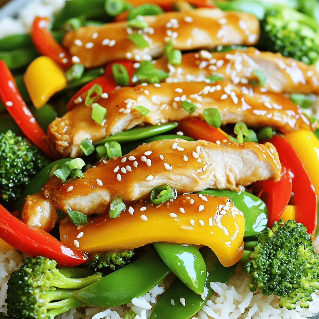 - 1 lb chicken breast, thinly sliced - 2 tablespoons honey - 3 cloves garlic, minced - 1 tablespoon fresh ginger, grated - 1 tablespoon cornstarch - 2 tablespoons vegetable oil - 1 bell pepper (red or yellow), sliced into thin strips - 1 cup broccoli florets, fresh - 1 cup snap peas, trimmed - 2 green onions, finely chopped - Sesame seeds for garnish - Salt and pepper to taste In this recipe, we focus on fresh and simple ingredients. The chicken breast is the star. I love using thin slices because they cook fast and stay juicy. The marinade uses honey for sweetness and garlic for a punch of flavor. The ginger adds a nice warmth that balances the dish. For the vegetables, I choose bright bell peppers, crunchy snap peas, and fresh broccoli. They not only add color but also nutrition. You can mix and match based on what you like or have on hand! This recipe is all about balance. I want the sweet honey, sharp garlic, and fresh veggies to shine. This combination makes it a fun dish to eat and share. You can find the full recipe detailed in the instructions. Whisk together honey, minced garlic, grated ginger, soy sauce, salt, and pepper. This sauce gives the chicken a sweet and savory flavor. Make sure it mixes well. Set it aside for later. Coat chicken with cornstarch for crispiness. This step is key. It helps the chicken fry up nice and crunchy. Ensure every piece is well coated. This will make a great texture once cooked. Stir-fry chicken in heated oil until golden and cooked through. Heat a large skillet over medium-high heat. Add one tablespoon of vegetable oil. Once hot, add the chicken in a single layer. Cook for about 5-7 minutes. Stir occasionally until it turns golden brown and is fully cooked. Remove the chicken and set it aside. Add remaining oil and cook sliced bell pepper, broccoli, and snap peas. In the same skillet, add the other tablespoon of oil. Next, toss in the sliced bell pepper, fresh broccoli, and snap peas. Stir-fry for 3-4 minutes. You want them bright and crisp-tender. Return chicken to skillet and mix with sauce. Add the cooked chicken back to the skillet. Pour the honey-garlic sauce over everything. Stir gently to coat all the ingredients. Cook for an additional 2-3 minutes. This allows the sauce to thicken and heat through. Serve over rice or quinoa, garnished with green onions and sesame seeds. Once done, take it off the heat. Sprinkle with chopped green onions and sesame seeds for extra flavor. This presentation looks beautiful and tastes amazing! For the full recipe, refer back to the beginning of this article. To get the best stir-fry, follow these steps: - Heat the oil: Preheat your skillet or wok before adding oil. This helps food cook evenly. - Don’t overcrowd: Cook the chicken in batches. If you add too much, it can steam instead of fry. - Keep it moving: Stir constantly for even cooking and to avoid burning. This helps all food stay crispy. You can change the sauce based on your taste: - For sweetness: Add more honey if you like it sweet. Start with 1 extra teaspoon. - For saltiness: Increase soy sauce in small amounts. Taste as you go to find your perfect balance. Pair your stir-fry with tasty sides: - Rice: Serve over jasmine rice for a classic touch. - Quinoa: Use quinoa for a healthy twist. - Noodles: Try it with rice noodles for a fun change. These tips will help you create a dish that shines! For the full details, check the Full Recipe. {{image_4}} You can switch chicken with tofu or shrimp. If you use tofu, choose firm or extra-firm. Press it to remove excess water. Cut it into cubes and coat it lightly in cornstarch. For shrimp, use raw, peeled shrimp. Cook shrimp until they turn pink. Both options bring their unique flavors and textures. Feel free to mix up the veggies! You can use carrots, bell peppers, or bok choy. Cauliflower and zucchini also work well. Just cut them into small pieces. This keeps the stir-fry colorful and crunchy. Each veggie adds its own taste and nutrition. Want some heat? Add chili flakes or sriracha. Start with a pinch, then taste. You can always add more, but it’s hard to take it out! For a sweet twist, add a splash of orange juice or a sprinkle of sesame oil. This brings depth to your honey garlic sauce. For more ideas, check the Full Recipe to explore different tastes and styles! To keep your honey garlic chicken stir-fry fresh, store leftovers in an airtight container. Let the stir-fry cool to room temperature before sealing it. Place the container in the fridge. It’s best to eat leftovers within three days for the best taste and safety. You can freeze honey garlic chicken stir-fry for a quick meal later. Portion the stir-fry into freezer-safe bags or containers. Make sure to remove as much air as possible. Label the bags with the date. To reheat, thaw overnight in the fridge, then warm it in a skillet over low heat. Add a splash of water if it looks dry. In the fridge, your honey garlic chicken stir-fry lasts about three days. If you freeze it, it can stay good for up to three months. After that, the taste and texture may change, so try to eat it within that time. To make Honey Garlic Chicken Stir-Fry fast, prep your ingredients first. Chop vegetables and slice the chicken ahead of time. Keep all your items ready in bowls. Use a large skillet or wok. This helps cook all items evenly and quickly. Stir-frying is a fast method, so have everything close. You can also make your sauce in advance. Store it in the fridge. With all this done, you can finish cooking in about 20 minutes. Follow the Full Recipe for more details. Yes, you can use other oils. You can try olive oil or sesame oil for a twist. Coconut oil is another option that adds a sweet flavor. Each oil gives a different taste to the dish. Just ensure the oil has a high smoke point. This helps avoid burning while stir-frying. Great sides to serve with this dish include jasmine rice or quinoa. Both options soak up the sauce well. You can also serve it with noodles for a fun twist. Steamed vegetables are a healthy choice too. Try a fresh salad for extra crunch. Each side adds a nice touch to your meal. This blog post walks you through making a tasty Honey Garlic Chicken Stir-Fry. You learned how to prepare the chicken and vegetables, making sure everything cooks perfectly. I shared tips for customizing flavors and suggested variations for different proteins and veggies. Remember, you can store leftovers safely and reheat them later. This dish is quick, healthy, and full of flavor. Enjoy creating your own version, and don't be afraid to experiment!