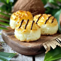 To make coconut macaroons, you need: - 3 cups sweetened shredded coconut - 1 cup sweetened condensed milk - 1 teaspoon vanilla extract - 1/4 teaspoon almond extract - 2 large egg whites - 1/4 teaspoon salt - 1/2 cup dark chocolate chips (optional for drizzling) You can swap ingredients if needed. Use unsweetened coconut if you like less sugar. Regular milk works instead of sweetened condensed milk, but you may need to add sugar. For a nut-free version, skip the almond extract. Instead, use more vanilla extract. You can also use egg replacers if avoiding eggs. Coconut is high in fiber, which helps digestion. It also has healthy fats that may boost heart health. Sweetened condensed milk adds creaminess and sweetness but should be used in moderation due to its sugar content. Eggs provide protein, which is great for muscle health. Dark chocolate offers antioxidants and can improve mood. Enjoying these treats in moderation can make them a fun part of a balanced diet. Start by preheating your oven to 325°F (165°C). This step ensures even baking. Next, line a baking sheet with parchment paper. This keeps the macaroons from sticking. In a large bowl, mix three cups of sweetened shredded coconut. Add one cup of sweetened condensed milk for sweetness. Then, pour in one teaspoon of vanilla extract and a quarter teaspoon of almond extract. Stir these ingredients until they blend well. This mixture creates a rich coconut flavor. In a separate bowl, crack two large egg whites and add a quarter teaspoon of salt. Use an electric mixer to whip the egg whites. Beat them for about 2-3 minutes, or until soft peaks form. This is key to making the macaroons airy and light. Gently fold the whipped egg whites into the coconut mixture. Use a spatula for this. Be careful to keep the air in the egg whites. Once combined, scoop out tablespoon-sized mounds. Place them onto the prepared baking sheet, leaving about two inches between each mound. Put the baking sheet in your preheated oven. Bake the macaroons for 20-25 minutes. They should turn a lovely golden brown. Keep an eye on them to avoid burning. Remove the baking sheet from the oven and let the macaroons cool for about 10 minutes. Then, transfer them to a wire rack to cool completely. For an extra treat, drizzle melted dark chocolate over the cooled macaroons. These treats are best fresh but can last up to a week in an airtight container. To get the best texture, focus on the egg whites. Whip them until soft peaks form. This adds air and lightness. When you fold them into the coconut mixture, be gentle. Stir too hard, and you’ll lose that fluff. The goal is to have a light, airy mix that still holds its shape. One common mistake is overbaking. Keep an eye on your macaroons as they bake. They should turn golden brown but not dark. Another mistake is under-mixing. Make sure all ingredients blend well. If not, you might end up with uneven flavors. Lastly, don’t skip the parchment paper. It helps prevent sticking and makes cleanup easier. To boost the flavor, consider adding a pinch of sea salt. It brings out the sweetness. Try different extracts too. A bit of coconut extract can enhance the coconut taste. You can even fold in chopped nuts or dried fruit for a twist. Drizzling melted chocolate on top can also add a rich touch. For the full recipe, check out Tropical Delight Coconut Macaroons. {{image_4}} You can take your coconut macaroons to the next level by dipping them in chocolate. After baking and cooling, melt dark chocolate chips in a bowl. Dip the bottom half of each macaroon into the chocolate. Place them on parchment paper to set. This adds a rich taste that pairs well with the sweet coconut. Coconut macaroons are great for seasonal twists. For a mint flavor, add a few drops of mint extract to the coconut mix. Or, try pumpkin spice in the fall! Just mix in a teaspoon of pumpkin spice for a cozy vibe. These flavors make them more fun and festive. If you're looking for healthier options, you can replace sweetened condensed milk. Use agave syrup or maple syrup instead. These alternatives keep the sweetness but reduce calories. Make sure to adjust the amount of coconut to keep the texture right. To keep your coconut macaroons fresh, store them in an airtight container. This method prevents moisture and keeps them chewy. Place a piece of parchment paper between layers to avoid sticking. Keep the container in a cool, dry place. Avoid the fridge, as it can dry out the cookies. They will stay fresh for up to one week when stored correctly. You can freeze coconut macaroons for later enjoyment. First, let them cool completely. Then, arrange them in a single layer on a baking sheet. Freeze them for about one hour. Once frozen, transfer them to a freezer-safe bag or container. They can last for up to three months in the freezer. When ready to eat, thaw them at room temperature. If your macaroons lose some texture, you can refresh them easily. Preheat your oven to 300°F (150°C). Place the macaroons on a baking sheet. Warm them in the oven for about 5-10 minutes. This method helps restore their chewy texture and makes them taste fresh again. Enjoy them just like you did on the first day! For the complete experience, check out the Full Recipe. The main ingredients in coconut macaroons are: - 3 cups sweetened shredded coconut - 1 cup sweetened condensed milk - 1 teaspoon vanilla extract - 1/4 teaspoon almond extract - 2 large egg whites - 1/4 teaspoon salt - 1/2 cup dark chocolate chips (optional for drizzling) These ingredients create a rich and chewy treat. Yes, you can use unsweetened coconut. It will change the taste and texture. You may want to add more sugar or sweetened condensed milk to balance the flavors. Sweetened coconut provides a lovely sweetness that enhances the overall flavor. To make coconut macaroons crispier, you can: - Bake them a little longer, checking often. - Use less sweetened condensed milk. - Add a bit of cornstarch to the mix. These tips will give you that perfect crunch on the outside. Yes, coconut macaroons are gluten-free. They use coconut and egg whites, which contain no gluten. Always check labels if you're using packaged ingredients to ensure they are certified gluten-free. Homemade coconut macaroons last about a week when stored in an airtight container. If you want them to stay fresh longer, you can freeze them. They will keep well for up to three months in the freezer. You can find coconut macaroons at most grocery stores or bakeries. They often sell them in the bakery section or the snack aisle. You can also order them online from specialty food sites. For a detailed guide, check the full recipe above. You will find all the steps to create these delightful treats. This blog covered key details on making coconut macaroons. We explored essential ingredients, substitutions, and health benefits. Following step-by-step instructions ensures great results every time. I shared tips for perfect texture and flavor. Variations let you experiment with fun flavors, while storage info helps keep them fresh. Enjoy creating these treats! You can impress friends and family with your delicious coconut macaroons.