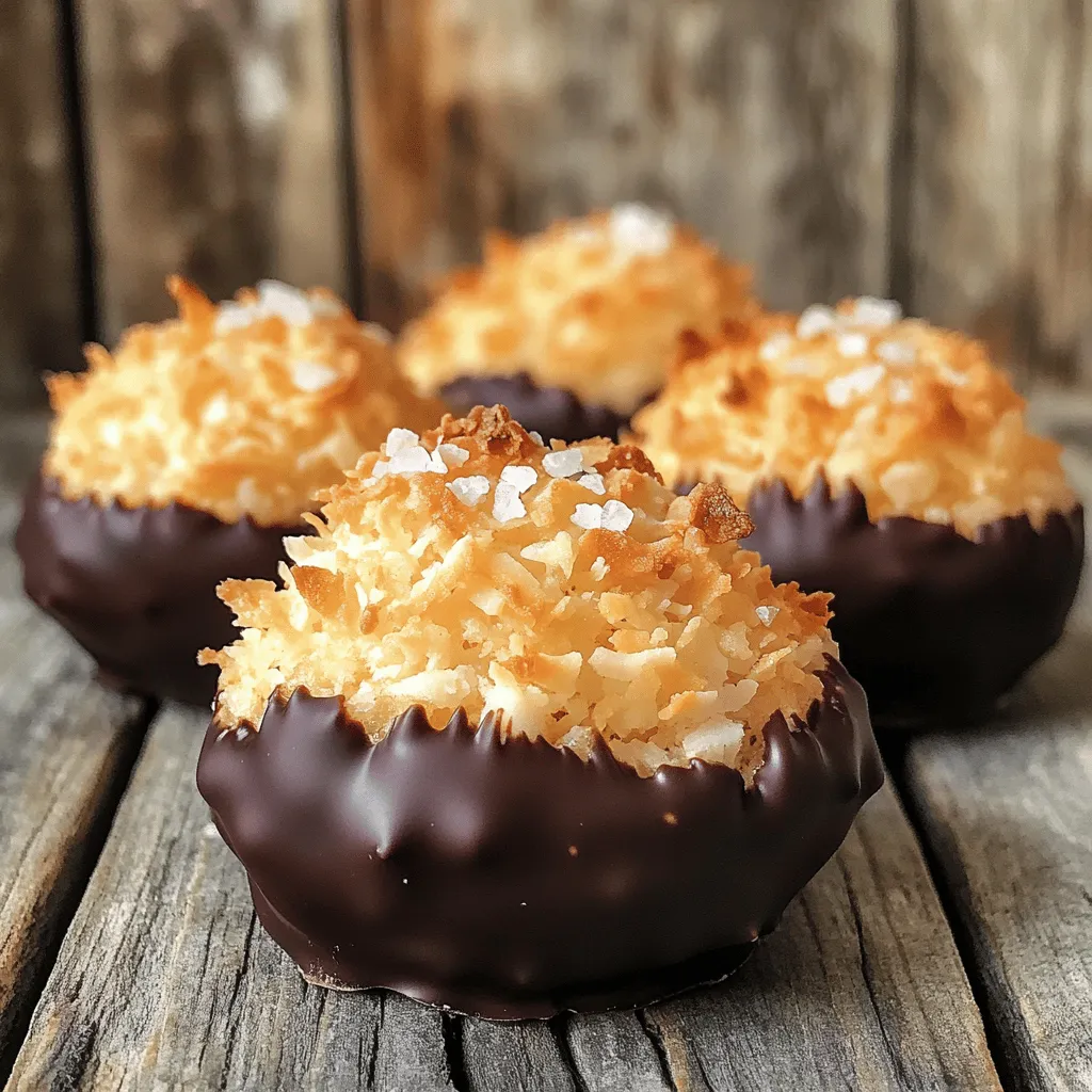 To make these delightful coconut macaroons, you will need: - 2 ½ cups unsweetened shredded coconut - 2/3 cup sweetened condensed milk - 1 teaspoon vanilla extract - ½ teaspoon almond extract - ½ teaspoon sea salt - 2 large egg whites - 1/4 cup granulated sugar These ingredients create a chewy and sweet base. The shredded coconut gives texture, while the condensed milk adds sweetness. The extracts bring out rich flavors that shine through. For the dark chocolate coating, gather: - 4 ounces dark chocolate (70% cocoa or higher), chopped This chocolate adds a rich and slightly bitter contrast to the sweet macaroons. Using high-quality chocolate makes a huge difference in flavor. If you want to elevate your macaroons, consider these options: - Sea salt flakes (for topping, optional) The sea salt flakes add a nice touch of flavor and balance the sweetness. You can also try adding lemon zest or a splash of orange extract for a fruity note. These ingredients will help you create a treat that looks great and tastes even better. For the full recipe, check out the cooking instructions. First, set your oven to 325°F (160°C). This will help the macaroons bake evenly. Next, grab a baking sheet. Line it with parchment paper. This step keeps the macaroons from sticking. In a large bowl, mix the unsweetened shredded coconut and sweetened condensed milk. Add the vanilla extract, almond extract, and sea salt. Stir until everything is well combined. It should feel sticky and hold together when pressed. Now, take another bowl and beat the egg whites. Use a handheld mixer on medium speed. Beat until soft peaks form, which takes about 2 minutes. Gradually add the granulated sugar and keep mixing until you reach stiff peaks. This usually takes 2-3 more minutes. Gently fold the egg whites into the coconut mixture. Use a spatula and mix carefully to keep the airy texture. Once no white streaks remain, spoon rounded mounds onto the baking sheet. Space them about 2 inches apart. Bake for 20-25 minutes. You want them golden brown on top. While the macaroons cool, melt the dark chocolate. Place the chopped chocolate in a microwave-safe bowl. Heat it in 30-second bursts, stirring each time. Keep going until the chocolate is smooth and melted. Once the macaroons are cool, dip their bottoms into the melted chocolate. Let any extra chocolate drip off, then place them back on the parchment paper. If you like, sprinkle sea salt flakes on top for extra flavor. Allow the chocolate to set at room temperature or chill them in the fridge until firm. For the full recipe, refer to the earlier section. To get the best texture in your macaroons, use unsweetened shredded coconut. This gives your treats a nice chew. Mixing the coconut with sweetened condensed milk creates a rich base. When you whip the egg whites, beat them until they form stiff peaks. This helps your macaroons rise and stay airy. Do not overmix the coconut and egg whites. Fold gently to keep that lightness. You can customize your macaroons in many ways. Try adding lemon zest for a zingy twist. If you like almond flavor, use more almond extract. You can even mix in chocolate chips or nuts for extra texture. Feel free to change the dark chocolate to milk or white chocolate if you prefer. Just remember to adjust the sweetness to balance the flavors. Serve your macaroons on a pretty plate for a nice touch. Add coconut flakes or a sprinkle of sea salt on top for extra flair. You can pair them with a cup of coffee or tea for a delightful snack. They also make great gifts when placed in a jar. For a fun twist, try serving them with fresh fruit or a scoop of ice cream. For the full recipe, check out the complete guide. {{image_4}} You can use many types of chocolate to coat your macaroons. Dark chocolate is rich and bold. Milk chocolate gives a creamier flavor. White chocolate adds sweetness without the cocoa touch. Try mixing different chocolates for a unique flavor. Each type adds its own twist to your treat. You can change the flavor of your macaroons with simple additions. Lemon zest gives a bright, fresh taste. It adds a zing that works well with coconut. Almond extract offers a nutty depth. Just a few drops can enhance the coconut flavor. Experiment with different flavors to find what you like best. Coconut macaroons are naturally gluten-free, making them a safe choice for many diets. To make them vegan, swap the egg whites with aquafaba. Aquafaba is the liquid from canned chickpeas and works well in meringues. Use a plant-based sweetened condensed milk for a fully vegan treat. These swaps keep the essence of the macaroons while catering to different needs. For the full recipe, check [Full Recipe]. To keep your coconut macaroons fresh, store them in an airtight container. This protects them from air and moisture. Place parchment paper between layers to prevent sticking. They stay good at room temperature for about a week. If you want them to last longer, consider freezing them. To freeze coconut macaroons, let them cool completely first. Then, place them in a single layer on a baking sheet. Freeze for about an hour until firm. After that, transfer them to a freezer-safe bag or container. They can stay frozen for up to three months. When you want to enjoy them, thaw at room temperature. To keep your macaroons tasty, avoid exposing them to heat or humidity. Store them in a cool, dry place. If you notice them getting hard, try wrapping them in a damp paper towel for a short time. This helps restore some moisture. Remember to check for any signs of spoilage before eating. Enjoy your delicious treats! You can tell your macaroons are done when they turn a nice golden brown. Bake them for about 20-25 minutes. If you touch the top, it should feel firm. Trust your eyes; golden color is key! Yes, you can make macaroons without egg whites. Use aquafaba, the liquid from canned chickpeas, instead. It works great as a substitute! Just whip it until it forms stiff peaks, just like egg whites. Coconut macaroons stay fresh for about one week at room temperature. Store them in an airtight container. If you want to keep them longer, you can freeze them for up to three months. The best way to melt chocolate is to use a microwave. Place chopped chocolate in a bowl and heat in 30-second bursts. Stir well after each burst until smooth. This method keeps the chocolate from burning and ensures a silky finish. For more tips and detailed steps, check out the Full Recipe! Coconut macaroons are simple and delicious. We covered the key ingredients, baking steps, and tips for perfect texture. You can customize these treats by adding flavors or using different chocolate coatings. Storing them properly ensures they stay fresh for longer. In the end, coconut macaroons can be a fun treat to make. Experiment with flavors and enjoy your sweet creations!