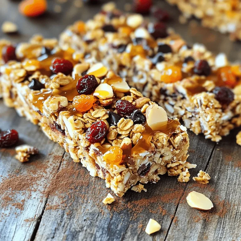 When making homemade granola bars, using the right ingredients makes all the difference. Here's what you'll need: - 2 cups rolled oats - 1 cup mixed nuts (almonds, walnuts, cashews), chopped - 1/2 cup honey or maple syrup - 1/2 cup nut butter (almond or peanut butter) - 1/2 cup dried fruits (raisins, cranberries, apricots) - 1/4 cup dark chocolate chips (optional) - 1 teaspoon pure vanilla extract - 1/2 teaspoon salt - 1/2 teaspoon ground cinnamon These simple ingredients come together to create a tasty and healthy snack. Rolled oats form the base of our bars. They provide fiber and make you feel full. The mixed nuts add crunch and healthy fats. Honey or maple syrup serves as the sweetener, giving your bars just the right amount of sweetness. Next, we have nut butter. It adds creaminess and binds everything together. Dried fruits bring in natural sugars and chewy texture. Dark chocolate chips can be a fun treat if you choose to add them. Finally, vanilla extract, salt, and cinnamon enhance the flavors. Salt brings out sweetness, while cinnamon adds warmth. This mix of ingredients is not only nutritious but also delicious. You can find the full recipe for these crunchy nutty granola bars in the recipe section. 1. Preheat the oven and prepare baking dish. Start by preheating your oven to 350°F (175°C). Grab an 8x8-inch baking dish and line it with parchment paper. Leave some paper hanging over the sides. This helps you lift the bars out later. 2. Mix dry ingredients in a large bowl. In a big bowl, add 2 cups of rolled oats, 1 cup of chopped mixed nuts, 1/2 teaspoon of salt, and 1/2 teaspoon of ground cinnamon. Mix well until everything is even. 3. Make the honey-nut butter mixture. In a small saucepan, combine 1/2 cup of honey (or maple syrup) with 1/2 cup of nut butter. Heat this on low. Stir until it’s smooth. Once melted, take it off the heat and add 1 teaspoon of pure vanilla extract. 4. Combine mixtures and fold in extras. Pour the warm honey-nut butter mix over the dry ingredients. Stir it well to coat everything. Then, fold in 1/2 cup of dried fruits and 1/4 cup of dark chocolate chips, if you want. 1. Transfer to baking dish and press down. Put the mixture into your baking dish. Spread it evenly. Use a spatula to press it down firmly. This helps the bars hold together. 2. Bake until golden brown. Place the dish in your preheated oven. Bake for 20-25 minutes. Look for a lovely golden brown on the edges. 3. Cool and cut into bars. After baking, take the dish out and let it cool completely. Once cool, use the parchment paper to lift the granola block out. Place it on a cutting board and cut it into bars or squares as you like. For the complete recipe, check out the [Full Recipe]. To get the best granola bars, baking time matters. If you want chewy bars, bake for about 20 minutes. For crispier bars, try 25 minutes. Keep an eye on them. You want a nice golden edge. Pressing the mixture firmly in the pan is key. This helps the bars hold together. When you press down hard, they stick better. Use a spatula or your hands. Just make sure it's compact and even. If you want to switch up sweeteners, try agave or brown rice syrup. Both work great and add a unique flavor. Each gives a slightly different taste, so you can experiment. For those with nut allergies, there are options! Use seeds like pumpkin or sunflower seeds instead of nuts. You can also skip them altogether. The bars will still taste amazing! Granola bars are great for pairing. Serve them with some fresh fruit, like apples or bananas. You can even add yogurt for a tasty dip. These bars also work well as meal prep snacks. Make a batch on the weekend. Grab one each day for a quick breakfast or snack. They are perfect for on-the-go eating! For the full recipe, check out the Crunchy Nutty Granola Bars section. {{image_4}} You can get creative with flavor add-ins for your granola bars. Here are some fun options: - Dried Fruits: Try using different dried fruits like mango, figs, or apricots. Each fruit brings a unique taste and texture. Dried mango adds a tropical flair, while figs give a chewy richness. - Nut and Seed Combinations: Mix and match nuts and seeds to find your favorite blend. Almonds, walnuts, and cashews work well together. You could also add sunflower seeds or pumpkin seeds for extra crunch and nutrition. If you have specific dietary needs, here are some easy swaps: - Gluten-Free Substitutions: You can make your bars gluten-free by using gluten-free oats. This way, everyone can enjoy them without worry. - Vegan Options: For a vegan option, simply replace honey with maple syrup. This keeps the sweetness while making it plant-based. These variations let you customize your homemade granola bars to fit your taste and dietary needs. Check out the Full Recipe for more ideas on how to make these tasty treats! To keep your homemade granola bars fresh, store them in an airtight container. This keeps moisture out and helps maintain their crunch. You can use plastic containers or glass jars with tight lids. At room temperature, granola bars last about a week. If you want them to last longer, refrigerate them. In the fridge, they stay fresh for up to two weeks. Freezing your granola bars is easy and a great way to save them. First, wrap each bar in plastic wrap. Then, place the wrapped bars in a freezer-safe bag. You can freeze them for up to three months. When you want to eat them, take a bar out and let it thaw at room temperature. To keep the texture nice, avoid microwaving them. Instead, let them sit for about 30 minutes. This way, they will be just as tasty as when you first made them. For the full recipe, check out the detailed steps above and enjoy your healthy snack! How to make granola bars less crumbly? To make your granola bars less crumbly, press the mixture firmly into the pan. This helps hold everything together. You can also add more nut butter or honey. These ingredients act as a binder. Can I add protein powder to the recipe? Yes, you can add protein powder! It boosts nutrition. Start with 1/4 cup and mix it in with your dry ingredients. Make sure to adjust the liquid slightly if needed. How long do homemade granola bars last? Homemade granola bars last about one week at room temperature. For longer storage, keep them in the fridge. They can last up to two weeks if stored properly. Are granola bars healthy for a snack? Granola bars can be a healthy snack. They provide fiber, protein, and healthy fats. However, check the sugar content. Make your own, like the recipe I shared, for a healthier option. Can I make these without nuts? Absolutely! You can skip nuts if you have allergies or dislike them. Replace nuts with seeds like sunflower or pumpkin seeds. Dried fruits can add extra flavor and texture. Can I use quick oats instead of rolled oats? You can use quick oats, but the texture will change. Quick oats will make the bars more chewy and less crunchy. Rolled oats give a better bite and help hold the bars together. You can easily make tasty, healthy granola bars using simple ingredients. We broke down each step, from mixing to baking, ensuring you create the perfect snack. Remember to adjust your baking time for your desired texture. Feel free to customize flavors and find ingredient swaps for your needs. Store these bars properly for freshness. Enjoy your delicious creation as a snack or meal prep option. Homemade granola bars offer great taste and nutrition in every bite. You have all the tools to make your snack time better!
