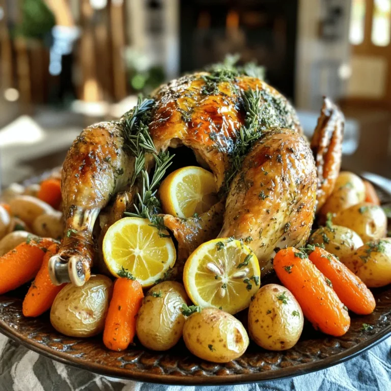 To make savory herb roasted chicken, gather the following ingredients: - 1 whole chicken (approximately 4-5 lbs) - 4 tablespoons high-quality olive oil - 2 tablespoons fresh rosemary, finely chopped - 2 tablespoons fresh thyme, finely chopped - 1 tablespoon fresh parsley, finely chopped - 4 cloves garlic, minced - 1 lemon, halved - Salt and freshly ground black pepper, to taste - 1 large onion, quartered - 2 cups baby carrots, peeled - 1 cup baby potatoes, halved These ingredients work together to create a juicy, flavorful dish. For the best flavor, I recommend using fresh herbs. Fresh rosemary and thyme add depth. Parsley brings brightness to the dish. You can mix in other herbs too, like oregano or sage, for a twist. Experiment with your favorite flavors! You will need a few key tools to make this recipe: - A roasting pan for even cooking. - A sharp knife for carving the chicken. - A cutting board for chopping herbs and vegetables. - A small mixing bowl to prepare the herb paste. - An instant-read thermometer to check the chicken's doneness. Having these tools ready will make your cooking easier and more enjoyable. For the full recipe, refer to the detailed instructions above. Start with a whole chicken, about 4 to 5 pounds. Preheat your oven to 425°F (220°C). This helps the skin get nice and crispy. Use paper towels to dry the chicken well. This is key for that crunch you want. Gently loosen the skin over the breast and thighs. Be careful not to tear it. In a small bowl, mix together 4 tablespoons of olive oil, 2 tablespoons of chopped rosemary, 2 tablespoons of thyme, 1 tablespoon of parsley, and 4 minced garlic cloves. Add salt and pepper to taste. Stir this until it forms a smooth paste. Rub half of the herb paste under the skin of the chicken. Make sure to cover the meat well for great flavor. Use the rest to coat the outside of the chicken. Squeeze juice from one lemon half over the chicken. Place the lemon and a quartered onion inside the cavity. Put the chicken in a large roasting pan. Add 2 cups of baby carrots and 1 cup of halved baby potatoes around it. Drizzle leftover olive oil over the veggies and season well. Roast the chicken for about 1 hour and 15 minutes. Check that the internal temperature hits 165°F (75°C) and the juices run clear. Baste the chicken halfway through with pan juices to keep it moist. Once cooked, let the chicken rest for 10 to 15 minutes before carving. This helps keep it juicy. You can check the [Full Recipe] for more details. To get that perfect crispy skin, start with a dry chicken. Pat the chicken with paper towels. This removes moisture and helps the skin crisp up. Next, rub a generous amount of olive oil all over the chicken. The oil helps to brown the skin. Use high heat during cooking. Preheat your oven to 425°F (220°C). This temperature works wonders for crispy skin. Basting keeps the chicken juicy. About halfway through cooking, use a spoon to scoop up the pan juices. Drizzle these juices over the chicken. This adds flavor and moisture. Keep an eye on the chicken. If it starts to brown too fast, cover it loosely with foil. This protects the skin while keeping it moist. Resting the chicken is key for juicy meat. After roasting, remove the chicken from the oven. Let it rest for about 10-15 minutes. This allows the juices to settle back into the meat. If you cut it too soon, the juices run out and the meat can dry out. Enjoy your perfectly juicy and flavorful dish! For the complete recipe, check the Full Recipe section. {{image_4}} You can mix up the herbs in this dish. For example, try using sage or oregano. Both add a unique taste. If you want a spicy kick, consider adding red pepper flakes. You can even use a blend of Italian herbs for a different flavor profile. Adjust to what you like best! You can customize the veggies around your chicken. Instead of carrots and potatoes, try using zucchini, bell peppers, or Brussels sprouts. Each vegetable brings its own flavor, making your dish exciting. Just remember to cut them into similar sizes for even cooking. Roasting gives the chicken a lovely, golden brown skin. It also allows the flavors to develop well. If you prefer grilling, you can achieve a smoky flavor. Just make sure to monitor the heat closely. Both methods can yield juicy chicken, so choose what fits your style. For the full recipe to try these variations, check out the [Full Recipe]. After enjoying your savory herb roasted chicken, store any leftovers right away. Let the chicken cool down for about 30 minutes. Then, wrap it tightly in plastic wrap or aluminum foil. You can also place it in an airtight container. This keeps the chicken fresh and prevents it from drying out. Store it in the fridge for up to three days. If you want to save your leftover chicken for later, freezing is a great option. Start by cutting the chicken into smaller pieces. This makes it easier to thaw later. Wrap each piece in plastic wrap, then place them in a freezer-safe bag. Remove as much air as possible to prevent freezer burn. Label the bags with the date. You can freeze the chicken for up to three months. When you are ready to eat your frozen or refrigerated chicken, reheating it properly is key. For the best results, use the oven. Preheat it to 350°F (175°C). Place the chicken on a baking sheet and cover it with foil. Heat for about 20-25 minutes, or until the chicken is hot. If you want a crispy skin, remove the foil for the last 5 minutes. Enjoy your juicy and flavorful dish again! For the full recipe, check out the complete instructions. Roasting time is key for juicy chicken. I recommend roasting your chicken for 20 minutes per pound at 425°F (220°C). For example, a 4-pound chicken needs about 1 hour and 20 minutes. Always check the internal temperature. It should reach 165°F (75°C) in the thickest part of the thigh. Yes, you can use dried herbs if you don't have fresh ones. Just remember, dried herbs are more potent. Use one-third of the amount compared to fresh herbs. For example, use about 1 tablespoon of dried thyme instead of 2 tablespoons of fresh thyme. This way, you will keep the flavor strong but balanced. Serve roasted chicken with sides that complement its flavor. Here are some great options: - Mashed potatoes - Green beans - A fresh salad - Rice pilaf These sides enhance the meal and bring out the chicken's savory taste. For the full recipe, click [here](#). Savory herb roasted chicken is simple and delicious. We explored key ingredients, tools, and steps for a perfect roast. I shared tips for crispy skin and juicy meat. You can try different herbs, seasonings, and cooking methods to make it your own. Don’t forget to store leftovers properly for future meals. Now, you’re ready to impress family and friends with your cooking skills. Enjoy your tasty roast!