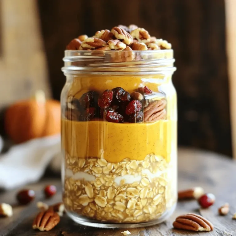 - 1 cup rolled oats - 1 cup almond milk (or any milk you prefer) - 1/2 cup canned pumpkin puree - 2 tablespoons maple syrup (or honey) - 1 teaspoon pumpkin pie spice (or a mix of cinnamon, nutmeg, and ginger) - 1 tablespoon chia seeds - 1 teaspoon vanilla extract - A pinch of salt These ingredients work together to create a creamy, flavorful mix. Oats give you a good base full of fiber. Pumpkin puree adds moisture and a warm, earthy flavor. Maple syrup or honey sweetens the mixture. Pumpkin pie spice brings in that lovely fall taste. Chia seeds help thicken the oats and add some extra nutrition. Almond milk keeps it dairy-free, but use any milk you like. - Chopped pecans - Dried cranberries - Dollop of yogurt Toppings let you get creative! Chopped pecans add a nice crunch. Dried cranberries give a bit of tartness. A dollop of yogurt makes it creamy and rich. You can mix and match these toppings for a fun breakfast that feels special every time. For the full recipe, check out the section above! - In a large mixing bowl, combine all the main ingredients: - 1 cup rolled oats - 1 cup almond milk (or any milk you prefer) - 1/2 cup canned pumpkin puree - 2 tablespoons maple syrup (or honey) - 1 teaspoon pumpkin pie spice (or a mix of cinnamon, nutmeg, and ginger) - 1 tablespoon chia seeds - 1 teaspoon vanilla extract - A pinch of salt - Use a whisk or spoon to mix everything well. This blends the flavors and keeps the texture smooth. Make sure there are no clumps of pumpkin puree left. - Once mixed, distribute the mixture into individual jars or airtight containers. This makes it easy to grab a jar in the morning. - Seal each jar tightly to keep everything fresh. - Place the jars in the refrigerator. Allow the oats to soak for at least 4 hours or, even better, overnight. This soaking time helps the oats soften and absorb all the delicious flavors. - In the morning, take out a jar, stir it gently, and add your favorite toppings. You can enjoy your tasty Pumpkin Spice Overnight Oats right away! For the complete recipe, check out the [Full Recipe]. To get the right texture, adjust your almond milk. If your oats are too thick, add more milk. This helps make them creamier and easier to eat. You can also try other milk types. Each one adds a new flavor. For flavor, spices are key. Use pumpkin pie spice for a classic taste. If you don't have it, mix cinnamon, nutmeg, and ginger. The right blend brings warmth and depth to your oats. Making more than one serving saves time. You can prepare multiple jars at once. This way, breakfast is ready for several days. Just grab a jar in the morning. It’s perfect for busy days. If you are on the go, take your oats with you. Use a travel-friendly container. This makes it easy to enjoy your meal anywhere. Toppings add fun and flavor. Try chopped pecans for a nice crunch. Dried cranberries give a sweet contrast. For richness, add a dollop of yogurt. These toppings let you change things up each day. Seasonal fruits are a great pair. In fall, use apples or pears. In summer, berries are fresh and sweet. Mixing fruits into your oats creates a tasty and nutritious breakfast. {{image_4}} To make your Pumpkin Spice Overnight Oats fit your needs, consider these tips: - Gluten-free oats alternatives: Use certified gluten-free rolled oats. They are safe for those with gluten intolerance. - Dairy-free options: Choose almond milk, coconut milk, or oat milk. These dairy-free choices keep your oats creamy and delicious. You can spice up your overnight oats with these fun ideas: - Adding chocolate or peanut butter: Mix in a tablespoon of cocoa powder or a scoop of peanut butter for extra flavor. This twist makes your oats taste like dessert. - Seasonal fruit additions: Try adding sliced bananas, apples, or berries. Each fruit brings its own unique taste and texture to the dish. You can also adapt this recipe for different cravings: - Dessert-inspired overnight oats: Add a drizzle of chocolate syrup or a sprinkle of cinnamon sugar. This makes a sweet treat for breakfast or a snack. - High-protein versions using Greek yogurt: Swap out half of the almond milk for plain Greek yogurt. This adds protein and makes your oats even creamier. For the full recipe, check the main section above. To keep your pumpkin spice overnight oats fresh, follow these tips: - Use airtight containers. This helps keep moisture out. - Glass jars are great for storage. They do not absorb odors. - Label your jars with dates. This way, you know when you made them. For meal prep, make sure to prepare a few servings at once. This saves time on busy mornings. These oats last in the fridge for about 4 to 5 days. After that, they may not taste as good. Look for these signs to know if they are bad: - A sour smell or odd odor. - A change in texture; if they look slimy, discard them. - An off taste when you try them. You can freeze your overnight oats if you want to save them longer. Here’s how to do it right: - Portion them into freezer-safe containers. - Leave some space at the top. Oats expand when frozen. When you’re ready to eat, thaw them in the fridge overnight. You can also microwave them for a quick thaw. Enjoy your delicious pumpkin spice overnight oats! For the full recipe, check out the main section. Yes, you can use plant-based milk options. Almond milk, coconut milk, or oat milk work well. These choices keep the oats creamy and delicious. Let them sit for at least 4 hours or overnight. This soaking time helps the oats soak up the flavors and achieve a nice texture. Yes, you can use quick oats. Just keep in mind that the texture may change. Adjust the soaking time to avoid mushy oats. These oats are packed with nutrients. They provide fiber, protein, and important vitamins. The specific values depend on your choice of ingredients. Yes, you can heat them if you want a warm breakfast. Just pop them in the microwave for a minute or so after refrigeration. Enjoy them warm if that’s your preference! Pumpkin Spice Overnight Oats are a tasty and healthy option. We covered the main ingredients, like rolled oats and pumpkin puree, and how to mix them well. You learned tips for storage and meal prep. You can adjust recipes to fit different diets and flavors. In the end, this easy breakfast saves time and is full of flavor. Enjoy making this yummy recipe your own. It's a fun way to start your day!
