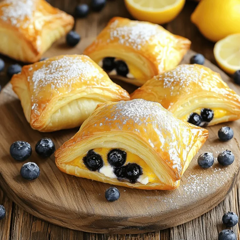 - 1 sheet of puff pastry, thawed - 1 cup wild blueberries (fresh or frozen) - ½ cup cream cheese, softened to room temperature Puff pastry is light and flaky. It gives the danishes a nice, airy texture. You can find it in the freezer aisle. Thaw it overnight in the fridge or let it sit at room temp for a bit. Wild blueberries are the star here. They pack a punch of flavor and are rich in nutrients. Fresh blueberries work great, but frozen ones are fine too. Just add them straight from the bag to your pastry. Cream cheese is smooth and creamy, which helps balance the sweetness. Let it sit out to soften, so it mixes easily with other ingredients. - ¼ cup granulated sugar - 1 teaspoon pure vanilla extract - ½ teaspoon ground cinnamon (optional) Granulated sugar gives the filling a sweet taste. It pairs well with the tartness of blueberries. You can adjust the amount based on your taste. Pure vanilla extract adds a warm flavor. It enhances the sweetness and makes everything more aromatic. Always choose pure over imitation for the best taste. Adding ground cinnamon is optional. It gives a cozy, warm flavor that works well with blueberries. If you love cinnamon, don't hold back! - ¼ cup powdered sugar - 1 tablespoon fresh lemon juice - 1 egg (for egg wash) - 1 tablespoon milk (for egg wash) Powdered sugar makes the glaze sweet and smooth. It’s easy to blend with lemon juice for a tangy finish. Fresh lemon juice brightens the flavor. It cuts through the sweetness and adds a refreshing taste. Use freshly squeezed juice for the best results. The egg wash is key for that golden color. Mix the egg with milk to make it shiny and appealing. Apply it before baking to get that perfect crust. For the full recipe, check out the Wild Blueberry Coffee Cake Danishes. First, preheat your oven to 400°F (200°C). This step is key for a crispy finish. Next, take a baking sheet and line it with parchment paper. This helps prevent sticking. Now, let's roll out the puff pastry. Place the thawed puff pastry on a lightly floured surface. Gently roll it out to remove creases. Use a knife or pizza cutter to cut the pastry into four equal squares, each about 5 inches on each side. Now it’s time to make the filling. In a medium bowl, combine softened cream cheese, granulated sugar, and pure vanilla extract. If you like, add ground cinnamon for extra flavor. Mix until it’s smooth and creamy. This mixture will be the star of your danishes! Place a generous tablespoon of this cream cheese mixture in the center of each pastry square. Spread it slightly, making a cozy bed for the wild blueberries. Now, evenly distribute the wild blueberries over the cream cheese. Each danish should be packed with these juicy gems. Next, we’ll fold and seal the danishes. Carefully fold each corner of the pastry squares towards the center. Pinch the edges to create a sealed pocket. Make sure there are no gaps; we want to keep all that tasty filling inside! Now, let’s prepare the egg wash. In a small bowl, whisk together the egg and milk. Use a pastry brush to apply the egg wash over the tops of the danishes. This will give them a beautiful golden color when baked. Place the danishes in your preheated oven. Bake them for 15-20 minutes. Watch them closely to avoid over-baking. While they bake, prepare the glaze. In a small bowl, mix powdered sugar with fresh lemon juice until smooth. Adjust the mixture for your desired consistency. Once the danishes are golden brown, take them out and let them cool for a few minutes. Drizzle the lemon glaze over the warm pastries for a sweet and tangy finish. Enjoy your delightful Wild Blueberry Coffee Cake Danishes! To handle puff pastry well, keep it cold. If it gets warm, it can become hard to shape. Lightly flour your surface to prevent sticking. Roll it gently to avoid tearing. To avoid gaps in your danishes, pinch the corners tightly. Make sure the filling is centered. Seal the edges well to lock in the tasty mix. If there are gaps, the filling may leak out during baking. For a golden-brown finish, bake at 400°F (200°C). Keep an eye on the danishes as they bake. They should puff up nicely and turn golden after 15-20 minutes. If they are browning too fast, lower the oven temperature slightly. Let them cool for about five minutes after baking. This helps the filling set a bit more. If you glaze them when too hot, the glaze may run off too quickly. To get the right glaze, mix powdered sugar with fresh lemon juice. Start with a tablespoon of lemon juice and add more if needed. Aim for a smooth, pourable consistency. For a twist, try adding vanilla extract or a pinch of cinnamon to your glaze. These flavors add a nice touch. You can also use orange juice for a different taste. For the full recipe, check out the Wild Blueberry Coffee Cake Danishes. Enjoy the process! {{image_4}} You can change the fruit in this recipe. Raspberries and strawberries work great too. Use whatever is in season. They add their own sweet touch. You might also try adding spices. A pinch of nutmeg or a drop of almond extract can boost flavor. Just start with a small amount to see what you like best. If you need a gluten-free option, use gluten-free puff pastry. Many brands offer good choices. Just check the label to ensure it's safe. For a vegan twist, swap out the cream cheese. You can use a plant-based cream cheese. It has a similar taste and texture. This way, everyone can enjoy the danishes. These danishes are great with coffee or tea. Serve them warm for the best taste. You can also add a dollop of whipped cream on top. Fresh fruit like berries or slices of peach pair well too. They bring extra color and flavor to your plate. The mix of flavors is sure to impress your guests. To keep leftover danishes fresh, store them in an airtight container. This will help prevent them from drying out. Place parchment paper between layers if stacking. The danishes will stay fresh in the fridge for about 3 days. After that, the pastry may lose its crispness. If you want to save danishes for later, freezing is a great option. Wrap each danish in plastic wrap and place them in a freezer bag. This keeps them from getting freezer burn. They can last up to 2 months in the freezer. To enjoy them, thaw the danishes in the fridge overnight. Once thawed, reheat them in the oven at 350°F (175°C) for about 10 minutes. This will help restore their nice, flaky texture. Enjoy them warm for the best taste! If you're looking for a full recipe, check the linked [Full Recipe]. How to make Wild Blueberry Coffee Cake Danishes from scratch? To make these danishes, start with puff pastry. Roll it out and cut it into squares. Mix cream cheese, sugar, and vanilla. Place this mix in the center of each square. Add wild blueberries on top. Fold the corners to seal the filling. Brush with egg wash and bake until golden. You can find the full recipe for detailed steps. Can I use other types of fruit for this recipe? Yes, you can use other fruits. Raspberries, strawberries, or blackberries work well. Just make sure to adjust the sugar. Each fruit has a different level of sweetness. How long do danishes stay fresh? Danishes are best when fresh. They stay good for about two days at room temperature. If you store them in the fridge, they can last up to a week. For longer storage, freeze them right after baking. What is the best way to reheat leftover danishes? To reheat danishes, preheat your oven to 350°F (175°C). Place them on a baking sheet. Heat for about 10 minutes. This method keeps them crisp and warm, just like fresh. Can I make these danishes ahead of time? Yes, you can make the filling a day ahead. Just keep it in the fridge. You can also assemble the danishes and freeze them. Bake them fresh when you are ready to serve. What can I serve with Wild Blueberry Coffee Cake Danishes? These danishes pair well with coffee or tea. You can also serve them with whipped cream or fresh fruit. A scoop of vanilla ice cream adds a nice touch too! This blog post explored making Wild Blueberry Coffee Cake Danishes. We discussed key ingredients like puff pastry, blueberries, and cream cheese. Then, we outlined step-by-step instructions for preparation, filling, and baking. Finally, we shared tips for perfecting the dough and glazing for a sweet finish. With these insights, you can try these delicious danishes with ease. Whether for yourself or to share, they are sure to impress. Enjoy baking and tasting your tasty creations!