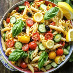- 8 oz pasta (penne or fusilli recommended) - 1 cup cherry tomatoes, halved - 1 cup cucumber, peeled and diced - ½ cup red bell pepper, diced - ½ cup black olives, pitted and sliced - 1 cup fresh basil leaves, roughly chopped - Zest and juice of 1 large lemon - ⅓ cup exceptional extra virgin olive oil - 1 teaspoon garlic powder To create a bright and tasty Lemon Basil Pasta Salad, gather these ingredients. Start with 8 ounces of pasta. Penne or fusilli works best. They hold the dressing well and add great texture. Next, grab a cup of cherry tomatoes, halved for sweetness. A cup of cucumber, peeled and diced, adds crunch. For extra flavor, use a half cup of diced red bell pepper. Black olives give a salty kick, so add another half cup, sliced. Don't forget the fresh basil! A full cup, roughly chopped, makes the dish shine. Now, let’s talk about the dressing. You will need the zest and juice of one large lemon. This adds a bright, zesty flavor. Combine it with a third cup of high-quality extra virgin olive oil. This oil gives richness. Add a teaspoon of garlic powder for depth. Mix these ingredients in your bowl. This combination makes a fresh, vibrant dressing. Once you have everything, you can follow the Full Recipe to bring this salad to life. Start by boiling a large pot of salted water. Add 8 oz of pasta, penne or fusilli works best. Cook the pasta until it is al dente, as this gives it a nice bite. After cooking, drain the pasta and rinse it under cold water. This halts the cooking process and helps keep the pasta firm. Set it aside to cool completely. In a big mixing bowl, combine 1 cup of halved cherry tomatoes, 1 cup of diced cucumber, ½ cup of diced red bell pepper, and ½ cup of sliced black olives. Add 1 cup of roughly chopped fresh basil leaves. Stir gently to mix the veggies evenly. Each vegetable adds its own flavor and texture, making the salad vibrant. In a small bowl, whisk together the zest and juice of 1 large lemon, ⅓ cup of extra virgin olive oil, 1 teaspoon of garlic powder, and a sprinkle of salt and pepper. This zesty dressing binds everything together. The lemon brings brightness, while the olive oil adds richness. Once the pasta has cooled, add it to the bowl of mixed vegetables. Gently fold everything together. Make sure the pasta is well-distributed among the veggies. This step is key, as you want every bite to have a bit of everything. Cover the bowl with plastic wrap and refrigerate the salad for at least 30 minutes. This chilling time allows the flavors to meld beautifully. The longer it sits, the better it tastes. Enjoy the refreshing mix of flavors when you serve it! You can find the full recipe above. To make a great Lemon Basil Pasta Salad, you need fresh ingredients. When picking tomatoes, look for ripe cherry tomatoes. They should be firm and shiny. Smell them; ripe tomatoes have a sweet scent. For basil, choose vibrant green leaves. Avoid any that are brown or wilting. Fresh basil adds a burst of flavor to the salad. For olive oil, opt for high-quality extra virgin olive oil. It should be fruity and smooth. A good oil enhances your dish. Look for oils that are labeled as cold-pressed or first cold-pressed. This indicates better quality and flavor. Cooking pasta al dente is key. This means the pasta should be firm to the bite. Follow the package instructions closely. To check, taste a piece just before the time is up. Once done, drain the pasta and rinse it under cold water. This stops the cooking process and helps the pasta stay firm. Garnishing your salad makes it look appealing. Add freshly grated Parmesan cheese on top for a creamy texture. Serve with lemon wedges on the side. This allows guests to add more zest if they wish. The ideal serving temperature? Enjoy this pasta salad chilled or at room temperature for the best flavor. {{image_4}} You can make this Lemon Basil Pasta Salad even better with tasty add-ins. For protein, I suggest grilled chicken or shrimp. Both options add a nice, filling touch. If you want to keep it lighter, try adding beans, like chickpeas or black beans. They pack a protein punch and add texture. For veggies, think about adding roasted red peppers, artichokes, or even spinach. Each choice brings a new flavor layer. You can mix and match to find your favorite combinations. The key is to balance flavors while keeping it fresh. If you need gluten-free options, choose gluten-free pasta. Many brands now offer good options that taste great. You won’t miss the regular pasta at all! You can also make this salad vegan. For the dressing, skip the cheese and use a vegan option. A simple mix of olive oil, lemon juice, and herbs works well. This way, you can enjoy the salad without dairy. Want to boost the flavor even more? Try adding different herbs. Besides basil, parsley or cilantro can change the taste nicely. Each herb brings a unique twist to the dish. For a little heat, mix in red pepper flakes. They add a spicy kick that can wake up your taste buds. Just be careful not to add too much. You can always adjust to your preference. With these tweaks, your Lemon Basil Pasta Salad can shine in new ways! To store Lemon Basil Pasta Salad, place it in an airtight container. Make sure it is cool before sealing. This helps keep it fresh. You can enjoy leftovers for up to three days. After that, the flavors may fade, and the veggies can get soggy. Yes, you can freeze this salad! However, the pasta may change texture. To freeze, place it in a freezer-safe container. Leave space for expansion. When you want to eat it, thaw it in the fridge overnight. After thawing, you might need to add a little olive oil to restore its original taste. To keep the pasta al dente, do not overcook it when boiling. Rinse it under cold water right after cooking. This helps stop the cooking process. Always add dressing just before serving. This keeps the pasta and veggies crisp and tasty, avoiding sogginess. You can store Lemon Basil Pasta Salad in the fridge for up to three days. Make sure to keep it in an airtight container. After three days, the salad may lose its fresh taste and texture. Yes, you can make this pasta salad a day in advance. It tastes even better after sitting in the fridge overnight. Just remember to dress it right before serving. This keeps the pasta from getting soggy. I recommend using penne or fusilli pasta. These shapes hold the dressing well and mix nicely with the veggies. You can also use farfalle or rotini if you prefer. Just make sure to cook it al dente for the best texture. Yes, you can make this salad gluten-free. Look for gluten-free pasta made from rice or corn. These options work well and still taste great. Just follow the cooking instructions on the package. To make this recipe vegan, skip the Parmesan cheese. For dressing, use a vegan option like nutritional yeast instead. You can also add a splash of lemon juice for extra flavor. This keeps the salad light and fresh without losing taste. For the full recipe, check out the details above! This Lemon Basil Pasta Salad combines bright flavors and fresh ingredients. You start with pasta, tomatoes, cucumbers, and herbs. Then mix a simple lemon dressing that ties everything together. Remember to chill the salad to enhance its taste. You can add proteins or switch veggies for your preference. Follow my tips for storage to keep it fresh. This dish is great for sharing or meal prep. Enjoy a delicious and healthy meal anytime!
