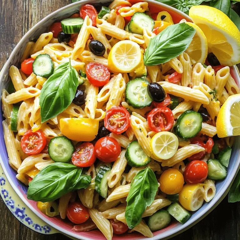 - 8 oz pasta (penne or fusilli recommended) - 1 cup cherry tomatoes, halved - 1 cup cucumber, peeled and diced - ½ cup red bell pepper, diced - ½ cup black olives, pitted and sliced - 1 cup fresh basil leaves, roughly chopped - Zest and juice of 1 large lemon - ⅓ cup exceptional extra virgin olive oil - 1 teaspoon garlic powder To create a bright and tasty Lemon Basil Pasta Salad, gather these ingredients. Start with 8 ounces of pasta. Penne or fusilli works best. They hold the dressing well and add great texture. Next, grab a cup of cherry tomatoes, halved for sweetness. A cup of cucumber, peeled and diced, adds crunch. For extra flavor, use a half cup of diced red bell pepper. Black olives give a salty kick, so add another half cup, sliced. Don't forget the fresh basil! A full cup, roughly chopped, makes the dish shine. Now, let’s talk about the dressing. You will need the zest and juice of one large lemon. This adds a bright, zesty flavor. Combine it with a third cup of high-quality extra virgin olive oil. This oil gives richness. Add a teaspoon of garlic powder for depth. Mix these ingredients in your bowl. This combination makes a fresh, vibrant dressing. Once you have everything, you can follow the Full Recipe to bring this salad to life. Start by boiling a large pot of salted water. Add 8 oz of pasta, penne or fusilli works best. Cook the pasta until it is al dente, as this gives it a nice bite. After cooking, drain the pasta and rinse it under cold water. This halts the cooking process and helps keep the pasta firm. Set it aside to cool completely. In a big mixing bowl, combine 1 cup of halved cherry tomatoes, 1 cup of diced cucumber, ½ cup of diced red bell pepper, and ½ cup of sliced black olives. Add 1 cup of roughly chopped fresh basil leaves. Stir gently to mix the veggies evenly. Each vegetable adds its own flavor and texture, making the salad vibrant. In a small bowl, whisk together the zest and juice of 1 large lemon, ⅓ cup of extra virgin olive oil, 1 teaspoon of garlic powder, and a sprinkle of salt and pepper. This zesty dressing binds everything together. The lemon brings brightness, while the olive oil adds richness. Once the pasta has cooled, add it to the bowl of mixed vegetables. Gently fold everything together. Make sure the pasta is well-distributed among the veggies. This step is key, as you want every bite to have a bit of everything. Cover the bowl with plastic wrap and refrigerate the salad for at least 30 minutes. This chilling time allows the flavors to meld beautifully. The longer it sits, the better it tastes. Enjoy the refreshing mix of flavors when you serve it! You can find the full recipe above. To make a great Lemon Basil Pasta Salad, you need fresh ingredients. When picking tomatoes, look for ripe cherry tomatoes. They should be firm and shiny. Smell them; ripe tomatoes have a sweet scent. For basil, choose vibrant green leaves. Avoid any that are brown or wilting. Fresh basil adds a burst of flavor to the salad. For olive oil, opt for high-quality extra virgin olive oil. It should be fruity and smooth. A good oil enhances your dish. Look for oils that are labeled as cold-pressed or first cold-pressed. This indicates better quality and flavor. Cooking pasta al dente is key. This means the pasta should be firm to the bite. Follow the package instructions closely. To check, taste a piece just before the time is up. Once done, drain the pasta and rinse it under cold water. This stops the cooking process and helps the pasta stay firm. Garnishing your salad makes it look appealing. Add freshly grated Parmesan cheese on top for a creamy texture. Serve with lemon wedges on the side. This allows guests to add more zest if they wish. The ideal serving temperature? Enjoy this pasta salad chilled or at room temperature for the best flavor. {{image_4}} You can make this Lemon Basil Pasta Salad even better with tasty add-ins. For protein, I suggest grilled chicken or shrimp. Both options add a nice, filling touch. If you want to keep it lighter, try adding beans, like chickpeas or black beans. They pack a protein punch and add texture. For veggies, think about adding roasted red peppers, artichokes, or even spinach. Each choice brings a new flavor layer. You can mix and match to find your favorite combinations. The key is to balance flavors while keeping it fresh. If you need gluten-free options, choose gluten-free pasta. Many brands now offer good options that taste great. You won’t miss the regular pasta at all! You can also make this salad vegan. For the dressing, skip the cheese and use a vegan option. A simple mix of olive oil, lemon juice, and herbs works well. This way, you can enjoy the salad without dairy. Want to boost the flavor even more? Try adding different herbs. Besides basil, parsley or cilantro can change the taste nicely. Each herb brings a unique twist to the dish. For a little heat, mix in red pepper flakes. They add a spicy kick that can wake up your taste buds. Just be careful not to add too much. You can always adjust to your preference. With these tweaks, your Lemon Basil Pasta Salad can shine in new ways! To store Lemon Basil Pasta Salad, place it in an airtight container. Make sure it is cool before sealing. This helps keep it fresh. You can enjoy leftovers for up to three days. After that, the flavors may fade, and the veggies can get soggy. Yes, you can freeze this salad! However, the pasta may change texture. To freeze, place it in a freezer-safe container. Leave space for expansion. When you want to eat it, thaw it in the fridge overnight. After thawing, you might need to add a little olive oil to restore its original taste. To keep the pasta al dente, do not overcook it when boiling. Rinse it under cold water right after cooking. This helps stop the cooking process. Always add dressing just before serving. This keeps the pasta and veggies crisp and tasty, avoiding sogginess. You can store Lemon Basil Pasta Salad in the fridge for up to three days. Make sure to keep it in an airtight container. After three days, the salad may lose its fresh taste and texture. Yes, you can make this pasta salad a day in advance. It tastes even better after sitting in the fridge overnight. Just remember to dress it right before serving. This keeps the pasta from getting soggy. I recommend using penne or fusilli pasta. These shapes hold the dressing well and mix nicely with the veggies. You can also use farfalle or rotini if you prefer. Just make sure to cook it al dente for the best texture. Yes, you can make this salad gluten-free. Look for gluten-free pasta made from rice or corn. These options work well and still taste great. Just follow the cooking instructions on the package. To make this recipe vegan, skip the Parmesan cheese. For dressing, use a vegan option like nutritional yeast instead. You can also add a splash of lemon juice for extra flavor. This keeps the salad light and fresh without losing taste. For the full recipe, check out the details above! This Lemon Basil Pasta Salad combines bright flavors and fresh ingredients. You start with pasta, tomatoes, cucumbers, and herbs. Then mix a simple lemon dressing that ties everything together. Remember to chill the salad to enhance its taste. You can add proteins or switch veggies for your preference. Follow my tips for storage to keep it fresh. This dish is great for sharing or meal prep. Enjoy a delicious and healthy meal anytime!