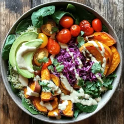 To make a tasty Vegan Buddha Bowl, you need fresh and healthy ingredients. Here’s a list of what you will need: - 1 cup quinoa, rinsed under cold water - 2 cups vegetable broth - 1 cup cooked chickpeas (or 1 can, drained and rinsed) - 1 medium sweet potato, peeled and diced into 1-inch cubes - 1 tablespoon extra-virgin olive oil - 1 teaspoon smoked paprika - 1 teaspoon garlic powder - 1 ripe avocado, sliced - 1 cup baby spinach leaves - ½ cup cherry tomatoes, halved - ¼ cup red cabbage, finely shredded - 2 tablespoons tahini - 2 tablespoons freshly squeezed lemon juice - Salt and freshly ground black pepper to taste - Fresh herbs (such as chopped parsley or cilantro) for garnish These ingredients combine for a colorful and vibrant meal. You can add some extra ingredients to boost flavors and textures. Here are some ideas: - Roasted nuts or seeds for crunch - Sliced radishes for a peppery bite - Pickled vegetables for tanginess - A sprinkle of nutritional yeast for cheesy flavor - Fresh fruits like mango or pineapple for sweetness Feel free to mix and match based on your preferences! Each ingredient in your Vegan Buddha Bowl offers unique benefits: - Quinoa: A complete protein that provides all nine essential amino acids. - Chickpeas: High in fiber and protein, they help keep you full. - Sweet Potato: Packed with vitamins A and C, they are great for your skin. - Avocado: Full of healthy fats, it’s good for your heart. - Spinach: A superfood rich in iron and calcium, great for energy. - Cherry Tomatoes: High in antioxidants, they help reduce inflammation. - Red Cabbage: Loaded with vitamins K and C, it aids in digestion. - Tahini: A good source of calcium and healthy fats, perfect for creamy dressings. - Lemon Juice: Adds vitamin C and brightens flavors. These ingredients not only taste great but also nourish your body! For the full recipe, check out the vibrant Vegan Buddha Bowl 🥗. First, rinse your quinoa under cold water. This step removes any bitter taste. In a medium pot, add the rinsed quinoa and vegetable broth. Bring this mixture to a boil on medium-high heat. Once it boils, lower the heat, cover the pot, and let it simmer for about 15 minutes. The quinoa will absorb all the liquid, becoming fluffy. When done, take it off the heat and let it rest for 5 minutes. Finally, fluff the quinoa with a fork. Now, let's roast the sweet potatoes. Preheat your oven to 400°F (200°C). On a baking sheet, toss the diced sweet potato with olive oil, smoked paprika, garlic powder, salt, and pepper. Spread them out so they cook evenly. Roast for 20-25 minutes until they are tender and caramelized. Toss them halfway through for even cooking. While the sweet potatoes roast, prepare your tahini dressing. In a small bowl, whisk together tahini, freshly squeezed lemon juice, and a pinch of salt. Add a little water to reach your desired consistency. Taste it and adjust the seasoning as needed. This dressing adds a creamy element to your Buddha bowl. To assemble, choose a large bowl or plate as your base. Start with a layer of fluffy quinoa. Next, add the roasted sweet potatoes and cooked chickpeas. Then, layer on the avocado slices, baby spinach, cherry tomatoes, and shredded red cabbage. Make it colorful and inviting. Drizzle the tahini dressing over the top and finish with fresh herbs for extra flavor. You can find the full recipe in the article. Serve your vibrant Vegan Buddha Bowl and enjoy a meal that is both tasty and healthy! To cook quinoa perfectly, follow a few simple steps. First, always rinse the quinoa before cooking. This removes bitter saponins. Use a 2:1 ratio of water to quinoa. For added flavor, use vegetable broth instead of water. Bring the broth to a boil, then lower the heat. Cover the pot and let it simmer for about 15 minutes. After the time is up, let it sit for five minutes. Fluff it with a fork to separate the grains. This will give you fluffy quinoa every time. If you want crispy sweet potatoes, make sure they are dry before cooking. Toss them with oil and spices. Spread them out on the baking sheet to avoid steaming. Roast them at 400°F for 20-25 minutes, flipping halfway. This will help them brown and crisp up nicely. For an extra crunch, you can sprinkle them with cornstarch before roasting. To make your Buddha bowl look amazing, use a wide, shallow bowl. Start with a base of quinoa. Then, layer your veggies in groups rather than mixing them. Place bright colors next to each other for contrast. Add a sliced avocado and cherry tomatoes on top. Finish with a drizzle of tahini dressing and fresh herbs. For an interesting touch, sprinkle seeds on top. This creates a beautiful and tasty dish that everyone will enjoy. Check out the Full Recipe for more ideas. {{image_4}} You can change the base grain in your Vegan Buddha Bowl. Quinoa works great, but you have options. Brown rice adds a chewy texture. Farro brings a nutty flavor. Each grain gives its unique taste and nutrients. You can even use barley or millet. Choose what you like best! Protein is key for a filling bowl. Chickpeas are classic, but try different proteins. Tofu is a great choice. It soaks up flavors well. Black beans add a hearty touch. Lentils are also tasty and quick to cook. Mix and match proteins for variety and nutrition. Using seasonal vegetables keeps your bowl fresh and fun. In spring, add asparagus or snap peas. Summer brings zucchini and bell peppers. Fall is perfect for roasted carrots or Brussels sprouts. Winter calls for root veggies like beets or parsnips. Fresh veggies enhance flavor and keep each bowl exciting. For the full recipe, check out the Vibrant Vegan Buddha Bowl 🥗. To keep your vegan Buddha bowl fresh, start by portioning the leftovers. Use airtight containers. This keeps moisture in and air out. Store each ingredient separately if possible. Quinoa and veggies can get soggy if mixed. Place the tahini dressing in a small container. Always refrigerate leftovers within two hours of cooking. Reheat quinoa and veggies in a pan on low heat. Add a splash of water to keep them moist. Stir often until heated through. You can also use a microwave. Heat in short bursts to avoid overheating. If you stored the tahini dressing, add it fresh after reheating. This keeps its flavor and texture intact. Cooked quinoa lasts about 4-5 days in the fridge. Roasted sweet potatoes stay good for 3-4 days. Chickpeas and fresh veggies should be used within the same time. The tahini dressing can last up to a week. Check for any signs of spoilage before use. Always trust your senses; if it smells bad, toss it out. A vegan Buddha bowl is a colorful dish filled with whole foods. It usually has grains, veggies, and protein. You can mix and match ingredients to suit your taste. I love using quinoa as a base. It’s light and fluffy. Then I add roasted sweet potatoes, chickpeas, and fresh greens. It looks beautiful and tastes amazing. You can find the full recipe at the end. Yes, you can meal prep vegan Buddha bowls easily. Cook your grains and roast your veggies in advance. Store them in separate containers in the fridge. This way, you can build your bowl throughout the week. When you’re ready to eat, just assemble your bowl. It saves time and keeps meals fresh. To make the best tahini dressing, start with tahini, lemon juice, and salt. Mix these together in a small bowl. Add water slowly until the dressing is smooth. Taste it and adjust as needed. You might want more lemon or salt. This dressing is creamy and zesty. It pairs well with the flavors in your bowl. Yes, vegan Buddha bowls are very nutritious. They are packed with vitamins, minerals, and fiber. Whole grains like quinoa provide protein and energy. Fresh veggies add nutrients and antioxidants. Healthy fats from avocado boost heart health. This meal is balanced and filling, making it a great choice for anyone. A vegan Buddha bowl is a quick, colorful meal packed with nutrients. We explored essential ingredients like quinoa and sweet potatoes, enhancing flavors with optional add-ins. You learned how to prepare each element step-by-step, from cooking grains to making tahini dressing. We shared tips for cooking and presentation, plus variations to keep it fresh. Proper storage and meal prep tips ensure you enjoy it longer. With all this, you can create tasty, healthy bowls full of life. Enjoy your cooking!