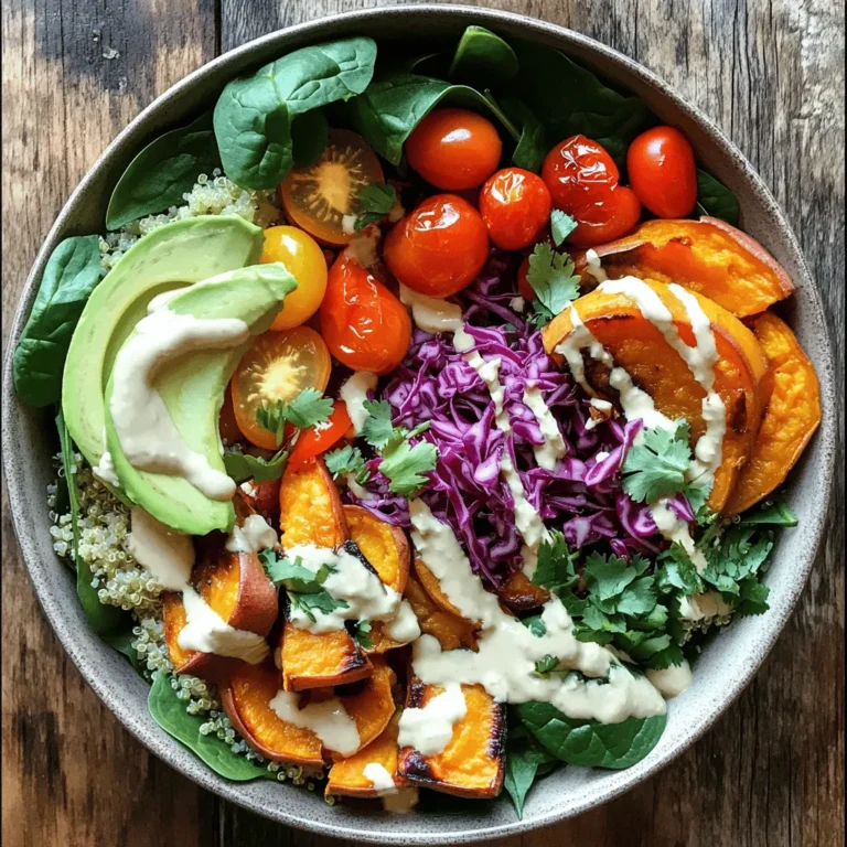 To make a tasty Vegan Buddha Bowl, you need fresh and healthy ingredients. Here’s a list of what you will need: - 1 cup quinoa, rinsed under cold water - 2 cups vegetable broth - 1 cup cooked chickpeas (or 1 can, drained and rinsed) - 1 medium sweet potato, peeled and diced into 1-inch cubes - 1 tablespoon extra-virgin olive oil - 1 teaspoon smoked paprika - 1 teaspoon garlic powder - 1 ripe avocado, sliced - 1 cup baby spinach leaves - ½ cup cherry tomatoes, halved - ¼ cup red cabbage, finely shredded - 2 tablespoons tahini - 2 tablespoons freshly squeezed lemon juice - Salt and freshly ground black pepper to taste - Fresh herbs (such as chopped parsley or cilantro) for garnish These ingredients combine for a colorful and vibrant meal. You can add some extra ingredients to boost flavors and textures. Here are some ideas: - Roasted nuts or seeds for crunch - Sliced radishes for a peppery bite - Pickled vegetables for tanginess - A sprinkle of nutritional yeast for cheesy flavor - Fresh fruits like mango or pineapple for sweetness Feel free to mix and match based on your preferences! Each ingredient in your Vegan Buddha Bowl offers unique benefits: - Quinoa: A complete protein that provides all nine essential amino acids. - Chickpeas: High in fiber and protein, they help keep you full. - Sweet Potato: Packed with vitamins A and C, they are great for your skin. - Avocado: Full of healthy fats, it’s good for your heart. - Spinach: A superfood rich in iron and calcium, great for energy. - Cherry Tomatoes: High in antioxidants, they help reduce inflammation. - Red Cabbage: Loaded with vitamins K and C, it aids in digestion. - Tahini: A good source of calcium and healthy fats, perfect for creamy dressings. - Lemon Juice: Adds vitamin C and brightens flavors. These ingredients not only taste great but also nourish your body! For the full recipe, check out the vibrant Vegan Buddha Bowl 🥗. First, rinse your quinoa under cold water. This step removes any bitter taste. In a medium pot, add the rinsed quinoa and vegetable broth. Bring this mixture to a boil on medium-high heat. Once it boils, lower the heat, cover the pot, and let it simmer for about 15 minutes. The quinoa will absorb all the liquid, becoming fluffy. When done, take it off the heat and let it rest for 5 minutes. Finally, fluff the quinoa with a fork. Now, let's roast the sweet potatoes. Preheat your oven to 400°F (200°C). On a baking sheet, toss the diced sweet potato with olive oil, smoked paprika, garlic powder, salt, and pepper. Spread them out so they cook evenly. Roast for 20-25 minutes until they are tender and caramelized. Toss them halfway through for even cooking. While the sweet potatoes roast, prepare your tahini dressing. In a small bowl, whisk together tahini, freshly squeezed lemon juice, and a pinch of salt. Add a little water to reach your desired consistency. Taste it and adjust the seasoning as needed. This dressing adds a creamy element to your Buddha bowl. To assemble, choose a large bowl or plate as your base. Start with a layer of fluffy quinoa. Next, add the roasted sweet potatoes and cooked chickpeas. Then, layer on the avocado slices, baby spinach, cherry tomatoes, and shredded red cabbage. Make it colorful and inviting. Drizzle the tahini dressing over the top and finish with fresh herbs for extra flavor. You can find the full recipe in the article. Serve your vibrant Vegan Buddha Bowl and enjoy a meal that is both tasty and healthy! To cook quinoa perfectly, follow a few simple steps. First, always rinse the quinoa before cooking. This removes bitter saponins. Use a 2:1 ratio of water to quinoa. For added flavor, use vegetable broth instead of water. Bring the broth to a boil, then lower the heat. Cover the pot and let it simmer for about 15 minutes. After the time is up, let it sit for five minutes. Fluff it with a fork to separate the grains. This will give you fluffy quinoa every time. If you want crispy sweet potatoes, make sure they are dry before cooking. Toss them with oil and spices. Spread them out on the baking sheet to avoid steaming. Roast them at 400°F for 20-25 minutes, flipping halfway. This will help them brown and crisp up nicely. For an extra crunch, you can sprinkle them with cornstarch before roasting. To make your Buddha bowl look amazing, use a wide, shallow bowl. Start with a base of quinoa. Then, layer your veggies in groups rather than mixing them. Place bright colors next to each other for contrast. Add a sliced avocado and cherry tomatoes on top. Finish with a drizzle of tahini dressing and fresh herbs. For an interesting touch, sprinkle seeds on top. This creates a beautiful and tasty dish that everyone will enjoy. Check out the Full Recipe for more ideas. {{image_4}} You can change the base grain in your Vegan Buddha Bowl. Quinoa works great, but you have options. Brown rice adds a chewy texture. Farro brings a nutty flavor. Each grain gives its unique taste and nutrients. You can even use barley or millet. Choose what you like best! Protein is key for a filling bowl. Chickpeas are classic, but try different proteins. Tofu is a great choice. It soaks up flavors well. Black beans add a hearty touch. Lentils are also tasty and quick to cook. Mix and match proteins for variety and nutrition. Using seasonal vegetables keeps your bowl fresh and fun. In spring, add asparagus or snap peas. Summer brings zucchini and bell peppers. Fall is perfect for roasted carrots or Brussels sprouts. Winter calls for root veggies like beets or parsnips. Fresh veggies enhance flavor and keep each bowl exciting. For the full recipe, check out the Vibrant Vegan Buddha Bowl 🥗. To keep your vegan Buddha bowl fresh, start by portioning the leftovers. Use airtight containers. This keeps moisture in and air out. Store each ingredient separately if possible. Quinoa and veggies can get soggy if mixed. Place the tahini dressing in a small container. Always refrigerate leftovers within two hours of cooking. Reheat quinoa and veggies in a pan on low heat. Add a splash of water to keep them moist. Stir often until heated through. You can also use a microwave. Heat in short bursts to avoid overheating. If you stored the tahini dressing, add it fresh after reheating. This keeps its flavor and texture intact. Cooked quinoa lasts about 4-5 days in the fridge. Roasted sweet potatoes stay good for 3-4 days. Chickpeas and fresh veggies should be used within the same time. The tahini dressing can last up to a week. Check for any signs of spoilage before use. Always trust your senses; if it smells bad, toss it out. A vegan Buddha bowl is a colorful dish filled with whole foods. It usually has grains, veggies, and protein. You can mix and match ingredients to suit your taste. I love using quinoa as a base. It’s light and fluffy. Then I add roasted sweet potatoes, chickpeas, and fresh greens. It looks beautiful and tastes amazing. You can find the full recipe at the end. Yes, you can meal prep vegan Buddha bowls easily. Cook your grains and roast your veggies in advance. Store them in separate containers in the fridge. This way, you can build your bowl throughout the week. When you’re ready to eat, just assemble your bowl. It saves time and keeps meals fresh. To make the best tahini dressing, start with tahini, lemon juice, and salt. Mix these together in a small bowl. Add water slowly until the dressing is smooth. Taste it and adjust as needed. You might want more lemon or salt. This dressing is creamy and zesty. It pairs well with the flavors in your bowl. Yes, vegan Buddha bowls are very nutritious. They are packed with vitamins, minerals, and fiber. Whole grains like quinoa provide protein and energy. Fresh veggies add nutrients and antioxidants. Healthy fats from avocado boost heart health. This meal is balanced and filling, making it a great choice for anyone. A vegan Buddha bowl is a quick, colorful meal packed with nutrients. We explored essential ingredients like quinoa and sweet potatoes, enhancing flavors with optional add-ins. You learned how to prepare each element step-by-step, from cooking grains to making tahini dressing. We shared tips for cooking and presentation, plus variations to keep it fresh. Proper storage and meal prep tips ensure you enjoy it longer. With all this, you can create tasty, healthy bowls full of life. Enjoy your cooking!