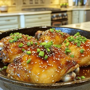 To make honey garlic chicken thighs, you will need: - 4 bone-in, skin-on chicken thighs - 2 tablespoons honey - 4 cloves garlic, minced - 3 tablespoons low-sodium soy sauce - 2 tablespoons olive oil - 1 teaspoon freshly grated ginger - 1 tablespoon apple cider vinegar - Salt and black pepper, to taste - Sesame seeds for garnish - Chopped green onions for garnish These simple ingredients combine to create a flavor-packed dish. The chicken thighs give you juicy meat, while the honey adds sweetness. Garlic and ginger bring great depth, and soy sauce adds umami. If you don’t have something on hand, here are some swaps you can use: - Chicken Thighs: You can use chicken breasts, but adjust the cooking time. - Honey: Maple syrup works well as a sweet alternative. - Soy Sauce: Tamari is a gluten-free option. - Olive Oil: Any neutral oil, such as canola or vegetable oil, works too. - Apple Cider Vinegar: White vinegar or lemon juice can replace it for acidity. Feel free to mix and match based on what you have in your kitchen. This recipe is forgiving and adaptable. This dish serves four and packs a punch in flavor and nutrition. Here’s a rough breakdown per serving: - Calories: About 300 - Protein: 24g - Fat: 20g - Carbohydrates: 10g - Fiber: 0g - Sugar: 8g Honey garlic chicken thighs can be a part of a balanced meal. Pair them with veggies or rice for more nutrition. Enjoy this tasty dish while knowing it fits into a healthy diet. For the full recipe, check the detailed cooking steps. Start by preheating your oven to 400°F (200°C). This step ensures the chicken cooks evenly. In a medium bowl, mix the honey, minced garlic, soy sauce, olive oil, grated ginger, apple cider vinegar, salt, and pepper. Whisk it well until the honey dissolves. Next, dry the chicken thighs using paper towels. This helps the skin get crispy. Season both sides with salt and pepper. Heat a large, oven-safe skillet over medium-high heat. Add a teaspoon of olive oil if needed. Once the skillet is hot, place the chicken thighs skin-side down. Sear them for about 5-7 minutes. Don’t flip them yet; let them get nice and golden. After that, flip the thighs carefully using tongs. Pour the honey garlic sauce over them, making sure they are well coated. Transfer the skillet to the preheated oven. Bake the chicken for 25-30 minutes. You want the internal temperature to reach 165°F (74°C). Once done, take the skillet out and let the chicken rest for 5 minutes. This resting time keeps the chicken juicy. While resting, drizzle some sauce over the thighs for extra flavor. Serve hot, garnished with sesame seeds and chopped green onions. Searing chicken thighs properly gives them a delicious crust. Here are some tips: - Use a heavy skillet for even heat. - Make sure the skillet is hot before adding the chicken. - Don’t overcrowd the pan; leave space for air to circulate. - Avoid moving the chicken while it sears. This allows a nice crust to form. To know if the chicken is cooked, use a meat thermometer. Insert it into the thickest part of the thigh without touching the bone. It should read 165°F (74°C). If you don’t have a thermometer, check that the juices run clear when pierced. Another sign is that the meat should no longer be pink inside. For the best results, let it rest for a few minutes before cutting. This keeps the juices locked in and makes every bite delicious. For the full recipe, check out the complete instructions above. To get crispy chicken skin, start by drying the skin. Use paper towels to pat it dry. This step helps remove moisture. Moisture can make the skin soggy. After drying, season the thighs well with salt and pepper. Salt draws out extra moisture, ensuring crispiness. When cooking, use a hot skillet. Sear the thighs skin-side down for 5-7 minutes. Don’t flip them too soon; let them brown properly. The high heat creates a nice crust. To boost the flavor, use fresh ingredients. Fresh garlic and ginger make a big difference. When mixing the sauce, whisk it well. Make sure the honey dissolves completely. This ensures even flavor throughout. You can also marinate the chicken. Let it sit in the sauce for at least 30 minutes. This adds depth to the taste. Lastly, don’t skip the garnishes. Sesame seeds and green onions add crunch and freshness. One common mistake is overcrowding the pan. If you add too many thighs at once, they won’t sear well. Instead, cook in batches if needed. Another mistake is not preheating the oven. Always preheat to 400°F (200°C) before baking. It helps the chicken cook evenly. Additionally, avoid skipping the resting time. Letting the chicken rest helps keep it juicy. Lastly, check the internal temperature. It should reach 165°F (74°C) for safe eating. Following these tips will lead to a delicious honey garlic chicken meal. For the full recipe, check it out [here](#). {{image_4}} You can add vegetables for a complete meal. Try using bell peppers, broccoli, or carrots. These veggies cook well with the chicken. Just chop them into bite-sized pieces. Toss them into the skillet after you sear the chicken thighs. Pour the honey garlic sauce over everything before baking. The veggies soak up the sauce and add flavor. If you love heat, spice things up! Add red pepper flakes or chili paste to the sauce. Start with a small amount, then taste and adjust. This variation gives the dish a nice kick. The sweet honey balances the heat. It’s a fun twist that everyone can enjoy. You don’t have to stick to thighs. Try chicken breasts or wings for variety. Breasts cook faster, so adjust the cooking time. Wings can be extra crispy and are great for sharing. Just ensure any chicken cut you use is cooked to 165°F (74°C). Each cut brings its unique flavor and texture, making your meal fun and tasty. For more details on the recipe, check the Full Recipe. After enjoying your honey garlic chicken thighs, you may have some leftovers. To store them, first, let the chicken cool to room temperature. Place the chicken in an airtight container. Make sure to cover it well. This keeps the chicken fresh and tasty. You can store it in the fridge for up to three days. When you're ready to eat the leftovers, reheating is simple. You can use an oven or a microwave. If you use the oven, preheat it to 350°F (175°C). Place the chicken on a baking sheet and heat for about 15 to 20 minutes. This keeps the chicken skin crispy. If using a microwave, place the chicken on a microwave-safe plate. Cover it with a damp paper towel. Heat for 1 to 2 minutes, checking to ensure it’s warm throughout. To freeze chicken thighs, start by cooling them completely. Wrap each thigh tightly in plastic wrap and then place them in a freezer bag. Remove as much air as possible to prevent freezer burn. You can freeze the chicken for up to three months. When you’re ready to enjoy them, thaw in the fridge overnight before reheating. This keeps the meat juicy and flavorful. Enjoy your meal without the worry of waste! For the full recipe, check out the details above. Yes, you can use boneless chicken thighs. They cook faster than bone-in thighs. This means you need to watch them closely to avoid overcooking. Boneless thighs are tender and juicy, making them a great choice. You can follow the same cooking steps but cut the baking time by about 10 minutes. Honey garlic chicken thighs pair well with many sides. Here are some tasty options: - Steamed rice - Mashed potatoes - Roasted vegetables - A fresh green salad These sides balance the dish's sweet and savory flavors. They also add texture and color to your plate. To adjust the sauce's sweetness, you have a few options. If you want it sweeter, add more honey. Start with one extra teaspoon, then taste it. If you want less sweetness, add more soy sauce or vinegar. This will create a nice balance. Remember, you can always add but can't take away! For a twist, try adding a dash of chili flakes for heat. For the full recipe of honey garlic chicken thighs, check here [Full Recipe]. In this article, we explored how to make delicious honey garlic chicken thighs. We covered key ingredients, cooking steps, and helpful tips for perfect results. I shared ingredient substitutions and variations to fit your taste. Remember to store leftovers properly and avoid common cooking mistakes. With these insights, you'll create a meal that impresses everyone. Enjoy your cooking journey, and don’t hesitate to get creative with flavors and styles! Your kitchen adventures await.
