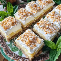 - 1 cup all-purpose flour - 1/2 cup unsweetened shredded coconut - 1/4 cup powdered sugar - 1/2 cup unsalted butter, melted - 1 can (14 oz) sweetened condensed milk - 1/2 cup coconut milk - 2 large eggs - 1 tablespoon pure vanilla extract - 1/2 teaspoon salt - 1/4 cup unsweetened shredded coconut, toasted - 1 cup whipped cream for serving The ingredients for Coconut Cream Pie Bars are simple and easy to find. I love using fresh and high-quality items. They enhance the flavor and texture of the dessert. The crust combines flour, shredded coconut, powdered sugar, and melted butter. This mix creates a buttery base that holds everything together. I like to press it down firmly in the baking dish. For the filling, sweetened condensed milk and coconut milk add rich creaminess. The eggs help bind it all, while vanilla extract gives a sweet aroma. A pinch of salt balances the sweetness. The topping is where the magic happens! Toasted coconut adds a crunchy texture. Whipped cream is the final touch, making each bite feel special. When you prepare this dish, gather all ingredients first. This helps keep the process smooth. For the full recipe, check the detailed instructions to create these delicious bars. - Preheat the oven to 350°F (175°C). - In a bowl, combine the flour, shredded coconut, powdered sugar, and melted butter. - Mix well until the texture feels crumbly. - Press this mixture firmly into the bottom of your baking dish. - Bake for 10-12 minutes until the crust turns golden brown. - In another bowl, whisk together the sweetened condensed milk, coconut milk, eggs, vanilla extract, and salt. - Make sure the mixture is smooth and well combined. - Pour this filling over the hot baked crust. - Return the dish to the oven and bake for an additional 25-30 minutes. - You’ll know it’s done when the filling is set and the edges are golden brown. - Let the bars cool to room temperature. - Refrigerate for at least 2 hours to firm up. - Once chilled, cut into squares. - Serve each bar topped with whipped cream and a sprinkle of toasted coconut. For the full recipe, check out the Full Recipe section. - Ensure even mixing for the crust. This helps it bake well. - Monitor baking time to avoid overcooking. A golden crust is best. - Use a decorative platter for serving. This makes your bars stand out. - Garnish with fresh mint leaves for color. It adds a nice touch. - Not letting bars cool completely before cutting. This leads to messy pieces. - Skipping the chilling step which affects texture. Chilling makes them firm and tasty. For more details, check out the Full Recipe. {{image_4}} When it comes to Coconut Cream Pie Bars, you can be as creative as you want. Here are some fun variations to try. - Add chocolate chips for a richer flavor. This will give your bars a sweet, chocolatey touch that pairs well with the coconut. - Incorporate lime zest for a citrus twist. This adds a bright and zesty flavor that cuts through the sweetness. - Use gluten-free flour for a gluten-free option. This keeps the bars tasty and safe for those with gluten sensitivities. - Substitute sweetened condensed milk with a homemade version. You can make a blend of milk and sugar to create a healthier alternative. - Mix in macadamia nuts for added crunch. These nuts offer a buttery flavor that enhances your bars. - Include pineapple for a tropical twist. Pineapple bits will add sweetness and a juicy texture to each bite. You can find the Full Recipe to try these variations. Enjoy experimenting with your Coconut Cream Pie Bars! Store your coconut cream pie bars in an airtight container. This keeps them fresh. Place the container in the refrigerator for best results. These tasty bars last up to 5 days in the fridge. Enjoy them while they are fresh for the best taste. You can freeze the bars for later. Wrap each portion tightly in plastic wrap. This keeps them safe from freezer burns. They can last up to 3 months in the freezer. When you're ready to enjoy them, thaw in the refrigerator. This ensures they stay creamy and delicious. You can make a homemade version combining milk and sugar, or use coconut cream. Sweetened condensed milk adds creaminess and sweetness. If you forget to buy it, mix one cup of milk with 1/3 cup of sugar. Heat it until the sugar dissolves. Let it cool before using it in your bars. Yes, they can be made a day in advance and stored in the refrigerator. Making them ahead of time can save you stress on the day you serve them. Just cover them well with plastic wrap or foil. This keeps them fresh and tasty. They are delicious on their own or can be complemented with a scoop of vanilla ice cream. Ice cream adds a nice cold contrast. You can also try pairing them with fresh fruit like berries. It adds color and extra flavor to your plate. Allow sufficient time to cool and refrigerate to firm up before cutting. Let them cool at room temperature for a bit first. Then, pop them in the fridge for at least two hours. This helps the filling to become firm and easy to cut. In this post, we covered how to make delicious Coconut Cream Pie Bars. We explored the essential ingredients and detailed the steps for preparing, baking, and serving. I shared tips for presentation, common mistakes, and variations to suit your taste. Remember to store these treats properly for the best flavor. With a bit of care, you can enjoy a sweet dessert everyone will love. Try these bars at your next gathering, and watch them disappear!