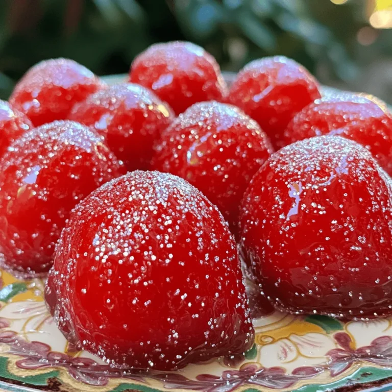 To make delicious candied strawberries, you will need: - 1 pound fresh strawberries, hulled and washed - 1 cup granulated sugar - 1/2 cup water - 1 tablespoon fresh lemon juice - 1/4 teaspoon vanilla extract (optional) - Parchment paper (for cooling) When choosing strawberries, look for bright red ones. They should feel firm. Avoid any berries with bruises or dark spots. Smell the strawberries, too. Fresh ones have a sweet, fruity scent. Buy organic if you can. They taste better and are healthier. You can add fun flavors to your candied strawberries. Try using different extracts like almond or orange. You can also infuse the syrup with herbs like mint or basil for a twist. Just remember, less is more. A little flavor goes a long way! First, wash your strawberries well. You want to remove any dirt or dust. After washing, gently pat them dry using a clean towel. Make sure they are completely dry. Any water will mess up the candy coating. Set the strawberries aside on a plate. In a medium pot, mix sugar, water, and lemon juice. Place the pot on medium heat. Stir until the sugar dissolves completely. Let the mixture boil gently. Watch closely as it simmers. Use a candy thermometer to check the temperature. You need it to reach 300°F, known as the hard crack stage. This will take around 8-10 minutes. If you don’t have a thermometer, drop a bit into cold water. It should form a hard candy. Once it hits the right temperature, take it off the heat. If you want to add vanilla, stir it in now. It adds great flavor! Grab a strawberry by the stem. Dip it into the hot syrup. Make sure to coat it fully. Rotate the strawberry to cover all sides. Lift it out and let the extra syrup drip back into the pot. Next, place the dipped strawberries on parchment paper. Leave space between them to avoid sticking. Repeat this with all the strawberries. Let them cool for about 15-20 minutes. They will harden and become a tasty treat! For the full recipe, you can check the details above. When making candied strawberries, avoid these common errors: - Wet Strawberries: Make sure the strawberries are dry. Water can ruin the candy coating. - Wrong Temperature: Use a candy thermometer. If the syrup isn't hot enough, it won't harden. - Not Spacing Them: Space the strawberries on parchment paper. If they touch, they will stick together. Getting that shiny coating is key! Follow these steps: - Heat the Syrup Properly: Ensure your syrup reaches 300°F. This is crucial for a hard coating. - Quick Dipping: Dip the strawberries quickly. The syrup cools fast, so act swiftly! - Rotate While Dipping: This helps cover every part of the strawberry evenly. Make your candied strawberries shine with these ideas: - Elegant Display: Arrange them on a nice plate for a stunning look. - Chocolate Drizzle: Add melted dark chocolate on top for extra flavor. - Edible Glitter: Sprinkle some edible glitter to make them sparkle. These tips will help you create the best candied strawberries ever. For the full recipe, check out the details above! {{image_4}} You can take candied strawberries to a new level by dipping them in chocolate. After you coat the strawberries in sugar syrup, let them cool for a few minutes. Then, melt some dark or milk chocolate in a bowl. Dip each strawberry into the melted chocolate, letting any excess drip off. Place them back on parchment paper to set. This adds a rich flavor that pairs well with the sweet candy coating. To make your candied strawberries unique, try different flavors in your sugar syrup. You can add a splash of orange juice or a few teaspoons of almond extract. Infusing the syrup with herbs like mint or basil also adds a twist. Just remember to keep the lemon juice as it balances the sweetness. There are many fun toppings to make your candied strawberries more exciting. Try rolling them in crushed nuts or sprinkles for a fun crunch. You could also drizzle them with caramel or white chocolate for an extra sweet touch. Edible glitter makes a beautiful finish too, giving them a magical look. Feel free to get creative with your favorite flavors and textures! To keep your candied strawberries fresh, store them in a cool, dry place. Use an airtight container to prevent moisture from getting in. Lay parchment paper between layers if you stack them. This helps stop the strawberries from sticking together. Avoid the fridge, as it can make them lose their shine. Candied strawberries can last up to three days if stored correctly. After that, they may begin to lose their crispness and flavor. If you see any signs of moisture or stickiness, it's best to eat them right away. Enjoy them within the first day for the best taste and texture. Don't throw away leftover sugar syrup! It can be reused to coat more strawberries or other fruits. Just let it cool and store it in the fridge for up to two weeks. When you want to use it again, gently reheat it until it's liquid. You can even mix it with sparkling water for a sweet drink! No, you should not use frozen strawberries. Frozen fruit has more water, which makes the sugar syrup not stick well. Fresh strawberries are firm and perfect for candying. They hold their shape and taste better. Always choose ripe, fresh strawberries for the best results. To make sugar-free candied strawberries, use a sugar substitute like erythritol or stevia. You need to adjust the syrup recipe. Mix the substitute with water and lemon juice. Heat it until it thickens, then dip the strawberries. Remember, sugar substitutes can taste different, so pick one you enjoy. Strawberries are very healthy! They are low in calories and high in vitamins. They contain vitamin C, which helps your immune system. Strawberries also have antioxidants that fight free radicals. Eating strawberries can improve heart health and support digestion. Enjoying candied strawberries adds fun to your diet without losing their benefits. In this post, we covered how to make delicious candied strawberries. You now know the best ingredients and tips for sourcing fresh strawberries. We went through step-by-step instructions, from preparation to serving. I shared common mistakes to avoid and variations like chocolate-dipped options. Remember to store your candied strawberries properly to keep them fresh. Enjoy your tasty treats, and don’t hesitate to get creative with flavors and toppings. Happy candy making!