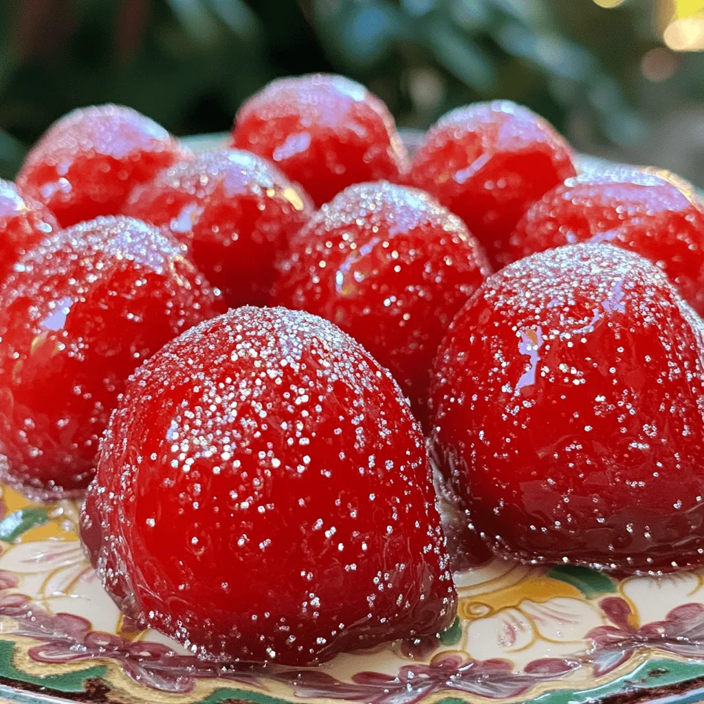 To make delicious candied strawberries, you will need: - 1 pound fresh strawberries, hulled and washed - 1 cup granulated sugar - 1/2 cup water - 1 tablespoon fresh lemon juice - 1/4 teaspoon vanilla extract (optional) - Parchment paper (for cooling) When choosing strawberries, look for bright red ones. They should feel firm. Avoid any berries with bruises or dark spots. Smell the strawberries, too. Fresh ones have a sweet, fruity scent. Buy organic if you can. They taste better and are healthier. You can add fun flavors to your candied strawberries. Try using different extracts like almond or orange. You can also infuse the syrup with herbs like mint or basil for a twist. Just remember, less is more. A little flavor goes a long way! First, wash your strawberries well. You want to remove any dirt or dust. After washing, gently pat them dry using a clean towel. Make sure they are completely dry. Any water will mess up the candy coating. Set the strawberries aside on a plate. In a medium pot, mix sugar, water, and lemon juice. Place the pot on medium heat. Stir until the sugar dissolves completely. Let the mixture boil gently. Watch closely as it simmers. Use a candy thermometer to check the temperature. You need it to reach 300°F, known as the hard crack stage. This will take around 8-10 minutes. If you don’t have a thermometer, drop a bit into cold water. It should form a hard candy. Once it hits the right temperature, take it off the heat. If you want to add vanilla, stir it in now. It adds great flavor! Grab a strawberry by the stem. Dip it into the hot syrup. Make sure to coat it fully. Rotate the strawberry to cover all sides. Lift it out and let the extra syrup drip back into the pot. Next, place the dipped strawberries on parchment paper. Leave space between them to avoid sticking. Repeat this with all the strawberries. Let them cool for about 15-20 minutes. They will harden and become a tasty treat! For the full recipe, you can check the details above. When making candied strawberries, avoid these common errors: - Wet Strawberries: Make sure the strawberries are dry. Water can ruin the candy coating. - Wrong Temperature: Use a candy thermometer. If the syrup isn't hot enough, it won't harden. - Not Spacing Them: Space the strawberries on parchment paper. If they touch, they will stick together. Getting that shiny coating is key! Follow these steps: - Heat the Syrup Properly: Ensure your syrup reaches 300°F. This is crucial for a hard coating. - Quick Dipping: Dip the strawberries quickly. The syrup cools fast, so act swiftly! - Rotate While Dipping: This helps cover every part of the strawberry evenly. Make your candied strawberries shine with these ideas: - Elegant Display: Arrange them on a nice plate for a stunning look. - Chocolate Drizzle: Add melted dark chocolate on top for extra flavor. - Edible Glitter: Sprinkle some edible glitter to make them sparkle. These tips will help you create the best candied strawberries ever. For the full recipe, check out the details above! {{image_4}} You can take candied strawberries to a new level by dipping them in chocolate. After you coat the strawberries in sugar syrup, let them cool for a few minutes. Then, melt some dark or milk chocolate in a bowl. Dip each strawberry into the melted chocolate, letting any excess drip off. Place them back on parchment paper to set. This adds a rich flavor that pairs well with the sweet candy coating. To make your candied strawberries unique, try different flavors in your sugar syrup. You can add a splash of orange juice or a few teaspoons of almond extract. Infusing the syrup with herbs like mint or basil also adds a twist. Just remember to keep the lemon juice as it balances the sweetness. There are many fun toppings to make your candied strawberries more exciting. Try rolling them in crushed nuts or sprinkles for a fun crunch. You could also drizzle them with caramel or white chocolate for an extra sweet touch. Edible glitter makes a beautiful finish too, giving them a magical look. Feel free to get creative with your favorite flavors and textures! To keep your candied strawberries fresh, store them in a cool, dry place. Use an airtight container to prevent moisture from getting in. Lay parchment paper between layers if you stack them. This helps stop the strawberries from sticking together. Avoid the fridge, as it can make them lose their shine. Candied strawberries can last up to three days if stored correctly. After that, they may begin to lose their crispness and flavor. If you see any signs of moisture or stickiness, it's best to eat them right away. Enjoy them within the first day for the best taste and texture. Don't throw away leftover sugar syrup! It can be reused to coat more strawberries or other fruits. Just let it cool and store it in the fridge for up to two weeks. When you want to use it again, gently reheat it until it's liquid. You can even mix it with sparkling water for a sweet drink! No, you should not use frozen strawberries. Frozen fruit has more water, which makes the sugar syrup not stick well. Fresh strawberries are firm and perfect for candying. They hold their shape and taste better. Always choose ripe, fresh strawberries for the best results. To make sugar-free candied strawberries, use a sugar substitute like erythritol or stevia. You need to adjust the syrup recipe. Mix the substitute with water and lemon juice. Heat it until it thickens, then dip the strawberries. Remember, sugar substitutes can taste different, so pick one you enjoy. Strawberries are very healthy! They are low in calories and high in vitamins. They contain vitamin C, which helps your immune system. Strawberries also have antioxidants that fight free radicals. Eating strawberries can improve heart health and support digestion. Enjoying candied strawberries adds fun to your diet without losing their benefits. In this post, we covered how to make delicious candied strawberries. You now know the best ingredients and tips for sourcing fresh strawberries. We went through step-by-step instructions, from preparation to serving. I shared common mistakes to avoid and variations like chocolate-dipped options. Remember to store your candied strawberries properly to keep them fresh. Enjoy your tasty treats, and don’t hesitate to get creative with flavors and toppings. Happy candy making!