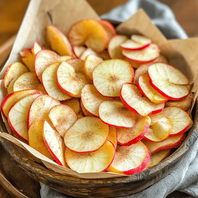 - Apples: I love using Honeycrisp or Fuji apples. They are sweet and crisp. Their texture holds up well during baking. You can also try Granny Smith for a tart twist. - Sweetener: Granulated sugar works best for this snack. You can use alternatives like coconut sugar or maple sugar. Each option gives a unique flavor. - Spices: Cinnamon is key for enhancing flavor. It adds warmth and sweetness. This spice pairs perfectly with apples. - Sea salt: A pinch of sea salt brings out the sweetness. It creates a nice balance. Adjust the amount based on your taste. - Lemon juice: This keeps the apples fresh and prevents browning. It adds a slight tang, which brightens the flavor. Using lemon juice makes the chips even tastier. For the full recipe, check out how to create these delicious chips! To start, preheat your oven to 225°F (110°C). This low heat helps the chips become crisp without burning. Next, prepare two baking sheets. Line them with parchment paper to keep the chips from sticking. For the apples, wash them well and dry them completely. Core the apples and slice them into thin rounds. Aim for about 1/8-inch thick slices. Keeping the skin on adds a nice texture and more nutrients. Now, it’s time to create the cinnamon sugar mix. In a small bowl, combine 2 tablespoons of granulated sugar, 1 teaspoon of ground cinnamon, and a pinch of coarse sea salt. Stir until the mixture is well-blended. Take your apple slices and place them in a large bowl. Drizzle 1 tablespoon of fresh lemon juice over the slices. Toss them gently to coat every slice. This not only adds flavor but also stops the apples from browning. After that, sprinkle the cinnamon sugar mix over the apple slices. Toss again to ensure each slice is coated evenly. Place the apple slices in a single layer on your prepared baking sheets. Make sure they do not overlap; this is crucial for crispiness. Slide the baking sheets into the preheated oven. Bake for about 2 to 3 hours. Halfway through, flip the apple slices. This helps them bake evenly. Keep an eye on them; baking times can differ based on the thickness of your slices and the type of apples you use. When they are done, the chips should be crisp and dry, so watch carefully to avoid burning. After baking, remove the sheets from the oven. Let the chips cool for a few minutes before moving them to a wire rack. Allow them to cool completely for the best crispness. For the full recipe, check the details provided earlier. To get crispy apple chips, you need to slice them thin. I recommend slicing apples to about 1/8-inch thick. Use a sharp knife or a mandoline for even slices. This helps them bake evenly and become crisp. Another tip is to keep the skins on. They add flavor, texture, and nutrients. When baking, keep a close watch to prevent burning. If you notice the edges darkening, reduce the oven temperature slightly. This way, you can enjoy perfectly baked chips. Serving cinnamon sugar apple chips can be fun! Try placing them in a rustic bowl. You can also use small paper bags for a cute touch. Drizzle a little extra cinnamon sugar on top for added sweetness. For a twist, consider pairing them with yogurt or caramel sauce. You might even sprinkle some chopped nuts on top for crunch. These ideas will make your snack more exciting and tasty. If your apple chips are not crispy, check your oven temperature. They may need more time in the oven. Flip them halfway through baking to help with crispness. Different apple varieties bake differently. For instance, Fuji apples may take longer than Granny Smith. Adjust the baking time based on the type of apples you use. This way, you can achieve the perfect crunch in every bite. For the complete recipe, check out the Full Recipe. {{image_4}} You can make your cinnamon sugar apple chips even more exciting. Try adding other spices like nutmeg or ginger for a warm kick. A sprinkle of nutmeg gives a cozy taste, while ginger adds a zing. Both spices work well with sweet apples. You can also use different sweeteners. Instead of granulated sugar, try coconut sugar for a hint of caramel flavor. Honey is another great choice if you want a natural touch. Just remember, different sweeteners may change the texture a bit. Mixing in other fruits can create tasty surprises. Pears are a great option. They have a soft texture and add a sweet flavor. You can slice pears the same way as apples. Another fun idea is to combine apple chips with dried fruits. Adding dried cranberries or apricots gives a nice contrast in taste and texture. This mix keeps your snack interesting and colorful. To enjoy your apple chips even more, think about what to serve with them. They go well with creamy dips like yogurt or a light caramel sauce. These dips add a rich flavor that pairs nicely with the chips. For drinks, consider serving apple cider or a light herbal tea. They complement the sweet, spicy flavors of the apple chips. You can also enjoy them with sparkling water for a refreshing twist. To keep your apple chips fresh, store them in an airtight container. Use a glass jar or a plastic bag. Make sure the container seals well to block out air. This helps keep the chips crispy and tasty. Avoid placing them in a humid area, as moisture can ruin them. Homemade apple chips can last up to two weeks when stored properly. If you see them getting soft, you can revive them. Just pop them back in the oven for 5 to 10 minutes at a low temperature. This will help them regain their crunch. Always check for any signs of spoilage before eating. Keeping them in a cool, dry place lengthens their shelf life. How do I make my apple chips crunchier? To make your apple chips crunchier, slice them thinner. Aim for 1/8-inch thickness or less. Bake them longer at a low temperature. Keep checking them to avoid burning. Can I use a dehydrator instead of an oven? Yes, a dehydrator works well for making apple chips. Set it to about 135°F (57°C). It may take longer, around 6-8 hours, but you will get great results. Are apple chips a healthy snack option? Yes, apple chips can be a healthy snack. They have fiber and vitamins. They contain no added chemicals, unlike many store-bought snacks. Enjoy them in moderation for a tasty treat. How do cinnamon sugar apple chips compare to store-bought versions? Cinnamon sugar apple chips made at home are fresher. You control the ingredients. Store-bought options often have added sugars and preservatives. Homemade versions are healthier and more flavorful. What are the best ways to serve cinnamon sugar apple chips? Serve your apple chips in a fun bowl or small bags. They pair well with yogurt or nut butter. For extra flair, sprinkle more cinnamon sugar on top just before serving. Can I modify this recipe for dietary restrictions? Absolutely! Use a sugar substitute for a lower-calorie option. You can also leave out the cinnamon if you prefer a different flavor. The recipe is flexible to suit your needs. Check the [Full Recipe] for more ideas. In this post, we covered how to make tasty cinnamon sugar apple chips. We discussed the best apple types, how to slice them, and the importance of cinnamon. You learned how to prepare, bake, and store your chips for lasting freshness. Remember, perfecting your apple chips takes practice. Enjoy experimenting with flavors and serving ideas. With time, you'll master this fun snack, impressing friends and family alike.