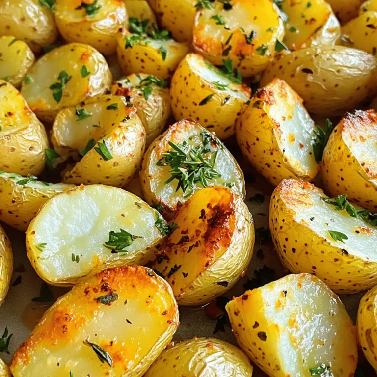 To make garlic herb roasted potatoes, you need these key items: - 2 pounds baby potatoes, halved - 4 cloves garlic, finely minced - 3 tablespoons extra virgin olive oil - 1 tablespoon fresh rosemary, roughly chopped - 1 tablespoon fresh thyme leaves, chopped These ingredients bring out the best flavors. Baby potatoes are perfect because they cook evenly and have a creamy texture. Garlic adds a strong, aromatic punch, while fresh herbs like rosemary and thyme create a lovely aroma. Olive oil ensures the potatoes roast beautifully and get crispy. You can add a few optional ingredients to boost the taste: - 1 teaspoon smoked paprika - Sea salt and freshly ground black pepper, to taste - Fresh parsley, finely chopped (for garnish) Smoked paprika adds depth with its subtle smokiness, while salt and pepper elevate the overall flavor. Fresh parsley not only makes the dish look pretty but also adds a fresh taste. You can mix and match these ingredients to create your perfect version. You can find the full recipe for garlic herb roasted potatoes, complete with cooking times and serving sizes, to help you whip this dish up easily. 1. First, preheat your oven to 425°F (220°C). This heat will make the potatoes nice and crispy. 2. In a big mixing bowl, add 2 pounds of halved baby potatoes and 4 cloves of minced garlic. This mix makes the base full of flavor. 3. Drizzle 3 tablespoons of extra virgin olive oil over the potatoes. Then, add 1 tablespoon of chopped rosemary, 1 tablespoon of thyme leaves, and 1 teaspoon of smoked paprika. 4. Season with sea salt and freshly ground black pepper to taste. This step is key for a burst of flavor. 5. Use your hands or a spoon to toss the mixture well. You want each potato to be coated in oil and herbs. 1. Line a baking sheet with parchment paper for easy cleanup. This also helps the potatoes roast evenly. 2. Spread the seasoned potatoes out in a single layer on the baking sheet. This ensures they cook nicely without steaming. 3. Place the baking sheet in your hot oven and roast for 25-30 minutes. Look for a golden-brown color. 4. Remember to turn the potatoes halfway through cooking. This step helps them crisp up on all sides. 1. Once done, take the baking sheet out and let the potatoes cool for a minute. It helps enhance their flavor. 2. Before serving, sprinkle finely chopped parsley on top. This adds color and fresh taste. 3. Serve the garlic herb roasted potatoes in a rustic bowl or on a wooden board. This makes for a lovely presentation. 4. For extra fun, offer dipping sauces like garlic aioli or a creamy herb dip. They add a tasty twist! For the full recipe, check out the detailed instructions and tips. Choosing the right potato is key. I love using baby potatoes for their creamy texture. They roast well and have a great flavor. You can also use Yukon Gold or red potatoes. Both work nicely and add a bit of color. Seasoning matters too. Start with garlic and fresh herbs like rosemary and thyme. They bring out the best in potatoes. Sprinkle sea salt and black pepper generously. This adds depth and makes each bite pop. To achieve crispiness, you need to follow a few steps. First, coat the potatoes well with olive oil. This helps them brown nicely. Spread them out on the baking sheet. Avoid overcrowding, as this can lead to steaming instead of roasting. Adjusting your oven is also important. Preheat it to 425°F (220°C). This high heat helps the potatoes get that crispy outer layer. Halfway through cooking, turn the potatoes. This will ensure they brown evenly on all sides. You want them golden and crunchy on the outside, soft inside. {{image_4}} You can change the herbs to fit your taste. Try using fresh basil or dill instead of rosemary and thyme. Each herb gives a new flavor to the dish. You can also mix dried herbs if fresh ones are not available. Dried oregano or Italian seasoning works great too. Spices can also change the flavor. Add a pinch of cayenne for heat. If you like smoky flavors, try smoked paprika or chipotle powder. This brings a nice kick to your roasted potatoes. Experiment with spices to find your perfect mix. Adding cheese can make your garlic herb roasted potatoes even better. Grated Parmesan or sharp cheddar adds richness. Sprinkle cheese on top during the last few minutes of roasting. This will help it melt and become golden. You can also use feta for a tangy twist. Want a complete meal? Toss in some veggies! Carrots, bell peppers, or Brussels sprouts roast nicely with the potatoes. Cut them to similar sizes for even cooking. This way, you get a colorful and tasty dish. To keep your garlic herb roasted potatoes fresh, follow these tips: - Refrigeration: Place leftovers in an airtight container. They stay good for 3-5 days. - Freezing: For longer storage, freeze the potatoes. Use a freezer-safe bag. They can last 2-3 months. Make sure to cool them completely before freezing to avoid ice crystals. Reheating your potatoes can be tricky. You want them warm, not soggy. Here’s how: - Oven Method: Preheat your oven to 375°F (190°C). Spread potatoes on a baking sheet. Heat for about 10-15 minutes, turning halfway. This keeps them crispy. - Microwave Method: Place potatoes on a microwave-safe plate. Heat in 30-second bursts. Stir in between to prevent uneven heating. Use this method only if you're in a rush. The oven gives better results. For the complete instructions, check the Full Recipe. Yes, you can use different types of potatoes. Some great options are: - Yukon Gold - Red potatoes - Fingerling potatoes These potatoes have good flavors and textures for roasting. They will still be crispy and tasty. You can store leftovers in the fridge for up to four days. Make sure to put them in an airtight container. This keeps them fresh. If you notice any signs of spoilage, throw them away. Yes, you can prepare garlic herb roasted potatoes ahead of time. Just follow these tips: - Wash and cut the potatoes. - Toss them with the herbs and oil. - Store them in the fridge for up to 24 hours. When you're ready, just roast them as directed in the recipe. For the complete garlic herb roasted potatoes recipe, check the details below: Ingredients: - 2 pounds baby potatoes, halved - 4 cloves garlic, finely minced - 3 tablespoons extra virgin olive oil - 1 tablespoon fresh rosemary, roughly chopped - 1 tablespoon fresh thyme leaves, chopped - 1 teaspoon smoked paprika - Sea salt and freshly ground black pepper, to taste - Fresh parsley, finely chopped (for garnish) Instructions: 1. Preheat your oven to 425°F (220°C). 2. In a bowl, add halved potatoes and minced garlic. 3. Drizzle with olive oil, rosemary, thyme, smoked paprika, sea salt, and black pepper. 4. Toss until potatoes are well coated. 5. Spread in a single layer on a parchment-lined baking sheet. 6. Roast for 25-30 minutes, turning halfway through. 7. Let cool for one minute after roasting. 8. Garnish with parsley before serving. - Prep Time: 10 minutes - Total Time: 40 minutes - Servings: 4 In this post, we explored the key ingredients for garlic herb roasted potatoes. You learned how to prepare, roast, and serve them perfectly. Tips on achieving crispiness and flavor variations added helpful insights. Garlic herb roasted potatoes can be a standout side used in many dishes. I hope you feel inspired to try this simple recipe and make it your own. Enjoy your cooking journey!