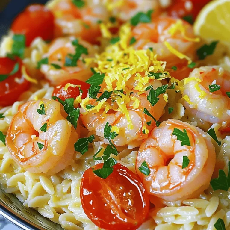 For a delicious Lemon Garlic Shrimp Orzo, gather these main ingredients: - 1 pound large shrimp, peeled and deveined - 1 cup orzo pasta - 3 tablespoons extra virgin olive oil - 4 garlic cloves, finely minced - 1 lemon, zested and juiced - 1 cup cherry tomatoes, halved - 1/2 cup fresh parsley, chopped (plus extra for garnish) - 1/4 teaspoon red pepper flakes (optional, for heat) - Salt and freshly cracked black pepper, to taste - 1/4 cup Parmesan cheese, grated (for serving) These ingredients come together to create a bright and flavorful dish. The shrimp adds protein and a nice texture. The orzo gives a hearty base. Fresh lemon and garlic bring a zesty kick. The seasoning in this dish makes all the difference. Here’s what to use: - Salt and freshly cracked black pepper - Red pepper flakes (if you like it spicy) - Extra parsley for garnish - Parmesan cheese for a savory finish Using freshly cracked pepper and sea salt enhances the flavors. Red pepper flakes add warmth. Garnishing with parsley and cheese makes the dish pop visually. Fresh ingredients elevate this meal. Here are some tips: - Choose shrimp that is firm and has a slight ocean scent. - Use fresh garlic for a fragrant aroma. - Select bright, ripe lemons for zest and juice. - Look for vibrant cherry tomatoes to add color and sweetness. - Fresh parsley should be bright green with no wilting. Using fresh ingredients helps make every bite special. Think about visiting local markets for the best picks. You can find the full recipe [Full Recipe]. First, grab a large pot and fill it with water. Make sure to add a good amount of salt. Bring the water to a rolling boil. Once boiling, add 1 cup of orzo pasta. Cook it for about 8-10 minutes, or until it is al dente. Al dente means it should still have a slight bite to it. After cooking, drain the orzo and set it aside. This step is key for a great texture. Next, take a large non-stick skillet and heat it over medium heat. Pour in 2 tablespoons of extra virgin olive oil. Once the oil is hot, add 4 finely minced garlic cloves. Sauté the garlic for about 1 minute. Watch closely so it doesn’t brown. You want the garlic to smell amazing, not burnt. Now, add 1 pound of peeled and deveined shrimp to the skillet. Season them with salt, black pepper, and red pepper flakes if you enjoy some heat. Cook the shrimp for 2-3 minutes until they turn pink and opaque. Now it’s time to bring everything together. Lower the heat and add the cooked orzo to the skillet. Toss in 1 cup of halved cherry tomatoes, the zest and juice of 1 lemon, and half of the chopped parsley. Gently mix everything together. This allows the tomatoes to soften a bit while keeping their shape. Cook for another 1-2 minutes. Finally, drizzle in the last tablespoon of olive oil and add the rest of the parsley. Toss well to mix all the flavors. For the finishing touch, plate your orzo and shrimp mixture. Garnish with Parmesan cheese and extra parsley before serving. Find the full recipe [Full Recipe]. To get tender shrimp, start with fresh or thawed shrimp. Avoid overcooking them. Cook shrimp only until they turn pink and opaque, about 2-3 minutes. If you cook them too long, they get tough. A simple trick is to remove the shrimp from heat as soon as they change color. This keeps them juicy and flavorful. Herbs add freshness to your dish. I like to use parsley and basil. Add half of the chopped parsley during cooking and save the rest for garnish. This adds color and taste to your meal. You can also try fresh dill or chives for a unique twist. A squeeze of lemon juice right before serving brightens all the flavors. Presentation makes your meal more inviting. Serve the orzo and shrimp in vibrant bowls. A slice of lemon on the side adds color and a pop of flavor. Top each bowl with fresh parsley and a sprinkle of Parmesan cheese. This not only looks great but also enhances the dish's taste. For a fun touch, you can also add a few cherry tomatoes on top for a burst of color. Check out the Full Recipe for more serving ideas! {{image_4}} You can enhance your Lemon Garlic Shrimp Orzo by adding seasonal vegetables. Fresh veggies boost flavor and nutrition. Try adding: - Zucchini, sliced - Bell peppers, diced - Spinach or kale, chopped - Asparagus, cut into bite-sized pieces Sauté the vegetables with garlic to keep them bright and flavorful. This adds color and makes the dish even healthier! If you need a gluten-free meal, swap the orzo with gluten-free pasta. Options like rice or quinoa work well too. They both absorb the lemon and garlic flavors nicely. Be sure to check the package for cooking times, as they may vary. This way, everyone can enjoy this tasty dish! You can easily change the protein in this recipe. Not a shrimp fan? Here are some great alternatives: - Chicken breast, cut into bite-sized pieces - Firm tofu, cubed and sautéed until golden - Scallops, cooked until they become opaque Each protein brings its own twist to the dish. Choose what you love most or what you have on hand. Don't be afraid to experiment! For the full recipe, check out the details above. To store your leftover Lemon Garlic Shrimp Orzo, first let it cool. Place it in an airtight container. This keeps it fresh and prevents odors. You can store it in the fridge for up to three days. If you want to keep it longer, freezing is a great option. When you reheat the orzo, use the stovetop for the best results. Add a splash of water or broth to prevent it from drying out. Heat it over medium-low, stirring gently. You can also microwave it. Cover it with a damp paper towel and heat in short bursts. Check and stir frequently to keep it moist. If you freeze your Lemon Garlic Shrimp Orzo, use a freezer-safe container. It can last up to three months in the freezer. When ready to eat, thaw it overnight in the fridge. Reheat it on the stovetop or microwave as mentioned. Enjoy a taste of summer, even in winter! You can serve this dish with a fresh green salad. A crisp Caesar salad pairs well. You might also enjoy garlic bread on the side. If you like, serve it with grilled veggies for extra flavor. A chilled white wine, like Sauvignon Blanc, complements the meal nicely. Yes, frozen shrimp work great for this dish. Just thaw them first. Place the shrimp in cold water for about 15 minutes. This helps them cook evenly. Make sure to pat them dry before adding to the skillet. This way, you will avoid extra water in the dish. To adjust spiciness, simply change the amount of red pepper flakes. If you want less heat, use less or skip it. For more spice, add a pinch more. You can also add hot sauce at the end. This way, you can control the heat to your taste. This article covered everything you need to make Lemon Garlic Shrimp Orzo. We discussed the key ingredients, how to cook orzo, and sauté shrimp for a tasty meal. I shared tips for perfect shrimp and ideas for fresh herbs, plus ways to vary the dish with veggies or different proteins. Proper storage and reheating help keep your leftovers great. In cooking, keep it fun and simple; let your flavors shine. Enjoy your meal and share it with others!