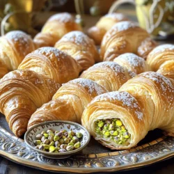 To make pistachio filled croissants, you need a few key ingredients. Here’s what you will use: - 1 package of store-bought puff pastry (2 sheets) - 1 cup shelled pistachios, finely ground - 1/4 cup granulated sugar - 1/4 cup unsalted butter, softened to room temperature - 1 large egg (for egg wash) - 1 teaspoon pure vanilla extract - 1/2 teaspoon almond extract - Pinch of salt - Powdered sugar, for dusting These ingredients combine to create a delicious filling and flaky pastry. While the key ingredients shine on their own, a few extras can elevate the taste: - A splash of orange blossom water for a floral note - A dash of cinnamon for warmth - Chopped dark chocolate for a rich twist These optional ingredients can add depth and make your croissants unique. Choosing the right brands can make a big difference. Here are some I recommend: - Puff Pastry: Dufour is a popular choice for its quality. - Pistachios: Look for Wonderful Pistachios; they are fresh and flavorful. - Butter: Use Kerrygold for its rich taste. - Vanilla Extract: Nielsen-Massey offers high-quality options. Using these brands helps ensure your pistachio filled croissants turn out great. For the full recipe, check out the instructions above. Start by gathering your ingredients. You need shelled pistachios, sugar, butter, vanilla, almond extract, and salt. In a medium bowl, mix the finely ground pistachios with the sugar and butter. Add the vanilla and almond extracts along with a pinch of salt. Use a spatula to blend everything together until you have a smooth paste. This filling will add a rich, nutty flavor to your croissants. Next, roll out the puff pastry. Dust a clean surface with flour and place a sheet of pastry on it. Roll it into a rectangle that is about 1/8 inch thick. With a sharp knife or pizza cutter, cut it into four triangles. At the base of each triangle, spoon about 1 tablespoon of your pistachio filling. Now, start rolling each triangle from the wide end to the tip. Tuck in the sides as you roll to form a crescent shape. This helps them puff nicely when baking. Now, it's time to bake! Preheat your oven to 400°F (200°C) and line a baking sheet with parchment paper. Arrange your shaped croissants on the sheet, leaving space between them. In a small bowl, beat the egg for the egg wash. Brush this mix over the croissants for a golden finish. Bake for 15 to 20 minutes until they puff up and turn golden brown. Let them cool for a few minutes, then dust with powdered sugar. Enjoy your delightful pistachio filled croissants! For a full recipe, check the details above. To get the best puff in your croissants, keep your dough cold. The colder your puff pastry, the better it puffs. When you roll out the dough, work quickly. If it warms up, pop it back in the fridge for a bit. Always preheat your oven fully before baking. This helps the croissants rise quickly. One mistake is using too much filling. If you overfill, the croissants may burst open. Make sure to roll them tightly. A loose roll can lead to flat croissants. Also, don’t skip the egg wash. It gives a lovely golden color. Lastly, remember to space your croissants on the baking sheet. They need room to puff up. If you have extra pistachio filling, store it well. Place it in an airtight container. You can keep it in the fridge for up to a week. Use it as a spread on toast or pancakes. It also works great in pastries or as a topping for ice cream. Enjoy your tasty pistachio filling in many ways! For the full recipe, check out the detailed instructions above. {{image_4}} You can easily swap pistachios for other nuts. Almonds, hazelnuts, and walnuts work great. Just grind them finely like pistachios. Each nut brings a unique flavor. Almonds add a sweet touch. Hazelnuts add a rich, buttery taste. Walnuts offer a nice crunch. Experiment with your favorite nuts to find the best mix. If you love chocolate, try adding it to the filling. Mix in some finely chopped dark chocolate. It melts and makes the filling richer. You can also add fresh fruits. Chopped figs or dried cherries blend well with pistachios. These additions create a sweet and tangy contrast. They make each bite exciting and new. You can make these croissants vegan and gluten-free. For a vegan version, use plant-based butter. Replace the egg wash with almond milk for a golden finish. For gluten-free, look for gluten-free puff pastry. These options keep the taste while meeting dietary needs. You still get that flaky, delicious treat that everyone loves. Check out the Full Recipe for more details on how to make these variations! To keep your pistachio-filled croissants fresh, store them in a cool place. Use an airtight container to lock in moisture and flavor. If you want to keep them for a longer time, consider wrapping them in plastic wrap. Place them in a container to avoid crushing. To enjoy your croissants warm, preheat your oven to 350°F (175°C). Place the croissants on a baking sheet. Heat them for about 5-10 minutes. This restores the flaky texture. You can also use a toaster oven for quick reheating. Avoid the microwave, as it can make them soggy. If you need to store croissants for a long time, freezing is the best option. Wrap each croissant in plastic wrap. Then, place them in a freezer-safe bag. This helps to keep out air and prevents freezer burn. When you're ready to eat, thaw them in the fridge overnight. Reheat as mentioned above for the best taste. For the perfect pistachio-filled croissants, check out the Full Recipe. To make pistachio filled croissants, start with store-bought puff pastry. I like to use two sheets. First, preheat your oven to 400°F (200°C). Then, mix finely ground pistachios, sugar, softened butter, vanilla, almond extract, and a pinch of salt in a bowl. This creates a nice filling. Roll out the pastry into rectangles and cut them into triangles. Place a tablespoon of the pistachio mix at the wide end of each triangle. Roll it up tightly to form a crescent shape. After arranging them on a baking sheet, brush with an egg wash. Bake for 15-20 minutes until golden brown. For the full recipe, check the details above. Yes, you can use other types of pastry dough. While puff pastry gives a light and flaky texture, you can try Danish dough or even homemade croissant dough. Each type will create a distinct taste and feel. Danish dough adds sweetness, while homemade dough can be richer. Ensure that whatever dough you choose, it layers well for that flaky texture. Pistachio croissants pair well with many items. You can enjoy them with coffee or tea for a classic touch. They also go great with honey drizzled on top, enhancing their flavor. Fresh fruits like berries add a nice contrast. If you're feeling adventurous, try serving them with a scoop of vanilla ice cream. This combo makes for a delightful dessert. Pistachio-filled croissants offer a delightful twist on a classic treat. We discussed key ingredients, step-by-step instructions, and useful tips for success. You learned about variations to keep things exciting and how to store them for freshness. Remember, practice makes perfect. Don't be afraid to try new flavors or ideas. Enjoy the baking journey and savor your creations!