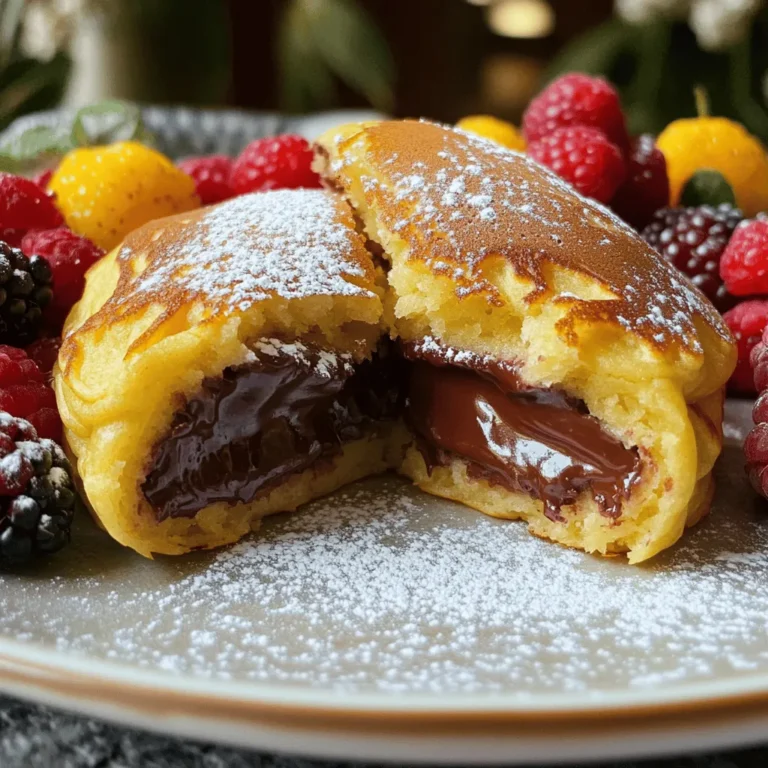 - 1 cup all-purpose flour - 2 tablespoons granulated sugar - 1 teaspoon baking powder - 1/2 teaspoon baking soda - 1/4 teaspoon fine sea salt - 1 cup buttermilk - 1 large egg, at room temperature - 2 tablespoons unsalted butter, melted and slightly cooled - 1/2 cup Nutella (or any hazelnut spread) - Butter or oil for cooking - Optional: Powdered sugar for serving - Optional: Fresh berries (such as strawberries, blueberries, or raspberries) for garnish Making Nutella stuffed pancakes is simple. You only need a few key ingredients. First, gather your essential ingredients. Flour, sugar, baking powder, baking soda, and salt form the base of the batter. These dry ingredients ensure your pancakes rise and are light. Next, you need wet ingredients. Buttermilk adds moisture and flavor. The egg binds everything together, while melted butter adds richness. Using room temperature ingredients helps create fluffier pancakes. Now for the star of the show: Nutella. This hazelnut spread adds a sweet, creamy center. You can also use any hazelnut spread you like. Lastly, consider your garnishes. A sprinkle of powdered sugar adds sweetness. Fresh berries add a pop of color and flavor. This combination makes for a truly delightful breakfast. For the full recipe and steps to make these delicious pancakes, check out the [Full Recipe]. - In a medium bowl, whisk together: - 1 cup all-purpose flour - 2 tablespoons granulated sugar - 1 teaspoon baking powder - 1/2 teaspoon baking soda - 1/4 teaspoon fine sea salt This mix helps your pancakes rise well. - In another bowl, mix the wet ingredients: - 1 cup buttermilk - 1 large egg, at room temperature - 2 tablespoons unsalted butter, melted and slightly cooled Whisk until smooth. Room temperature helps make fluffier pancakes. - Now, pour the wet mix into the dry mix. Stir gently until just combined. A few lumps are fine. - Preheat your skillet or griddle over medium heat. Lightly coat it with butter or oil. Let it heat for a minute. - Pour about 1/4 cup of batter onto the skillet. Use a spoon to create a small well in the center. This is where you’ll add Nutella. - Spoon about 1 tablespoon of Nutella into the well. Carefully cover it with a bit more batter. This hides the Nutella while cooking. - Cook the pancake for 2-3 minutes. Look for bubbles on the surface and dry edges. Flip it over and cook for another 2-3 minutes. - Repeat with the rest of the batter and Nutella. Keep the cooked pancakes warm on a plate covered with aluminum foil. - To keep your pancakes warm, cover them loosely with foil. This helps maintain their heat while cooking the rest. - Just before serving, sift powdered sugar over the top. Add fresh berries like strawberries or blueberries for a pop of color. - For a great presentation, stack the pancakes. Arrange the berries on top, and drizzle with syrup if you like. Check out the full recipe for more tips and tricks! Using room temperature ingredients is key. When your buttermilk and egg are warm, they mix better. This gives you a light and airy pancake. Always avoid overmixing the batter. Stir gently until you see a few lumps. This keeps the pancakes fluffy and soft. The right skillet temperature is crucial. Preheat it to medium heat. It should feel hot but not smoking. Lightly grease the skillet with butter or oil before adding batter. Watch for bubbles forming on the surface. When you see them, it's time to flip. The pancakes should be golden brown on both sides. Get creative with toppings! Pair your pancakes with maple syrup, chocolate sauce, or fresh fruit. You can also stack them high for a fun presentation. A sprinkle of powdered sugar on top adds a sweet touch. Fresh berries like strawberries or blueberries make a great garnish too. For the full recipe, check out Nutella Stuffed Pancakes. {{image_4}} You can switch up the filling for more fun. Try different chocolate spreads like caramel or almond. Each spread gives a unique taste. For a fruity twist, add sliced bananas or berries inside the pancake. Chopped nuts like walnuts or hazelnuts also add a great crunch. Each option makes your pancakes even more special and tasty. Want to make gluten-free pancakes? Just swap the all-purpose flour for a gluten-free blend. Many brands work well and keep the taste great. If you prefer vegan options, use plant-based milk instead of buttermilk and flaxseed for the egg. These changes make the pancakes light but still delicious. You can have fun with the size and shapes of your pancakes. Make mini pancakes for a bite-sized treat. Kids love pancake bites! You can also use cookie cutters to create fun shapes like hearts or stars. This adds a playful touch to breakfast and makes it more exciting! For the complete recipe, check out the [Full Recipe]. To keep your leftover pancakes fresh, you can refrigerate them. Place them in an airtight container. This helps prevent them from drying out. They will stay good for about three days in the fridge. If you want to keep them longer, freezing is the best choice. - Allow pancakes to cool completely. - Stack them with parchment paper between each one. - Wrap the stack tightly in plastic wrap. - Place in a freezer-safe bag and label it. This method keeps pancakes from sticking together. You can enjoy them later without losing flavor or texture. When you are ready to eat your pancakes, reheating is easy. I suggest using the microwave or the oven. The microwave is quick but can make pancakes soggy. The oven keeps them crispy. - For the microwave: Place pancakes on a plate. Heat for about 30 seconds. Check if they need more time. - For the oven: Preheat to 350°F (175°C). Place pancakes on a baking sheet. Heat for about 10 minutes. To keep the texture, cover them loosely with foil while reheating. This helps them stay soft inside. To keep Nutella fresh, store it in a cool, dry place. Make sure the lid is tightly closed. This helps keep air out and prevents it from drying up. - The pantry is a great spot for Nutella. - Avoid heat and direct sunlight, as it can affect the taste. Nutella can last for months when stored correctly. Always check the expiration date for safety. Yes, you can use self-rising flour. Just skip the baking powder and salt. Self-rising flour already has these added. The pancakes will rise well, and they will still taste great. To avoid burning the Nutella, keep the heat medium-low. If the skillet is too hot, the Nutella can burn. Also, cover it with batter right after adding. This helps protect it from direct heat. You can serve them with a dusting of powdered sugar. Fresh berries like strawberries or blueberries add color and flavor. Maple syrup or whipped cream also makes a great topping. Feel free to get creative! Pancakes will last up to three days in the fridge. Make sure to keep them in an airtight container. If you want to keep them longer, you can freeze them. They will stay good for about two months in the freezer. Yes, you can make the batter in advance. Store it in the fridge for up to 24 hours. When you're ready to cook, just give it a good stir. If it thickens, add a little milk to loosen it up. For the full recipe, check the section above. In this article, we explored the simple and delicious world of Nutella-stuffed pancakes. We covered essential ingredients, step-by-step instructions, and helpful tips for perfect pancakes. You learned creative variations and storage methods to keep your pancakes fresh. These pancakes are easy to make and can delight everyone. Enjoy crafting this tasty dish with your loved ones any time. Happy cooking!