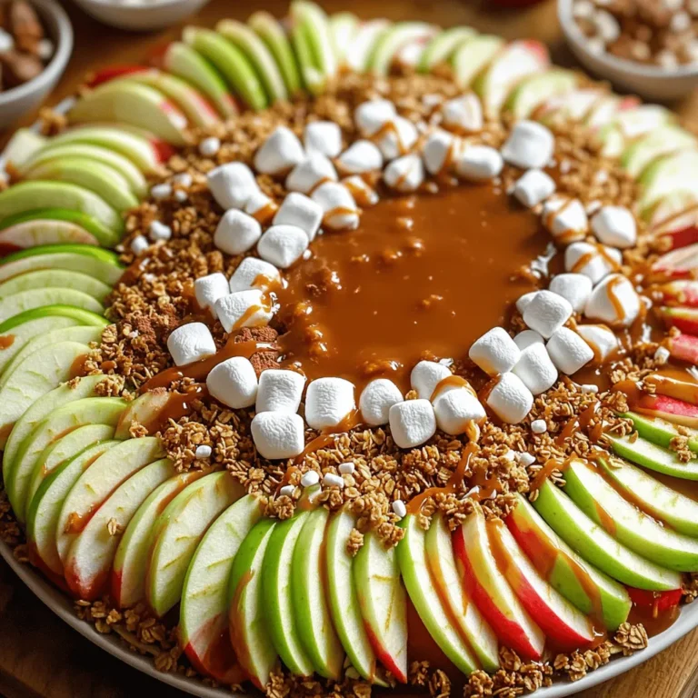 - 4 medium-sized apples (Granny Smith or Honeycrisp) - 1 cup granola - 1 cup mini marshmallows - 1/2 cup caramel sauce - 1/4 cup chocolate chips - 1/4 teaspoon ground cinnamon - Chopped nuts (walnuts or pecans) - Shredded coconut - Colorful sprinkles I love using fresh apples for this recipe. Granny Smith apples give a nice tartness. Honeycrisp apples add a sweet crunch. Choose your favorite! The granola adds texture and flavor. I prefer granola with nuts for that extra crunch. Mini marshmallows are a fun touch. They make each bite light and fluffy. For the caramel sauce, you can use store-bought or make your own. Making your own gives a special touch. Chocolate chips are great for a sweet drizzle. You can use dark, milk, or white chocolate. Ground cinnamon adds warmth to the dish. Feel free to customize with optional toppings. Chopped nuts add a nice crunch. Shredded coconut gives a tropical flair. Colorful sprinkles add a festive look. You can mix and match according to your taste! Check out the Full Recipe for complete details on how to put it all together. - Wash and slice the apples. - Arrange apple slices on a platter. To start, wash four medium-sized apples under cold water. This step helps to get rid of any dirt and wax. After washing, slice the apples into thin wedges. Make sure to remove the seeds and core. It keeps the bites safe and tasty. Once sliced, take a large platter or a baking sheet. Arrange the apple slices in a single layer. Overlapping them a bit makes it look more inviting. - Sprinkle granola over apple slices. - Scatter mini marshmallows on top. Next, grab your cup of granola. Sprinkle it evenly over the apple slices. This adds a nice crunch and flavor. After that, take your mini marshmallows. Scatter them over the top. Their fluffy texture will make your nachos even more fun. - Drizzle caramel sauce over nachos. - Melt and drizzle chocolate chips (optional). - Sprinkle ground cinnamon and additional toppings. Now comes the sweet part! Take your caramel sauce and drizzle it all over the nachos. Let it pool in some areas for a yummy look. If you want to add chocolate, melt your chocolate chips in a microwave. Heat them in 20-second bursts and stir until smooth. Drizzle the melted chocolate over the nachos for a decadent touch. Finally, sprinkle some ground cinnamon on top. You can also add extra toppings like chopped nuts or shredded coconut for fun. Enjoy your Caramel Apple Nachos right away while the apples are still crisp! For the full recipe, refer to the earlier section in this article. When making caramel apple nachos, choose the right apples for the best taste. I love using Granny Smith or Honeycrisp apples. They provide a nice balance of sweet and tart. These apples stay crisp and firm, which is key for great nachos. To keep apples crunchy, slice them just before serving. If you need to prep ahead, soak slices in cold water with a splash of lemon juice. This keeps them fresh and bright. Homemade caramel sauce adds a personal touch. To make a simple caramel, melt 1 cup of sugar in a pan over medium heat. Stir until it melts and turns golden brown. Remove from heat and stir in 6 tablespoons of butter and 1/2 cup of heavy cream. Be careful; the mixture is hot! If you're short on time, store-bought caramel works too. Just warm it slightly before drizzling for a smooth finish. To serve caramel apple nachos at a party, arrange them on a large platter. This makes for a beautiful display. Encourage guests to dig in with forks or toothpicks. Pair with warm cider or a sweet sparkling drink. This combo enhances the fall flavors. If you have leftovers, serve them as a fun dessert the next day. Enjoy the mix of flavors and textures with friends! {{image_4}} You can change the flavor of your caramel apple nachos easily. One fun way is to use different chocolate drizzles. You can pick milk, dark, or white chocolate. Each option adds a unique taste. Try mixing in other fruits too. Pears or bananas can make great additions. They add extra sweetness and a new texture to the nachos. If you're looking for gluten-free options, there are many choices. You can find gluten-free granola at most stores. This keeps the crunch while meeting dietary needs. For those who want a vegan option, look for plant-based caramel sauce. It's easy to find and tastes just as good. You can also change the nachos for the season. In fall, adding pumpkin spice gives a warm flavor. It makes your nachos feel cozy and festive. For summer, try fresh berries like strawberries or blueberries. They add a burst of color and taste, perfect for warm days. Explore these variations to make your caramel apple nachos stand out! Check out the Full Recipe for more ideas. To keep your nachos crunchy, store them in an airtight container. This helps prevent moisture from making the apples soggy. Do not stack the nachos. Instead, layer them in a single layer if possible. If you have to stack, place parchment paper between layers. You should store nachos in the fridge. Room temperature can cause the apples to spoil faster. If left out, the nachos will lose their fresh taste and texture. Should you reheat the nachos? I suggest not reheating them. The apples lose their crunch, and the toppings may become messy. Instead, enjoy them cold for the best taste. If you must reheat, use the oven. Place the nachos on a baking sheet and warm them at 350°F for about 5 minutes. This will help keep some crunch. How long do apple nachos last? If stored well, they last about 2 days in the fridge. After that, the apples may brown and lose flavor. Look for signs of spoilage. If the apples turn brown or become mushy, it’s time to toss them. Also, if the caramel or toppings look off, it’s best to avoid eating them. To make caramel apple nachos, follow these steps: 1. Wash 4 medium apples and slice them thin. 2. Lay the apple slices on a platter. 3. Sprinkle 1 cup of granola over the apples. 4. Add 1 cup of mini marshmallows on top. 5. Drizzle 1/2 cup of caramel sauce all over. 6. Optionally, melt 1/4 cup of chocolate chips and drizzle. 7. Finish with a sprinkle of 1/4 teaspoon ground cinnamon. This recipe is quick and fun. You can enjoy it in just 15 minutes! Absolutely! You can mix and match toppings to suit your taste. Here are some ideas: - Chopped nuts like walnuts or pecans for crunch. - Shredded coconut for a tropical touch. - Colorful sprinkles to make it festive. - Sliced bananas or strawberries for extra fruitiness. - Crushed cookies for a sweet twist. Feel free to get creative and make it your own! Serve your caramel apple nachos on a large platter. This shows off the colors and textures. Here are some tips for a great presentation: - Use a white platter for contrast with the toppings. - Layer the ingredients for a more inviting look. - Serve immediately to keep the apples crisp. - Provide small plates or napkins for easy eating. This makes it fun for gatherings or a cozy night in! You can prep some ingredients ahead for easier assembly. Here’s how: - Wash and slice the apples, then store them in water with lemon juice to prevent browning. - Prepare the granola and toppings in advance and keep them in separate containers. - Wait to drizzle the caramel sauce until serving time for best taste. By doing this, you can enjoy your caramel apple nachos with less fuss! Caramel apple nachos are fun and easy to make. You learned about the key ingredients, like apples and granola, and how to assemble them. I shared tips for the best apple varieties and tasty toppings. You can customize this treat with flavors for any season. Finally, enjoy these nachos fresh. Remember to store leftovers properly so they stay crunchy. With this recipe, you can impress family and friends at gatherings or just enjoy a sweet treat. Happy snacking!
