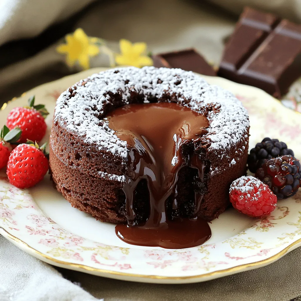 To make a delicious chocolate lava cake, you need just a few key items: - 1/2 cup unsalted butter (plus extra for greasing) - 1 cup semi-sweet chocolate chips - 2 large eggs - 2 large egg yolks - 1/4 cup granulated sugar - 2 tablespoons all-purpose flour - 1/2 teaspoon pure vanilla extract - A pinch of salt These ingredients work together to create a rich and gooey center, making the cake truly special. While the cake is rich on its own, some garnishes can elevate it further: - Powdered sugar for dusting - Fresh berries for a pop of color - A scoop of vanilla ice cream that melts into the warm cake These extras add flavor and make your dessert look stunning, perfect for impressing guests. You can adjust some ingredients if needed: - Use dark chocolate chips for a more intense flavor. - Swap granulated sugar with brown sugar for a richer taste. - For a gluten-free option, use a gluten-free flour blend. - If you want a dairy-free version, try coconut oil in place of butter. These substitutions can help you tailor the recipe to your dietary needs while keeping it delicious. For the full recipe, refer to the details provided above. Start by preheating your oven to 425°F (220°C). Grab four 6-ounce ramekins. Use some unsalted butter to grease the insides well. Then, dust a little flour inside each ramekin. This helps the cakes come out easily after baking. In a microwave-safe bowl, put your butter and chocolate chips together. Heat it in the microwave for 30 seconds. Stir the mix well. If it’s not melted, keep heating it in 15-second bursts. Stir each time until it becomes smooth. Let it cool for a few minutes. This step is key to avoid cooking the eggs later. While the chocolate mixture cools, take another bowl. Whisk the eggs, egg yolks, and sugar together. Keep whisking until the mix gets thick and pale, about 3 minutes. Then, gently fold the cooled chocolate mixture into this egg mix. Be careful not to deflate it. Next, sift the flour, vanilla, and a pinch of salt over the batter. Fold these dry ingredients in gently. You want to mix until just combined. Now, fill each ramekin about three-quarters full with batter. Place them on a baking sheet for easy handling. Bake them for 12-14 minutes. The edges should be firm while the center stays soft. After baking, let the ramekins sit for 1 minute. Use a butter knife to run around the edges. Carefully flip each ramekin onto a plate and tap gently to release the cake. For serving, dust each cake with powdered sugar. Add some fresh berries on the side for color. If you want to be extra indulgent, top it with vanilla ice cream. It will melt into the warm cake, creating a delightful treat. For complete details, refer to the Full Recipe. To get that ooey-gooey center, timing is key. Bake the cakes for just 12-14 minutes. The edges should be firm, but the center needs to be soft. If you bake too long, the center will set. Use a toothpick to test. Insert it into the edge, not the center. If it comes out mostly clean, it's time to take them out. One common mistake is overmixing the batter. This will make the cakes dense. Instead, gently fold the chocolate into the egg mixture. Another mistake is not greasing the ramekins well. If they stick, you won’t get that perfect flip. Lastly, don’t skip resting the cakes after baking. This helps the structure before you invert them. Presentation makes a big difference. Dust each cake with powdered sugar for a snowy effect. Add fresh berries to the side for color and freshness. You can also serve with a scoop of vanilla ice cream. The warm cake and cold ice cream create a delightful contrast. For the full recipe, check out the details above. {{image_4}} Adding flavors to chocolate lava cake can make it even more exciting. You can stir in some raspberry puree for a fruity touch. The tartness of raspberries pairs well with rich chocolate. For a coffee kick, mix in espresso powder. This will enhance the chocolate taste and give your cake a bold flavor. You can also try adding orange zest for a citrusy twist. Each of these flavors brings a new life to the classic recipe. If you want a gluten-free version, it’s simple. Replace all-purpose flour with almond flour or gluten-free flour. Both options work well and keep the cake moist. Just make sure your chocolate chips are gluten-free too. This way, you can enjoy a delicious treat without worries. The texture may differ slightly, but the flavor remains rich and delightful. For a vegan chocolate lava cake, swap eggs with flaxseed meal. Mix one tablespoon of flaxseed meal with three tablespoons of water. Let it sit for five minutes to thicken. You can also use dairy-free chocolate and coconut oil instead of butter. This keeps the cake moist and tasty. Remember that the cooking time might change slightly, so keep an eye on the cakes as they bake. Try these options to enjoy a rich dessert that fits your diet. To explore the full recipe, check out the [Full Recipe]. After enjoying your chocolate lava cake, you may have some left. To store these treats, let them cool completely. Place them in an airtight container. This keeps them fresh for up to two days in the fridge. If you want to enjoy them later, freezing is a great option. To reheat your lava cakes, take them out of the fridge. Place them in the microwave for about 10 to 15 seconds. Check if they are warm enough. You want them hot but not overly cooked. If you froze them, let them thaw overnight in the fridge first. Then, follow the same reheating method. For freezing, wrap each lava cake tightly in plastic wrap. Then, place them in a freezer-safe bag or container. This helps prevent freezer burn. You can freeze them for up to three months. When you’re ready to eat, just thaw and reheat. Enjoy your delicious chocolate lava cake later! For the full recipe, check out the complete instructions to make this delightful dessert. Yes, you can prepare the batter ahead. Mix everything and pour it into greased ramekins. Cover them and store in the fridge for up to a day. When you’re ready, bake them straight from the fridge. This keeps the cakes fresh and ready to bake. If your cake did not ooze, it might have baked too long. Bake it for 12-14 minutes only. The edges should look firm, but the center must stay soft. If the center is set, it won’t ooze. Also, ensure the oven temperature is accurate. You can serve chocolate lava cake with a scoop of vanilla ice cream. Fresh berries add a nice touch, too. A drizzle of chocolate sauce or a sprinkle of powdered sugar makes it look fancy. Pairing it with whipped cream can also enhance the dessert. For the full recipe, check the section above. You now know all about chocolate lava cakes. We covered key ingredients, from must-haves to swaps. You learned step-by-step how to prep, bake, and serve these rich desserts. I shared tips for that perfect molten center and common mistakes to avoid. We also explored fun flavor twists and storage tips. Enjoy making your lava cakes and delight in every bite! Trust me, they are worth it.