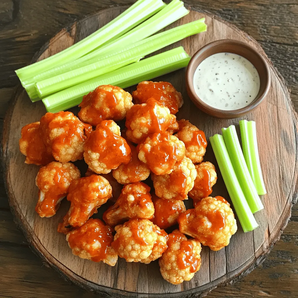 Creating vegan cauliflower buffalo wings is simple and fun. Here’s what you need: - 1 large head of cauliflower, cut into bite-sized florets - 1 cup all-purpose flour (substitute with gluten-free flour if desired) - 1 cup unsweetened plant-based milk (options: almond, oat, or soy) - 1 teaspoon garlic powder - 1 teaspoon onion powder - 1 teaspoon smoked paprika - 1/2 teaspoon sea salt - 1/2 teaspoon freshly ground black pepper - 1 cup your favorite hot sauce (such as Frank's RedHot) - 2 tablespoons vegan butter, melted - Fresh celery sticks for crunch - A side of vegan ranch dressing for dipping For a gluten-free option, use gluten-free flour. Many brands make it easy to swap. Just check the package for the right measure. When serving, I suggest pairing these wings with crunchy celery sticks. They provide a nice contrast. A creamy vegan ranch dressing adds a tasty dip. You can also try other sauces like BBQ or garlic aioli for a twist. For more details, check out the Full Recipe. 1. Preheat Your Oven: Start by preheating your oven to 450°F (230°C). This heat helps create that perfect crunch. Line a large baking sheet with parchment paper. This makes cleanup easy and keeps the wings from sticking. 2. Make the Batter: In a large bowl, mix together 1 cup of all-purpose flour, 1 cup of unsweetened plant-based milk, 1 teaspoon of garlic powder, 1 teaspoon of onion powder, 1 teaspoon of smoked paprika, 1/2 teaspoon of sea salt, and 1/2 teaspoon of black pepper. Whisk until smooth. You want a lump-free batter that coats well. 3. Coat the Cauliflower: Take a cauliflower floret and dip it into the batter. Make sure it's fully covered. Let any extra batter drip off before placing it on the baking sheet. Give each floret space. This helps them cook evenly. 4. Initial Bake: Put the baking sheet in the oven and bake for 25-30 minutes. Halfway through, flip the florets. This helps them turn golden brown and crispy all over. 1. Combine Ingredients: While the cauliflower bakes, grab a medium bowl. Mix 1 cup of your favorite hot sauce and 2 tablespoons of melted vegan butter. Stir until smooth. 2. Adjust Spiciness: Want it spicier? Add more hot sauce. Want it milder? Use less. You can also mix in a little maple syrup for sweetness if you prefer a balanced flavor. 1. Toss and Bake Again: Once the cauliflower is done with its first bake, take it out. Carefully toss the golden florets in the buffalo sauce. Make sure every piece is coated well. 2. Bake for Crispiness: Return the buffalo-coated cauliflower to the oven. Bake for another 10-15 minutes. This final bake gives them an even crispier texture and a nice caramelized finish. 3. Check for Doneness: Look for a deep golden color and a crispy texture. This is when they are at their best. For the full recipe, refer to the details above. Enjoy your delicious Vegan Cauliflower Buffalo Wings! To get those cauliflower wings nice and crunchy, follow these tips: - Use a hot oven: Preheat your oven to 450°F (230°C). This high heat helps create a crispy outer layer. - Don’t overcrowd the pan: Give each floret space on the baking sheet. This allows hot air to circulate and crisp them up. - Flip halfway: Gently turn the florets at the 15-minute mark. This helps them brown evenly. Common mistakes include not drying the cauliflower well before coating. Excess moisture can lead to soggy wings. Also, avoid using too much batter. A light coat works best for crispiness. Adding extra flavor can take your cauliflower wings to the next level. Here are some ideas: - Spices: Consider adding cayenne pepper or chili powder for an extra kick. You can also try Italian herbs like oregano for a twist. - Sauces: Explore different types of hot sauce, such as sriracha or chipotle sauce. Each brings a unique flavor to your dish. Mixing spices into the batter before coating the florets can also enhance flavor. Experiment with what you love! Presentation makes a dish more appealing. Here are some fun ways to serve your wings: - Colorful plates: Use bright plates to showcase the vibrant colors of your wings. A colorful background makes the dish pop. - Garnish creatively: Top the finished dish with chopped green onions or fresh parsley. This adds color and freshness. - Serve with sides: Pair your wings with crunchy celery sticks and a side of vegan ranch dressing. This adds both texture and flavor. For a fun twist, arrange the wings in a circle on the plate, with the dressing in the center for dipping. Enjoy your delicious creation! {{image_4}} You can change up the flavor of your vegan cauliflower buffalo wings with different sauces. Instead of classic buffalo sauce, try BBQ sauce for a sweet twist. It adds a nice smoky flavor that really shines. Garlic parmesan sauce is another option. Just blend vegan butter, garlic, and nutritional yeast for a cheesy taste without dairy. When it comes to dips, vegan ranch and blue cheese dressings are great choices. You can easily make vegan ranch by mixing plant-based yogurt with herbs. For a blue cheese flavor, use cashews blended with lemon juice and spices. These dips add a creamy element that pairs well with the spicy wings. Want to make your wings even more exciting? Consider adding veggies or grains. Toss in some chopped spinach or shredded carrots in the batter for extra nutrition. You could also mix in quinoa or brown rice to make it a heartier meal. This way, you add fiber and texture while still keeping it tasty. For protein, think about adding chickpeas or tempeh. Both options will give your wings a boost in protein. You can coat them in the same batter and bake them alongside the cauliflower for a filling dish that's still light. You can make these wings in several ways. If you have an air fryer, it’s a great method to use. It cooks them quickly and keeps them crispy, plus it uses less oil. Simply follow the same steps as in the oven but adjust the cooking time to about 15 minutes. If you prefer frying, you can do that too. Just heat oil in a pan and fry the cauliflower until golden brown. This method gives you super crispy wings. If you want to grill, it’s easy to adapt the recipe. Just coat the cauliflower and place it on the grill. Keep an eye on it, turning occasionally until it gets tender and charred. Grilling adds a smoky flavor that pairs wonderfully with the sauce. To keep your vegan cauliflower buffalo wings fresh, refrigerate them in an airtight container. This method prevents moisture and keeps them crispy. If you want to store them longer, freezing is a great option. Place the cooled wings in a freezer-safe bag, removing as much air as possible. This will maintain their texture. When you’re ready to enjoy your wings again, reheating them correctly is key. Preheat your oven to 400°F (200°C). Spread the wings on a baking sheet and heat for about 10-15 minutes. This method helps restore their crispy texture. Avoid the microwave as it may make them soggy. In the fridge, your vegan cauliflower wings can last about 3-5 days. If you freeze them, they can stay good for about 2-3 months. Always check for signs of spoilage before eating. If they smell off or look discolored, it’s best to toss them. Keeping track of how long they’ve been stored will help you enjoy them at their best. Yes, you can easily make this recipe gluten-free. Instead of all-purpose flour, use gluten-free flour. Options include almond flour, coconut flour, or a gluten-free all-purpose blend. Each works well to create a crispy coating. Just ensure that the flour you choose fits your taste and texture needs. The spice level of these buffalo wings can vary. The hot sauce you choose will impact the heat. Frank's RedHot is fairly mild, making it a good base. If you want more heat, add more hot sauce or some cayenne pepper. For less spice, mix in some maple syrup or use a milder sauce. These buffalo wings pair well with many sides. Here are some tasty options: - Fresh celery sticks for crunch - Carrot sticks for a sweet bite - A creamy vegan ranch dressing for dipping - Crispy sweet potato fries for a hearty side - A light salad for balance Absolutely! You can make Vegan Cauliflower Buffalo Wings ahead of time. Bake them as directed, then let them cool. Store them in an airtight container in the fridge. To reheat, place them on a baking sheet at 400°F (200°C) for about 10 minutes. This will help them regain their crispiness. To sum up, you now have a complete guide for making Vegan Cauliflower Buffalo Wings. We covered the key ingredients, preparation steps, and baking techniques to achieve that perfect crunch. Remember to experiment with different sauces and flavors for your own twist. Store any leftovers properly to enjoy later. These wings can be a fantastic addition to any meal. Get creative, and enjoy your tasty, plant-based snack!
