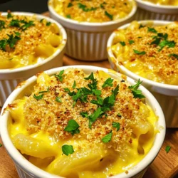 - 8 oz elbow macaroni - 2 cups sharp cheddar cheese, finely shredded - 1 cup Gruyère cheese, finely shredded - 1 cup whole milk - 1 cup heavy cream - 4 tablespoons unsalted butter - 3 tablespoons all-purpose flour - 1 teaspoon Dijon mustard - 1 teaspoon garlic powder - 1/2 teaspoon onion powder - Salt and freshly ground black pepper to taste - 1 tablespoon truffle oil - 1 cup panko breadcrumbs - Fresh parsley, finely chopped for garnish (optional) This list has everything you need to make the best mac and cheese. The elbow macaroni gives a great bite. Sharp cheddar and Gruyère create a rich, creamy cheese sauce. Whole milk and heavy cream add a smooth texture. Butter and flour make the roux that thickens your sauce. Dijon mustard, garlic powder, and onion powder add depth to the flavor. You can adjust the salt and pepper to your taste. The truffle oil adds an elegant touch that elevates your dish. Panko breadcrumbs bring that crispy topping everyone loves. Fresh parsley not only looks nice but also adds a pop of color. For the full recipe, refer to the section above. To start, we need to cook the pasta. First, grab a large pot and fill it with water. Place it on the stove and bring it to a rolling boil. Add a good pinch of salt to the water; this helps flavor the pasta. Once the water is boiling, add the elbow macaroni. Cook the macaroni according to the package instructions until it is al dente. This usually takes about 8 to 10 minutes. After cooking, drain the pasta well and set it aside for later. Next, we’ll make the cheese sauce. In a medium saucepan, melt 4 tablespoons of unsalted butter over medium heat. When the butter is bubbling, whisk in 3 tablespoons of all-purpose flour to create a roux. Keep whisking for about 1 to 2 minutes until the mixture turns light golden. Now, slowly pour in 1 cup of whole milk and 1 cup of heavy cream, whisking as you go. This prevents any clumps from forming. Cook this mixture over medium heat, stirring often, until it thickens. This should take around 3 to 5 minutes. Once it’s thickened, stir in 1 teaspoon of Dijon mustard, 1 teaspoon of garlic powder, and 1/2 teaspoon of onion powder. Add salt and freshly ground black pepper to taste. Remove the saucepan from the heat and start adding the shredded cheeses—2 cups of sharp cheddar and 1 cup of Gruyère. Stir until the cheese melts and the sauce is smooth. Now it’s time to bring it all together. In a large mixing bowl, combine the drained macaroni with the creamy cheese sauce. Mix well so each piece of pasta is covered in the sauce. For an extra touch, stir in 1 tablespoon of truffle oil. Next, preheat your oven to 350°F (175°C). Lightly grease a baking dish with butter or cooking spray. Transfer the macaroni and cheese mixture into the dish, spreading it evenly. For the topping, take 1 cup of panko breadcrumbs and mix it with a drizzle of olive oil. If you like, add an extra splash of truffle oil for flavor. Sprinkle this mixture over the mac and cheese to create a crispy top. Place your baking dish in the oven and bake for 25 to 30 minutes. Look for a golden brown top and bubbly cheese at the edges. When it’s done, let it cool for a few minutes before serving. Enjoy! To make the best cheese sauce, start by preventing clumps while whisking. Warm your milk and cream before adding them to the roux. This step helps the sauce mix smoothly. Whisk continuously as you pour. If you see clumps, keep whisking until they disappear. Next, you want to achieve the right thickness. Cook the sauce over medium heat. Stir often until it thickens. This usually takes about 3-5 minutes. Remember, a thick sauce coats the pasta well. If it gets too thick, add a splash of milk to loosen it. A golden, crispy topping makes mac and cheese special. Use panko breadcrumbs for the best crunch. Mix them with a little olive oil before adding. This helps them crisp up in the oven. Bake until they turn a lovely golden brown. To add more flavor with your breadcrumbs, try mixing in spices or herbs. Garlic powder or Italian seasoning can elevate the taste. You could even add some grated cheese to the breadcrumb mix for extra richness. For an inviting presentation, serve your mac and cheese in individual ramekins. This makes each serving feel special. You can also use a large serving dish and scoop out portions. Garnishing is key to a beautiful dish. Finely chopped fresh parsley adds a pop of color. For a touch of luxury, drizzle a few drops of truffle oil on top just before serving. It enhances the aroma and makes the dish look fancy. For the full recipe, check out the Luxurious Truffle Mac & Cheese. {{image_4}} You can switch up your cheeses to create new flavors. Instead of using just sharp cheddar and Gruyère, try these options: - Monterey Jack: It melts great and adds creaminess. - Fontina: It gives a rich, nutty taste. - Cream Cheese: For a super smooth texture. If you want a vegan option, consider these cheeses: - Nutritional Yeast: It gives a cheesy flavor without dairy. - Cashew Cheese: Blend soaked cashews with spices for a creamy mix. - Store-bought Vegan Cheese: Look for brands that melt well. Mix-ins can make your mac and cheese even better! Here are some ideas: - Vegetables: Spinach, broccoli, or tomatoes add color and nutrients. - Proteins: Consider adding chicken, bacon, or even chickpeas for extra protein. - Spicy Options: Add jalapeños or hot sauce for a kick. - Tangy Flavors: Stir in some pickled jalapeños or a splash of vinegar for zest. You can serve mac and cheese in many ways. Here are some ideas: - As a main dish: Pair it with a simple salad for a complete meal. - As a side dish: Serve it alongside grilled chicken or steak. - For a party: Make mini portions in ramekins for easy serving. When you mix and match these ideas, each meal can feel fresh and exciting. For the full recipe, check out the Luxurious Truffle Mac & Cheese. To store leftover mac and cheese, place it in an airtight container. Make sure to cool it first to avoid moisture build-up. You can refrigerate it for up to three days. If you want to keep it longer, freezing is a great option. When you reheat mac and cheese, you want it creamy and tasty. The best method is to use the oven. Preheat your oven to 350°F (175°C). Place the mac and cheese in a baking dish. Add a splash of milk on top to help it stay moist. Cover it with foil to avoid drying out. Heat for about 20 minutes. Stir halfway through for even warmth. To freeze mac and cheese, first let it cool completely. Transfer it to a freezer-safe container or bag. Remove as much air as possible to prevent freezer burn. It can last in the freezer for up to two months. When ready to eat, thaw it overnight in the fridge. Reheat as mentioned before for the best results. For mac and cheese, I love using sharp cheddar and Gruyère. Sharp cheddar gives a strong flavor. Gruyère adds a nutty taste and melts beautifully. You can also try mozzarella for stretchiness or fontina for creaminess. Mixing different cheeses can give your dish a unique flavor. Yes, you can! To prep in advance, cook the pasta and make the cheese sauce. Mix them together, then store in a baking dish. Cover it tightly and place it in the fridge. When you are ready, bake it straight from the fridge. Just add a few extra minutes to the baking time. If you don't have truffle oil, don't worry! You can use olive oil or garlic-infused oil. Both can give a nice flavor. You could also add a sprinkle of truffle salt for a similar taste. These options keep your dish tasty without the oil. To lighten up mac and cheese, try these tips: - Use whole wheat pasta for more fiber. - Swap heavy cream for low-fat milk or almond milk. - Add vegetables like spinach or broccoli for nutrients. - Use less cheese or a reduced-fat version. These changes can make your meal lighter and still delicious. For the full recipe, check out the luxurious truffle mac & cheese. This guide covers all you need to know about making the perfect mac and cheese. We explored the key ingredients like elbow macaroni, sharp cheddar, and Gruyère. We delved into step-by-step instructions, along with tips for a creamy cheese sauce and a crispy topping. Variations allow you to customize your dish, and proper storage tips ensure you enjoy leftovers later. Remember, the right cheese and toppings make all the difference. Enjoy making this comfort food, and share it with friends and family!