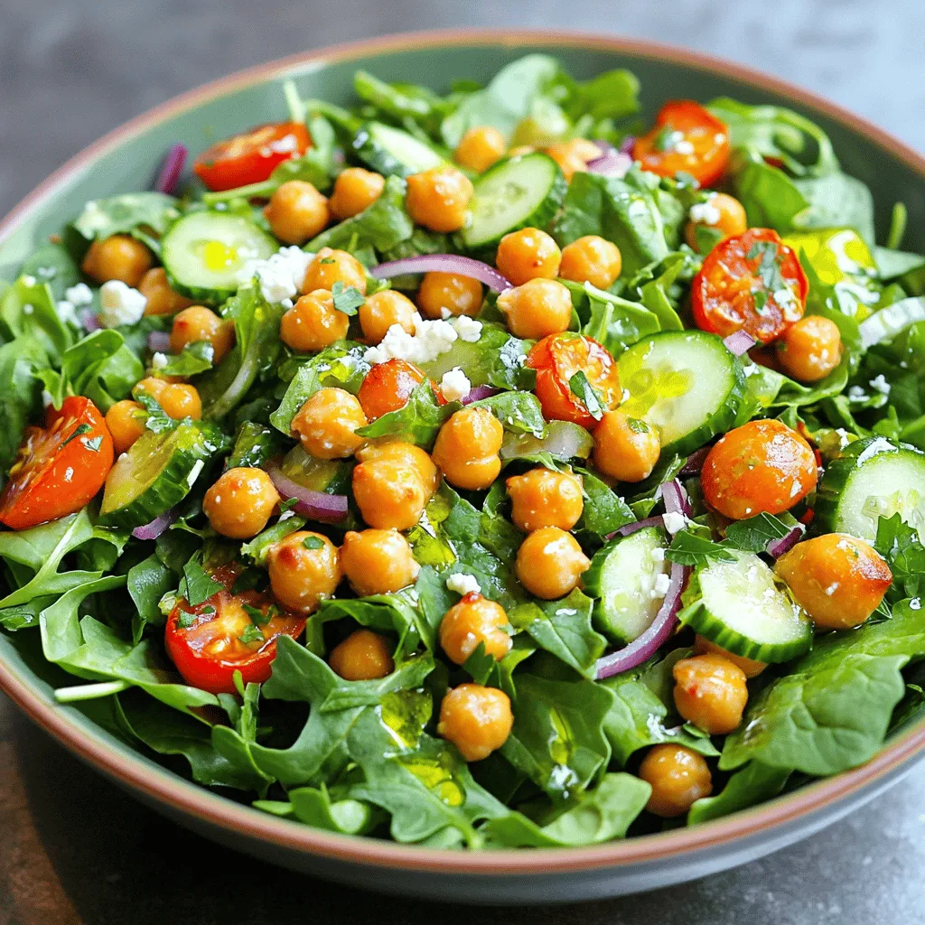 For the crispy chickpeas, you need: - 1 can (15 oz) chickpeas, rinsed and thoroughly drained - 2 tablespoons extra virgin olive oil - 1 teaspoon smoked paprika - 1 teaspoon garlic powder - 1/2 teaspoon ground cumin - Salt and freshly cracked black pepper, to taste Chickpeas are packed with protein and fiber, making them a healthy choice. The oil and spices add great flavor and help them get crispy when roasted. For the salad base, gather: - 4 cups of mixed greens (spinach, arugula, and romaine) - 1 cup cherry tomatoes, halved - 1 medium cucumber, diced into bite-sized pieces - 1/4 red onion, finely sliced - 1/4 cup feta cheese, crumbled (optional) The mixed greens provide freshness. Cherry tomatoes and cucumber add crunch. Red onion gives a nice bite, and feta can add a creamy touch if you like. For the dressing, you will need: - 2 tablespoons freshly squeezed lemon juice - 1 tablespoon balsamic vinegar - Fresh herbs (like parsley or cilantro) for garnish This dressing is simple yet bright. The lemon juice adds tang, while balsamic vinegar brings a nice sweetness. Fresh herbs finish the dish with flavor and color. For the complete recipe, check out the Full Recipe. Start by preheating your oven to 425°F (220°C). This heat will make the chickpeas crispy. Rinse one can of chickpeas and drain them well. In a bowl, mix the chickpeas with two tablespoons of extra virgin olive oil. Add one teaspoon of smoked paprika, one teaspoon of garlic powder, and half a teaspoon of ground cumin. Sprinkle salt and black pepper to taste. Toss the chickpeas until they are well coated in the oil and spices. Line a baking sheet with parchment paper for easy cleanup. Spread the chickpeas in a single layer on the sheet. Make sure they have space between them to roast nicely. Place the baking sheet in the oven and roast for 25 to 30 minutes. Halfway through, shake the pan to ensure even cooking. The chickpeas should turn golden brown and crispy when done. While the chickpeas roast, grab a large mixing bowl. Combine four cups of mixed greens, one cup of halved cherry tomatoes, one diced cucumber, and one finely sliced red onion. In a small bowl, whisk together two tablespoons of freshly squeezed lemon juice and one tablespoon of balsamic vinegar. Drizzle this mixture over the salad ingredients and toss gently. Once the chickpeas are ready, let them cool slightly before adding them to the salad. If you like, sprinkle a quarter cup of crumbled feta cheese on top. Finally, add some freshly chopped herbs for a burst of flavor. For the full recipe, check the details above! To make sure your chickpeas are crispy, start by rinsing and draining them well. Remove as much moisture as you can. Dry them with a clean kitchen towel or paper towel. The drier your chickpeas, the crisper they will be. Use a hot oven, set to 425°F (220°C). This high temperature helps the chickpeas roast quickly and evenly. Spread them out on the baking sheet in a single layer. If they are too close together, they will steam instead of roast. Shake the pan halfway through cooking to help them crisp up all around. You can serve this salad in many ways. For a quick lunch, enjoy it alone. The crispy chickpeas make it filling. Add grilled chicken or shrimp for extra protein. This salad also pairs well with whole grain pita or crusty bread. You can serve it as a side dish at dinner. For a bigger meal, add quinoa or brown rice. This salad is great for sharing, too. Present it in a large bowl, so everyone can dig in. Meal prepping this salad is simple and saves time. Roast a big batch of chickpeas at once. Store them in an airtight container in the fridge. They will stay crispy for about three days. Keep the salad components separate until serving. Mix greens, veggies, and dressing in separate containers. This way, your salad stays fresh and crunchy. When you're ready to eat, just combine everything. You can also add your favorite nuts or seeds for a nice crunch. Check out the Full Recipe for more detailed steps! {{image_4}} You can boost the protein in your crispy chickpea salad. Here are some ideas: - Add grilled chicken for extra flavor and richness. - Toss in sliced hard-boiled eggs for a creamy touch. - Use quinoa for a nutty flavor and added texture. - Mix in roasted tofu for a plant-based protein. These options will make your salad heartier and more filling. You can easily adjust the recipe to suit your taste. This salad is already vegan and gluten-free with a few tweaks. Here’s how to keep it that way: - Swap feta cheese for avocado or a vegan cheese. - Ensure the balsamic vinegar is gluten-free; most brands are. - Use gluten-free grains like quinoa if you’d like to add more texture. These changes keep your salad fresh and nutritious while meeting dietary needs. You can change the ingredients based on the season. Here are some great swaps: - In spring, use fresh peas or asparagus for a pop of color. - In summer, swap cherry tomatoes for diced bell peppers. - In fall, try adding roasted sweet potatoes for warmth and sweetness. - In winter, kale works well instead of mixed greens. These seasonal swaps keep your salad exciting and packed with flavor. For the full recipe, check back to ensure you have everything you need! Store leftover crispy chickpea salad in an airtight container. Keep it in the fridge. It will stay fresh for about three days. The chickpeas might lose some crunch, but the salad will still taste great. To keep your ingredients fresh, follow these tips: - Chickpeas: Use canned or cooked chickpeas for quick meals. Rinse them well to reduce sodium. - Greens: Store mixed greens in a dry container. Keep a paper towel inside to absorb moisture. - Veggies: Keep diced cucumbers and cherry tomatoes in separate containers. This way, they stay crisp. - Dressing: Store the dressing separately. Combine it with the salad just before serving. Reheating crispy chickpeas is easy. Use an oven or an air fryer. Here’s how: - Preheat the oven to 400°F (200°C). - Spread chickpeas on a baking sheet. - Heat for about 10 minutes. Check often to prevent burning. This method helps regain some crunch. Avoid using a microwave as it can make them soggy. Yes, you can use canned chickpeas. Canned chickpeas are convenient and save time. Just rinse them well and drain before using. This helps remove extra salt and can improve the taste. Canned chickpeas also work well in this salad, giving you great flavor and texture. If you want, you can also use dried chickpeas. Just soak and cook them first. This adds an extra step, but it can be rewarding. For this salad, I love using a mix of greens. Spinach, arugula, and romaine are my top picks. Spinach adds a soft texture. Arugula gives a peppery bite. Romaine adds crunch. You could also try kale or mixed salad greens. Each green brings its own taste and texture. Feel free to mix and match based on what you like or have on hand. Freshness is key to making this dish shine. To make this salad more filling, add some protein. You can use grilled chicken or shrimp for a heartier meal. Tofu or chickpeas are great for plant-based options. Adding nuts or seeds, like almonds or sunflower seeds, adds crunch and healthy fats. Quinoa or farro can also bulk up your salad. These additions not only make the salad more filling but also add flavor and nutrition. You can play around with different combinations to find what you love best. For the full recipe, check out the instructions above! In this blog post, we explored how to create a delicious chickpea salad. We discussed each ingredient, from chickpeas to dressing. I shared step-by-step instructions to prep, roast, and assemble your salad. Tips helped ensure crispy chickpeas and suggested great serving ideas. We also covered variations like adding protein and making it vegan or gluten-free. This salad is flexible, tasty, and perfect for meal prep. Enjoy your fresh, healthy dish!