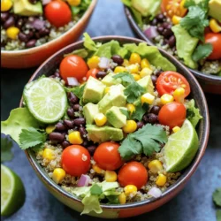- 1 cup quinoa, thoroughly rinsed and drained - 2 cups vegetable broth - 1 can (15 oz) black beans, rinsed and drained - 1 cup corn (fresh or frozen) - 1 red bell pepper, diced into small pieces - 1 small red onion, finely chopped - 1 ripe avocado, diced - 1 cup cherry tomatoes, halved - 1 cup shredded lettuce (any preferred variety) - 1 teaspoon ground cumin - 1 teaspoon smoked paprika - 1 teaspoon chili powder - 2 tablespoons extra virgin olive oil - Salt and black pepper to taste - Fresh cilantro, for garnish - Lime wedges, for serving When I make vegan taco salad bowls, I focus on fresh, vibrant ingredients. Quinoa is my choice for a hearty base. It adds protein and a nutty flavor. Black beans and corn provide a lovely sweetness and texture. For the veggies, I love using a mix of colors. The red bell pepper adds crunch, while the cherry tomatoes bring juiciness. Red onions give a nice bite. Avocado adds creaminess, making the salad rich. Spices like cumin, smoked paprika, and chili powder are key. They awaken the dish with warmth and depth. I use olive oil to bring it all together and to enhance the flavors. Don’t forget salt and pepper; they are essential for balance. For a finishing touch, I sprinkle fresh cilantro on top. Lime wedges on the side allow for a fresh squeeze right before eating. This adds a bright zing to every bite. When you gather all these ingredients, you set the stage for a delicious meal. Check out the Full Recipe to bring these flavors to your table! To cook the quinoa, start by combining it with vegetable broth. This adds a nice flavor to the grain. Use a medium saucepan for this step. - Measure 1 cup of quinoa and rinse it well under cold water. - Add the rinsed quinoa to the saucepan along with 2 cups of vegetable broth. Bring the mixture to a boil over medium-high heat. Once it starts to boil, reduce the heat to low. - Cover the pot and let it simmer for about 15 minutes. - When the liquid is gone, remove it from heat and let it cool. This ensures your quinoa will be fluffy and tender. While the quinoa cooks, you can make the dressing. It’s quick and easy, and it adds a burst of flavor to your salad. - For the dressing, gather these ingredients: - 2 tablespoons extra virgin olive oil - 1 teaspoon ground cumin - 1 teaspoon smoked paprika - 1 teaspoon chili powder - Salt and black pepper to taste In a small bowl, mix all these ingredients. Use a whisk to blend them well. - This helps the oil and spices mix together smoothly. Set the dressing aside until you are ready to assemble your salad bowls. Now it’s time to put everything together. This part is fun and lets you get creative! - Start with the cooked quinoa as your base. Use about 1/2 cup per bowl. - Next, layer the colorful bean and veggie mixture on top. For the bean mixture, combine the following in a large bowl: - 1 can black beans, rinsed and drained - 1 cup corn (fresh or frozen) - 1 red bell pepper, diced - 1 small red onion, chopped - 1 cup cherry tomatoes, halved - Drizzle the dressing over the mixture and toss gently. After that, add a generous portion of diced avocado and shredded lettuce. - Aim for about 1/4 cup of each topping. Finish with a sprinkle of fresh cilantro. Serve with lime wedges on the side for extra zest. To make your bowls look great, use brightly colored dishes. Arrange each layer nicely, showing off all the ingredients. This makes the salad not only tasty but also a feast for the eyes! For the full recipe, check out the link provided. To cook quinoa correctly, rinse it well. This removes bitterness. Use two cups of vegetable broth for every cup of quinoa. Boil first, then lower to a simmer. Cook it for about 15 minutes until fluffy. Let it cool to keep the texture light. When it comes to spices, balance is key. Start with one teaspoon of cumin, smoked paprika, and chili powder. Taste as you mix. Adjust spices to your liking. If you want more heat, add a pinch of cayenne pepper. For milder flavor, reduce chili powder. The goal is to make it your own. Using colorful bowls makes the meal pop. Bright bowls highlight the vibrant ingredients. Arrange each part of the salad in sections. This makes it inviting and fun to eat. Layer the quinoa at the bottom. Then, add the bean and veggie mix on top. Place the avocado and lettuce last. Finish with fresh cilantro for a splash of color. Serve with lime wedges for a zesty kick. Your guests will love the look and taste. For the complete recipe, check out the Full Recipe. {{image_4}} If you're gluten-sensitive, you can still enjoy this salad. Quinoa is a great gluten-free grain. You can also swap black beans with chickpeas or kidney beans. Both are tasty and safe for gluten-free diets. Just make sure all your other ingredients are gluten-free too. Fresh veggies, herbs, and spices are often safe choices. For those avoiding soy, there are many protein options. You can use lentils instead of tofu. They add a nice texture and flavor. Another option is to add more beans. They give you protein and fiber. You can also use nuts or seeds for a crunchy twist. Just sprinkle some on top before serving. To make your salad even more exciting, think about adding fruits and extra veggies. Diced mango or pineapple can add sweetness. You might also try roasted sweet potatoes for warmth. Fresh herbs like parsley or basil can brighten the dish. If you love spice, add jalapeños or chili flakes for a kick. Each twist brings a new taste to your bowl. Check out the Full Recipe for more ideas! After making your vegan taco salad bowls, you may have some leftovers. To keep them fresh, store them in an airtight container. This container should be placed in the fridge. The salad will stay fresh for about three days. When storing, it’s best to keep certain components separate. For instance, store the quinoa and the bean mix apart from the lettuce and avocado. This way, the greens stay crisp. If you want to save your salad for later, freezing is a great option. You can freeze the quinoa and the bean mixture. To do this, place them in freezer bags. Squeeze out as much air as possible before sealing. This helps prevent freezer burn. When you want to eat the frozen salad, take it out the night before. Let it thaw in the fridge. To reheat, simply warm the quinoa and bean mix in a pan. You can serve it cold or warm, but add fresh toppings like avocado and lettuce after reheating for the best taste. Enjoy your meal! Yes, you can prepare this dish ahead of time. Cook the quinoa and store it in the fridge. Make the dressing and mix it with the beans and veggies. Keep them separate until you are ready to eat. This keeps everything fresh and crisp. Assemble the salad bowls just before serving. It takes only a few minutes to put together. If you want a different base, use brown rice or farro. Both options work well in this salad. You can also try bulgur or couscous for a quick cook time. Each grain adds a unique taste and texture. Choose what you like best for your taco salad bowls. To change the spice level, add more chili powder for heat. If you like it milder, reduce the chili powder. You can also add a dollop of vegan sour cream to cool it down. Taste as you go to find your perfect balance. Adjusting spice levels makes the dish fit your taste. This article covered key steps to make a delicious salad bowl. You learned about the best ingredients and how to cook quinoa perfectly. I shared tips for dressing, layering, and presentation to impress anyone. You also found helpful variations for gluten-free and soy-free diets. Remember, cooking should be fun and creative. Feel free to experiment with flavors and textures that you love. Enjoy your salad bowls, and don't hesitate to share your unique twists!