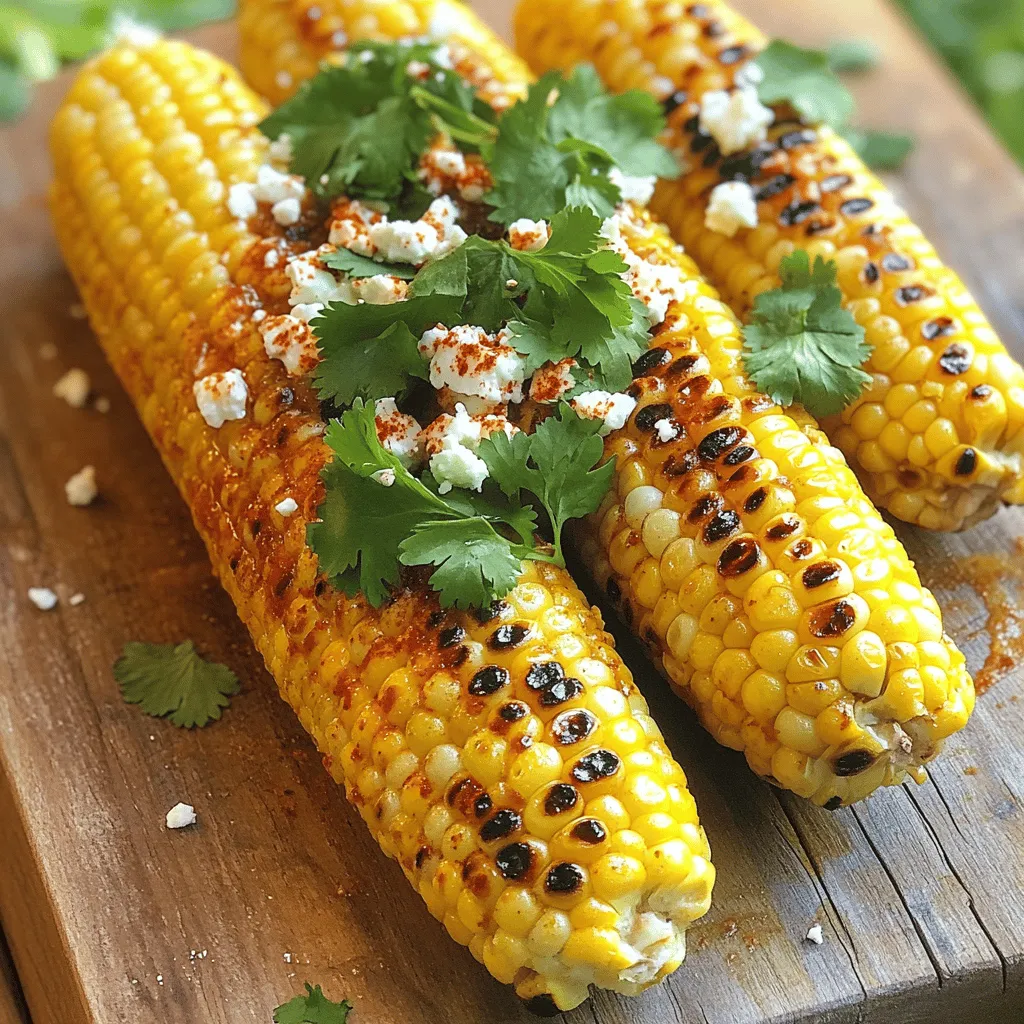 To make Chili Lime Grilled Corn, you need fresh, simple ingredients. Here’s what you’ll need: - Fresh corn: 4 ears, husked - Flavorful mixture: 1/4 cup mayonnaise, 1 tablespoon chili powder - Zesty additions: 2 tablespoons fresh lime juice, 1 teaspoon garlic powder - Spices: 1/2 teaspoon smoked paprika, salt to taste - Optional toppings: 1/4 cup crumbled feta cheese, fresh cilantro leaves These ingredients create a bright and tangy flavor that makes the corn truly special. The fresh corn brings sweetness, while the lime juice adds a zesty kick. The mixture of spices works well to enhance the taste. Plus, the optional toppings give you room to get creative. If you want to try the full recipe, you can find it above. Enjoy the vibrant flavors! - Preheat your grill to medium-high heat. - Husk and rinse the corn, drying with a towel. First, you need to heat your grill. Set it to medium-high heat. This will help cook the corn evenly and give it a nice char. Next, take your fresh corn. Remove the green husk and the silky strands. Rinse each ear under cold water. This step is key to getting rid of dirt and any leftover silk. After rinsing, dry the corn with a clean towel. This helps the mixture stick later. - Combine mayonnaise, chili powder, lime juice, garlic powder, smoked paprika, and salt. In a small bowl, mix your sauce. Start with 1/4 cup of mayonnaise. Add 1 tablespoon of chili powder for heat. Squeeze in 2 tablespoons of fresh lime juice. This adds a bright, zesty flavor. Next, sprinkle in 1 teaspoon of garlic powder and 1/2 teaspoon of smoked paprika. Finally, add a pinch of salt. Whisk everything together until it's smooth. This mixture is where the magic happens. - Brush the corn with the prepared mixture. - Grill for 10-15 minutes, turning occasionally for even cooking. Now it's time to grill! Take your corn and brush it generously with the chili lime mixture. Make sure every kernel gets coated. This adds flavor and helps with that tasty char. Place the corn on the grill. Cook for about 10 to 15 minutes. Turn the corn every few minutes. This helps ensure it cooks evenly. You want it tender and slightly charred. Once done, the corn will have beautiful grill marks and a lovely aroma. You can find the full recipe above for more details! How do you know when the corn is done? Look for bright yellow kernels. The corn should feel tender when you squeeze it. You can also check for nice grill marks. Each ear should have some char for great flavor. To get the best grill marks, turn the corn every few minutes. This helps it cook evenly. Use a pair of tongs to flip the corn, so you don’t burn your hands. When you see deep golden lines, you know you did it right! What are some additional seasoning ideas? You can try cayenne pepper for heat. A little lime zest adds a fresh kick. If you love garlic, use fresh minced garlic instead of powder. This will really boost the flavor. What about cheese toppings? Feta cheese adds a creamy touch. Try crumbled cotija cheese for a Mexican twist. You can also use shredded cheddar for a classic taste. Each cheese gives a different flavor that makes the corn shine. How should you pair grilled corn with other dishes? It goes well with grilled meats like chicken or steak. Serve it next to a fresh salad for a light meal. Corn also pairs nicely with tacos, adding a sweet crunch. What are the best ways to present your grilled corn? Use a wooden board for a rustic look. Lay the corn on a platter with lime wedges. Sprinkle chopped cilantro on top for color. You can drizzle remaining chili lime sauce over the top for more flavor. This makes it not just tasty but beautiful too! [Full Recipe] {{image_4}} You can make this dish your own by changing the spices. Try using smoked chili powder for a deeper flavor. You might also like using cayenne for a spicy kick. If you want a milder taste, go for sweet paprika instead. Feel free to mix and match your favorite spices. You can even add a dash of cumin or oregano for a unique twist. The key is to experiment and find what you love best. This recipe can easily fit into different diets. To make it vegan, swap mayonnaise for a plant-based version. Look for options made with avocado or tofu. You can also skip the cheese if you want it dairy-free. For gluten-free eaters, just make sure the mayo and any other additives are certified gluten-free. This way, everyone can enjoy the zesty goodness of grilled corn! Using fresh herbs can uplift this dish. In summer, try adding chopped basil or parsley. In fall, think about using sage or thyme for a warm flavor. You can also add seasonal toppings like diced tomatoes or avocado. Adjusting your recipe based on what’s fresh makes every bite exciting. Remember, the best flavors often come from what's in season! For the full recipe, check out the details above. To keep your grilled corn fresh, store it in an airtight container. This method prevents drying and keeps the flavor intact. If you have leftover corn, place it in the fridge. It stays good for about three to five days. When reheating, avoid the microwave if you can. The microwave can make the corn tough and less tasty. Instead, heat it on the grill or in a skillet. Use medium heat and turn the corn until it's warm. This way, you keep the grilled flavor. If you want to save corn for later, freezing is a great option. Start by cutting the kernels off the cob. Spread them in a single layer on a baking sheet. Freeze for about an hour. Then, transfer the corn to freezer bags. Remove as much air as possible before sealing. When you're ready to use the frozen corn, thaw it in the fridge overnight. You can also add the frozen corn directly to your dishes without thawing. Just cook them a bit longer. This method helps maintain the sweet taste and crunchy texture. For the full recipe, check the ingredients and steps provided above. Enjoy your delicious chili lime grilled corn! Yes, you can grill corn with the husk on. This method keeps the corn moist and adds a subtle smoky flavor. The husk acts like a natural barrier, protecting the corn from direct heat. However, it may take longer to cook. If you prefer a charred taste, husking the corn gives that crispy texture. Experiment to see which way you like best! To add more heat to this chili lime grilled corn, try these tips: - Use hot chili powder instead of regular chili powder. - Add diced fresh jalapeños to the mixture. - Drizzle with hot sauce before serving. - Sprinkle red pepper flakes over the corn. These changes will give your grilled corn a nice kick that spice lovers will enjoy! If you want a dairy-free version, you can try these alternatives: - Use avocado instead of mayonnaise for creaminess. - Substitute with Greek yogurt for a tangy taste. - Try a vegan mayo for a similar texture without dairy. Each option will keep the flavor while making the dish suitable for different diets. You can store grilled corn in the fridge for about 3 to 5 days. Make sure to wrap it tightly in plastic wrap or place it in an airtight container. If you want to keep it longer, consider freezing it. Just remove the kernels and store them in a freezer bag. This way, you can enjoy the delicious flavors later! For the full recipe, check out the section above! This blog post covered everything you need for tasty grilled corn. We went through the key ingredients, step-by-step grilling instructions, tips, variations, and storage info. You can mix and match spices to make it your own. Remember, grilled corn is fun and easy to make, whether for a party or dinner at home. Enjoy experimenting with flavors and pairings. Let this simple recipe bring joy to your cooking. Now grab some corn and fire up the grill!