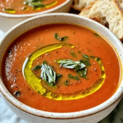 To make the best homemade tomato basil soup, gather these key items: - 2 tablespoons extra virgin olive oil - 1 medium onion, finely chopped - 3 cloves garlic, minced - 4 cups fresh ripe tomatoes, chopped (or 2 cans of whole peeled tomatoes) - 2 cups vegetable broth - 1 teaspoon granulated sugar - 1 teaspoon sea salt - 1/2 teaspoon freshly ground black pepper - 1/2 cup fresh basil leaves, roughly torn or chopped - 1/2 cup heavy whipping cream (optional) - Crusty bread (optional, for serving) You can add these items to boost the soup's flavor: - Red pepper flakes for heat - A splash of balsamic vinegar for sweetness - Fresh thyme or oregano for herbal notes - Grated Parmesan cheese for extra richness If you don’t have some ingredients, here are easy swaps: - Use garlic powder instead of fresh garlic. - Swap vegetable broth for chicken broth. - Replace heavy cream with coconut milk for a lighter option. - Fresh tomatoes can be replaced with canned tomatoes for ease. These choices keep the soup tasty and fun to make! For full details on how to prepare this delightful dish, check out the Full Recipe. To start, heat the olive oil in a large pot over medium heat. This oil adds flavor and helps cook the onions. Next, add the finely chopped onion. Cook it for about 5 minutes. You want it soft and clear but not brown. This step builds a nice base for your soup. After the onion is ready, add the minced garlic. Stir it for about 1 minute. Watch it closely so it doesn’t burn. Burned garlic can make your soup taste bitter. Now, add the chopped fresh tomatoes. If you use canned tomatoes, just add them as they are. Cook this for 10 to 15 minutes. The tomatoes should break down and release juices. This stage is key for flavor. Pour in the vegetable broth next. This will create the soup base. Add the sugar, salt, and black pepper. The sugar helps balance the acidity in the tomatoes. Bring this mix to a gentle simmer. Let it cook for about 20 minutes. This allows the flavors to blend nicely. If you see any foam or skin on the soup, skim it off. It keeps your soup smooth. After simmering, remove the pot from the heat. Use an immersion blender to puree the soup until it is smooth. If you don’t have one, carefully use a regular blender in batches. For a smooth texture, an immersion blender is best. It lets you blend the soup right in the pot. If using a countertop blender, fill it halfway. Hot soup can expand and splatter. Blend in small batches for safety. If your soup is too thick after blending, add more broth or water. This will help reach your desired consistency. Serve the soup hot. Drizzle some extra virgin olive oil over the top for added flavor. This step gives it a rich finish. Pair the soup with crusty bread for a complete meal. Enjoy every bite of this delightful and simple meal. For the full recipe, check out the detailed steps above. To make your tomato basil soup shine, use ripe, fresh tomatoes. They give the best flavor. If fresh tomatoes are not in season, canned whole tomatoes work well too. They are packed at peak ripeness. Adding a teaspoon of sugar balances the soup's acidity. Fresh basil is key too; add it at the end for a bright taste. If you like creaminess, stir in heavy cream just before serving. This makes the soup rich and satisfying. For this soup, a heavy-bottomed pot is a must. It helps heat evenly and prevents burning. An immersion blender is great for pureeing the soup. If you don’t have one, a countertop blender works too. Just be careful when blending hot liquids. Always let it cool for a moment to avoid splatter. A good cutting board and knife make chopping the veggies quick and easy. Lastly, a ladle helps when serving the soup. One common mistake is overcooking the garlic. It can turn bitter quickly, ruining the soup. Always add garlic after the onions are soft. Another mistake is not tasting your soup before serving. Adjust the seasoning to your liking. Some people skip the sugar, but it really helps balance flavors. Lastly, don’t skip the basil; it adds a fresh note that’s hard to replace. For the full recipe, check the detailed steps above. {{image_4}} You can change the flavor of your soup by using different herbs. Instead of just basil, try adding thyme or oregano for a warm touch. If you want a fresh kick, add parsley or cilantro. Each herb brings a unique taste and aroma, making your soup special every time. To make a vegan version, skip the heavy cream. Use coconut milk or cashew cream instead. These options add creaminess without dairy. Check your broth to ensure it is vegan as well. This soup remains hearty and full of flavor without any animal products. Get creative with your tomato basil soup! Add roasted red peppers for a sweet taste. You can also stir in some spinach or kale for extra nutrients. A splash of balsamic vinegar adds depth. Try serving it with grilled cheese for a fun pairing. These twists keep the dish exciting while still honoring the classic recipe. For the complete recipe, check the [Full Recipe]. To keep your homemade tomato basil soup fresh, let it cool first. Once cooled, pour the soup into an airtight container. Seal it well to avoid air exposure. Store it in the fridge for up to 5 days. Make sure to label the container with the date. This helps you keep track of its freshness. Freezing your soup is a great way to save it for later. First, let the soup cool completely. Then, divide it into smaller portions. Use freezer-safe bags or containers for best results. Remove as much air as possible before sealing. You can freeze the soup for up to 3 months. When you’re ready to eat, just pull it from the freezer. To reheat your soup, use a pot on the stove for the best taste. Heat it on low to medium heat, stirring often. This keeps the soup smooth and prevents it from sticking. If the soup seems thick, add a splash of broth or water to thin it out. You can also use a microwave, but stir it halfway through to heat evenly. Enjoy your delicious soup warm! Yes, you can use canned tomatoes in your soup. They work well and save time. If you choose canned, use whole peeled tomatoes. This option gives you rich flavor. Just make sure to drain them before adding to the pot. It’s a great way to enjoy this soup year-round. Crusty bread is a classic side that complements tomato basil soup. You can also serve a simple salad. A green salad with mixed greens adds freshness. Grilled cheese sandwiches are another favorite. They add a nice crunch and extra flavor. Homemade tomato basil soup lasts about 4 to 5 days in the fridge. Store it in an airtight container. If you want to keep it longer, freeze it. It can last up to 3 months in the freezer. Just thaw it in the fridge before reheating. Enjoy the flavors even after some time! For the full recipe, check out Homemade Tomato Basil Bliss. This blog post covers everything you need for the perfect tomato basil soup. We discussed the key ingredients, detailed the cooking process, and shared tips to enhance flavor. You learned about variations, storage tips, and answers to common questions. Creating this soup should feel easy and fun. Remember to experiment with ingredients and methods. Enjoy your cooking and taste the joy in each bowl. Your homemade soup can become a family favorite!