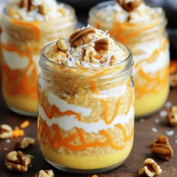 - 1 cup rolled oats - 1 cup unsweetened almond milk - 1 medium carrot, finely grated - 1/4 cup Greek yogurt - 1 tablespoon maple syrup - 1/4 cup raisins - 2 tablespoons chopped walnuts - Additional walnuts and shredded coconut for garnish - 1/2 teaspoon ground cinnamon - 1/4 teaspoon nutmeg - A pinch of salt In this recipe, I focus on simple ingredients that pack flavor and nutrition. The rolled oats form the base, giving a hearty texture. Unsweetened almond milk keeps it light and creamy. I love adding a finely grated carrot for its sweetness and health benefits. Greek yogurt adds creaminess and protein. A drizzle of maple syrup sweetens everything just right. You can customize it by adding raisins or walnuts for extra flavor and crunch. Spices like cinnamon and nutmeg bring warmth and depth. A pinch of salt balances the sweetness and enhances the flavors. You can find the full details in the Full Recipe for your perfect morning treat! - In a large bowl, mix the rolled oats and almond milk. - Add the finely grated carrot and maple syrup. - Stir in the ground cinnamon, nutmeg, chia seeds, raisins, and a pinch of salt. This step is key. Mixing the dry and wet ingredients in one bowl helps blend flavors. You want everything to come together nicely. Once mixed, the oats will soak up all the goodness. - Divide the mixture into jars or bowls for easy serving. - Seal each container with a lid or plastic wrap. - Place them in the fridge overnight for best results. This method makes cleanup easy. You can prep these oats in advance. You’ll wake up to a tasty breakfast ready to go! - Before serving, stir the oats well to mix the flavors. - If the oats seem thick, add more milk for a smoother texture. - Garnish with extra walnuts and shredded coconut for a lovely finish. These small touches make a big difference. Use clear jars for a beautiful presentation. Your breakfast will not only taste great but look great too. Enjoy your carrot cake overnight oats! You can easily change this recipe to fit your taste. Here are some ideas: - Adjust sweetness to your preference by using more or less maple syrup. - Experiment with different types of milk like oat, soy, or coconut milk. - Add fruits or nuts for variation, such as bananas or almonds. I know mornings can be hectic. Here are some time-saving tips: - Prepare larger batches for meal prep. This way, you have breakfast ready for days. - Use quick oats for quicker soak times. They absorb liquid faster. - Overnight preparation helps busy mornings. Just grab a jar and go! Carrot cake overnight oats pack a punch when it comes to nutrition. Here’s why: - Oats are high in fiber and can aid digestion. They keep you full longer. - Adding vegetables like carrots to breakfast boosts vitamins and minerals. - Walnuts and chia seeds add healthy fats and protein, making this meal even better. {{image_4}} To make this dish vegan, you can easily swap Greek yogurt for non-dairy yogurt. Look for options made from almond, coconut, or cashew. These will give you the creamy texture you want. For sweetening, use maple syrup or agave nectar instead of honey. Both options keep your oats sweet without animal products. Want to add a tropical twist? Toss in some crushed pineapple or shredded coconut. These ingredients bring a burst of flavor that pairs well with the spices. If you want more warmth, add a pinch of ginger or allspice. These spices will enhance the cake flavor and give your oats a cozy touch. As seasons change, so can your oats! In the fall, try adding diced apples or pumpkin pie spice. This will bring a festive feel to your breakfast. For winter, consider cranberries or warming spices like cinnamon and nutmeg. You can easily adapt the recipe for holidays by adding festive toppings or flavors. Enjoy making this dish special for any occasion! For carrot cake overnight oats, use glass jars or airtight containers. Glass jars let you see the layers and colors. They also keep your oats fresh. Seal the jars tightly to lock in flavors. This helps prevent spoilage and keeps your oats tasty. You can store your overnight oats in the refrigerator for up to five days. After this time, the oats may lose flavor or texture. Signs that your oats have gone bad include a sour smell or an odd texture. If you notice these signs, it’s best to throw them away. If you prefer warm oats, you can heat them in the microwave. Just remove the lid and warm for 30 seconds to 1 minute. Stir well and check the temperature before eating. Some folks enjoy their oats cold, while others like them warm. It’s all about your personal taste! You can keep carrot cake overnight oats in the fridge for up to five days. To keep them fresh, store them in airtight containers. Check for any signs of spoilage, like an off smell or change in texture. If you notice any changes, it's best to throw them out. To enjoy the best flavor and texture, eat them within three days. Yes, you can use quick oats, but be aware of a few things. Quick oats cook faster and absorb liquid faster. This makes them softer and creamier. However, they may lose some texture. Rolled oats are chewier and hold their shape better. If you enjoy a more textured bite, stick with rolled oats. If you need a substitute for Greek yogurt, there are many options. You can use regular yogurt, non-dairy yogurt, or even cottage cheese for a protein boost. For a vegan option, try silken tofu blended until smooth. Each substitute will change the taste and texture a bit, so choose based on your needs. To keep your oats creamy, mix the ingredients well. Use a whisk or spoon to combine them until smooth. Letting the oats soak overnight helps too. If your oats seem too thick in the morning, add a splash of milk or water. Stir well to break up any clumps, and you’ll have a nice creamy bowl. Yes, you can freeze carrot cake overnight oats! Just portion them into freezer-safe containers. Leave some space at the top, as the oats will expand when frozen. To defrost, move them to the fridge overnight or leave them out for a few hours. Stir well after thawing to get the right texture back. Carrot cake overnight oats offer a delicious, easy breakfast that blends health and taste. You mix simple ingredients, allowing flavors to meld overnight for convenience. Customize your oats to match your taste or diet, whether vegan or not. Remember, these oats store well and can last in the fridge for up to five days. I encourage you to try different variations, spices, and fruits. Feel free to make it your own and enjoy the tasty benefits!