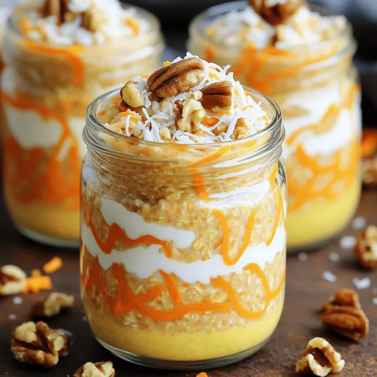 - 1 cup rolled oats - 1 cup unsweetened almond milk - 1 medium carrot, finely grated - 1/4 cup Greek yogurt - 1 tablespoon maple syrup - 1/4 cup raisins - 2 tablespoons chopped walnuts - Additional walnuts and shredded coconut for garnish - 1/2 teaspoon ground cinnamon - 1/4 teaspoon nutmeg - A pinch of salt In this recipe, I focus on simple ingredients that pack flavor and nutrition. The rolled oats form the base, giving a hearty texture. Unsweetened almond milk keeps it light and creamy. I love adding a finely grated carrot for its sweetness and health benefits. Greek yogurt adds creaminess and protein. A drizzle of maple syrup sweetens everything just right. You can customize it by adding raisins or walnuts for extra flavor and crunch. Spices like cinnamon and nutmeg bring warmth and depth. A pinch of salt balances the sweetness and enhances the flavors. You can find the full details in the Full Recipe for your perfect morning treat! - In a large bowl, mix the rolled oats and almond milk. - Add the finely grated carrot and maple syrup. - Stir in the ground cinnamon, nutmeg, chia seeds, raisins, and a pinch of salt. This step is key. Mixing the dry and wet ingredients in one bowl helps blend flavors. You want everything to come together nicely. Once mixed, the oats will soak up all the goodness. - Divide the mixture into jars or bowls for easy serving. - Seal each container with a lid or plastic wrap. - Place them in the fridge overnight for best results. This method makes cleanup easy. You can prep these oats in advance. You’ll wake up to a tasty breakfast ready to go! - Before serving, stir the oats well to mix the flavors. - If the oats seem thick, add more milk for a smoother texture. - Garnish with extra walnuts and shredded coconut for a lovely finish. These small touches make a big difference. Use clear jars for a beautiful presentation. Your breakfast will not only taste great but look great too. Enjoy your carrot cake overnight oats! You can easily change this recipe to fit your taste. Here are some ideas: - Adjust sweetness to your preference by using more or less maple syrup. - Experiment with different types of milk like oat, soy, or coconut milk. - Add fruits or nuts for variation, such as bananas or almonds. I know mornings can be hectic. Here are some time-saving tips: - Prepare larger batches for meal prep. This way, you have breakfast ready for days. - Use quick oats for quicker soak times. They absorb liquid faster. - Overnight preparation helps busy mornings. Just grab a jar and go! Carrot cake overnight oats pack a punch when it comes to nutrition. Here’s why: - Oats are high in fiber and can aid digestion. They keep you full longer. - Adding vegetables like carrots to breakfast boosts vitamins and minerals. - Walnuts and chia seeds add healthy fats and protein, making this meal even better. {{image_4}} To make this dish vegan, you can easily swap Greek yogurt for non-dairy yogurt. Look for options made from almond, coconut, or cashew. These will give you the creamy texture you want. For sweetening, use maple syrup or agave nectar instead of honey. Both options keep your oats sweet without animal products. Want to add a tropical twist? Toss in some crushed pineapple or shredded coconut. These ingredients bring a burst of flavor that pairs well with the spices. If you want more warmth, add a pinch of ginger or allspice. These spices will enhance the cake flavor and give your oats a cozy touch. As seasons change, so can your oats! In the fall, try adding diced apples or pumpkin pie spice. This will bring a festive feel to your breakfast. For winter, consider cranberries or warming spices like cinnamon and nutmeg. You can easily adapt the recipe for holidays by adding festive toppings or flavors. Enjoy making this dish special for any occasion! For carrot cake overnight oats, use glass jars or airtight containers. Glass jars let you see the layers and colors. They also keep your oats fresh. Seal the jars tightly to lock in flavors. This helps prevent spoilage and keeps your oats tasty. You can store your overnight oats in the refrigerator for up to five days. After this time, the oats may lose flavor or texture. Signs that your oats have gone bad include a sour smell or an odd texture. If you notice these signs, it’s best to throw them away. If you prefer warm oats, you can heat them in the microwave. Just remove the lid and warm for 30 seconds to 1 minute. Stir well and check the temperature before eating. Some folks enjoy their oats cold, while others like them warm. It’s all about your personal taste! You can keep carrot cake overnight oats in the fridge for up to five days. To keep them fresh, store them in airtight containers. Check for any signs of spoilage, like an off smell or change in texture. If you notice any changes, it's best to throw them out. To enjoy the best flavor and texture, eat them within three days. Yes, you can use quick oats, but be aware of a few things. Quick oats cook faster and absorb liquid faster. This makes them softer and creamier. However, they may lose some texture. Rolled oats are chewier and hold their shape better. If you enjoy a more textured bite, stick with rolled oats. If you need a substitute for Greek yogurt, there are many options. You can use regular yogurt, non-dairy yogurt, or even cottage cheese for a protein boost. For a vegan option, try silken tofu blended until smooth. Each substitute will change the taste and texture a bit, so choose based on your needs. To keep your oats creamy, mix the ingredients well. Use a whisk or spoon to combine them until smooth. Letting the oats soak overnight helps too. If your oats seem too thick in the morning, add a splash of milk or water. Stir well to break up any clumps, and you’ll have a nice creamy bowl. Yes, you can freeze carrot cake overnight oats! Just portion them into freezer-safe containers. Leave some space at the top, as the oats will expand when frozen. To defrost, move them to the fridge overnight or leave them out for a few hours. Stir well after thawing to get the right texture back. Carrot cake overnight oats offer a delicious, easy breakfast that blends health and taste. You mix simple ingredients, allowing flavors to meld overnight for convenience. Customize your oats to match your taste or diet, whether vegan or not. Remember, these oats store well and can last in the fridge for up to five days. I encourage you to try different variations, spices, and fruits. Feel free to make it your own and enjoy the tasty benefits!