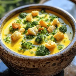 - 3 cups fresh broccoli florets - 1 medium onion, diced - 2 cloves garlic, minced - 4 cups vegetable broth - 1 cup heavy cream - 2 cups sharp cheddar cheese, grated - 2 tablespoons olive oil - 1 teaspoon salt - 1/2 teaspoon black pepper - 1/4 teaspoon nutmeg (optional) - Croutons and chopped chives for garnish Cheddar broccoli soup is a warm hug in a bowl. It combines fresh broccoli with rich cheese. You will love how quick and easy it is to make. Start with fresh broccoli florets; they bring a sweet, earthy flavor. The diced onion and minced garlic give depth and warmth. Vegetable broth adds flavor without being too heavy. Next, heavy cream gives the soup its creamy texture. Sharp cheddar cheese makes it rich and cheesy. The salt and pepper enhance all the flavors. Nutmeg adds a hint of warmth, but it’s optional. Finally, croutons and chives make delightful toppings. They add crunch and color to your soup. This cheddar broccoli soup recipe is perfect for any day. Gather your ingredients and get ready to enjoy a cozy meal. For the full recipe, check out my detailed guide to making this comforting dish. - Sautéing the onions and garlic Start by heating 2 tablespoons of olive oil in a large pot over medium heat. Add 1 diced onion and sauté it for about 5 minutes. Stir until the onion becomes soft and clear. Next, add 2 minced garlic cloves and cook for just 1 more minute. Be careful not to burn the garlic, as it can turn bitter. - Adding broccoli and cooking Now, toss in 3 cups of fresh broccoli florets. Stir and let them cook for 3 to 4 minutes. You want them slightly tender and coated in oil. This step adds flavor and helps the broccoli cook evenly. - Pouring in vegetable broth Pour in 4 cups of vegetable broth and increase the heat. Bring it to a gentle simmer. Let it cook for about 10 to 12 minutes. Check the broccoli; it should be tender but still bright green. - Pureeing for desired texture If you enjoy a smooth soup, use an immersion blender to puree the mixture. Blend until you reach your preferred texture. If you like some chunks, blend only half the soup and leave some broccoli florets whole. - Returning to heat with cream Lower the heat to low and return the pot to the stove. Gradually stir in 1 cup of heavy cream. Warm the soup without letting it boil. This step makes the soup rich and creamy. - Adding cheese and seasonings Slowly mix in 2 cups of grated sharp cheddar cheese. Stir until the cheese is fully melted. Then, season with 1 teaspoon of salt, 1/2 teaspoon of black pepper, and an optional 1/4 teaspoon of nutmeg. Taste and adjust seasonings as needed. - Serving suggestions Remove the pot from the heat and let the soup cool for a few minutes. Ladle it into bowls and top with crispy croutons and chopped chives. This adds crunch and color. Enjoy your comforting bowl of cheddar broccoli soup! For the complete details, you can check the [Full Recipe]. - How to get the best flavor: Start with fresh ingredients. Fresh broccoli and onions bring out rich flavors. Sauté the onions until they are soft. This step builds a tasty base for your soup. Don't rush this part; it makes a big difference. - Techniques for creamy texture: Use heavy cream for the richest texture. Gradually stir it in after blending. This keeps the soup creamy without curdling. For a smoother blend, use an immersion blender. It lets you control the texture better. - Overcooking ingredients: Watch the cooking time for broccoli. If you overcook it, the color fades and the flavor weakens. Cook just until tender, usually about 10-12 minutes. - Not seasoning adequately: Always taste your soup before serving. Add salt and pepper to enhance flavors. Don't forget the optional nutmeg; it adds warmth. - Essential pots and blenders: A large pot works best for cooking your soup. An immersion blender is great for pureeing it. If you don't have one, a regular blender works too, but be careful with hot liquids. - Measuring cups and spoons: Measure your ingredients accurately. This ensures the right balance of flavors in your soup. Use a good set of measuring spoons for precise seasoning. Feel free to check the Full Recipe for detailed steps and ingredients! {{image_4}} You can change the cheese for a fun twist. Try using gouda or mozzarella. These cheeses melt well and add different flavors. You can also add proteins like cooked chicken or bacon. They make the soup heartier. If you prefer veggies, try carrots or peas. They blend in nicely and boost nutrition. To make this soup vegan, swap heavy cream with plant-based milk. Almond, coconut, or oat milk work well. For cheese, look for vegan options that melt. Nutritional yeast can give a cheesy flavor without the dairy. These changes keep it creamy while catering to different diets. Add herbs like thyme or rosemary for extra flavor. They bring in a fresh taste. A splash of lemon juice brightens the soup's overall flavor. It adds a zing that contrasts with the creamy base. Try these simple additions to elevate your cheddar broccoli soup. For the full recipe, check out Cheesy Broccoli Bliss Soup. To keep your cheddar broccoli soup fresh, use an airtight container. Glass containers work great. You can also use plastic containers, but make sure they seal well. Place the soup in the fridge after it cools down. It’s best to store it within two hours of cooking. This keeps bacteria from growing. You can freeze cheddar broccoli soup for later. Ladle the cooled soup into freezer-safe bags or containers. Leave some space at the top, as soup expands when it freezes. To thaw, move the soup to the fridge overnight. You can also warm it up in a pot over low heat. Stir often to prevent sticking. How long does it last in the fridge? The soup stays good for about 3 to 5 days. Always check for signs of spoilage. Look for changes in color or smell. If it smells sour or has mold, throw it away. Enjoy your cheddar broccoli soup fresh or frozen, and savor every bite! For the full recipe, check out the full recipe section! You can add heat to your cheddar broccoli soup in a few ways. Try these ideas: - Add diced jalapeños or serrano peppers. - Mix in a pinch of red pepper flakes. - Stir in some hot sauce for extra kick. - Experiment with a bit of cayenne pepper. Each option brings a different level of spice. Adjust to fit your taste! Yes, you can use frozen broccoli. Here are some pros and cons: - Pros: Frozen broccoli is convenient and saves time. It is often pre-cut and blanched. - Cons: Frozen broccoli may lose some texture when cooked. It may also have a slightly different flavor. If using frozen, add it to the pot after sautéing the onions and garlic. Serve cheddar broccoli soup with these tasty ideas: - Pair it with crusty bread or a grilled cheese sandwich. - Top with crispy croutons for crunch. - Add chopped chives or green onions for a fresh touch. These sides enhance the experience and make the meal more filling. Cheddar broccoli soup can be healthy with a few considerations: - Broccoli is packed with vitamins and minerals. - Cheese adds protein but can also increase calories and fat. - Using low-fat cream or broth can make it lighter. Enjoy it as part of a balanced diet for nutrition and comfort. Making cheddar broccoli soup takes about 30 minutes total: - Prep time: 10 minutes for chopping veggies. - Cook time: 20 minutes for sautéing and simmering. This quick recipe fits well into a busy day. Yes, you can make cheddar broccoli soup ahead of time. Here’s how: - Prepare the soup and let it cool completely. - Store it in an airtight container in the fridge for up to 3 days. - For longer storage, freeze it for up to 3 months. Reheat on the stove or microwave, stirring well before serving. This article covered everything you need to make creamy cheddar broccoli soup. We explored the key ingredients, from fresh broccoli to sharp cheddar. You learned step-by-step instructions to perfect the soup, along with valuable tips and tricks to avoid common mistakes. The variations section showed how to customize your dish for different tastes. Lastly, we discussed storage options to ensure your soup stays fresh. You now have the tools to make a delicious soup that suits your style and taste. Enjoy cooking and savor every bowl!