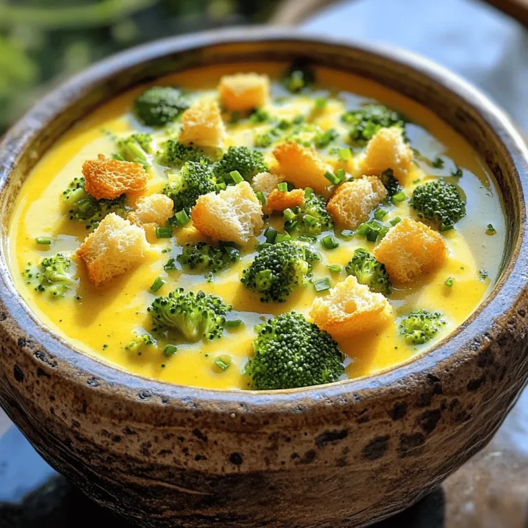 - 3 cups fresh broccoli florets - 1 medium onion, diced - 2 cloves garlic, minced - 4 cups vegetable broth - 1 cup heavy cream - 2 cups sharp cheddar cheese, grated - 2 tablespoons olive oil - 1 teaspoon salt - 1/2 teaspoon black pepper - 1/4 teaspoon nutmeg (optional) - Croutons and chopped chives for garnish Cheddar broccoli soup is a warm hug in a bowl. It combines fresh broccoli with rich cheese. You will love how quick and easy it is to make. Start with fresh broccoli florets; they bring a sweet, earthy flavor. The diced onion and minced garlic give depth and warmth. Vegetable broth adds flavor without being too heavy. Next, heavy cream gives the soup its creamy texture. Sharp cheddar cheese makes it rich and cheesy. The salt and pepper enhance all the flavors. Nutmeg adds a hint of warmth, but it’s optional. Finally, croutons and chives make delightful toppings. They add crunch and color to your soup. This cheddar broccoli soup recipe is perfect for any day. Gather your ingredients and get ready to enjoy a cozy meal. For the full recipe, check out my detailed guide to making this comforting dish. - Sautéing the onions and garlic Start by heating 2 tablespoons of olive oil in a large pot over medium heat. Add 1 diced onion and sauté it for about 5 minutes. Stir until the onion becomes soft and clear. Next, add 2 minced garlic cloves and cook for just 1 more minute. Be careful not to burn the garlic, as it can turn bitter. - Adding broccoli and cooking Now, toss in 3 cups of fresh broccoli florets. Stir and let them cook for 3 to 4 minutes. You want them slightly tender and coated in oil. This step adds flavor and helps the broccoli cook evenly. - Pouring in vegetable broth Pour in 4 cups of vegetable broth and increase the heat. Bring it to a gentle simmer. Let it cook for about 10 to 12 minutes. Check the broccoli; it should be tender but still bright green. - Pureeing for desired texture If you enjoy a smooth soup, use an immersion blender to puree the mixture. Blend until you reach your preferred texture. If you like some chunks, blend only half the soup and leave some broccoli florets whole. - Returning to heat with cream Lower the heat to low and return the pot to the stove. Gradually stir in 1 cup of heavy cream. Warm the soup without letting it boil. This step makes the soup rich and creamy. - Adding cheese and seasonings Slowly mix in 2 cups of grated sharp cheddar cheese. Stir until the cheese is fully melted. Then, season with 1 teaspoon of salt, 1/2 teaspoon of black pepper, and an optional 1/4 teaspoon of nutmeg. Taste and adjust seasonings as needed. - Serving suggestions Remove the pot from the heat and let the soup cool for a few minutes. Ladle it into bowls and top with crispy croutons and chopped chives. This adds crunch and color. Enjoy your comforting bowl of cheddar broccoli soup! For the complete details, you can check the [Full Recipe]. - How to get the best flavor: Start with fresh ingredients. Fresh broccoli and onions bring out rich flavors. Sauté the onions until they are soft. This step builds a tasty base for your soup. Don't rush this part; it makes a big difference. - Techniques for creamy texture: Use heavy cream for the richest texture. Gradually stir it in after blending. This keeps the soup creamy without curdling. For a smoother blend, use an immersion blender. It lets you control the texture better. - Overcooking ingredients: Watch the cooking time for broccoli. If you overcook it, the color fades and the flavor weakens. Cook just until tender, usually about 10-12 minutes. - Not seasoning adequately: Always taste your soup before serving. Add salt and pepper to enhance flavors. Don't forget the optional nutmeg; it adds warmth. - Essential pots and blenders: A large pot works best for cooking your soup. An immersion blender is great for pureeing it. If you don't have one, a regular blender works too, but be careful with hot liquids. - Measuring cups and spoons: Measure your ingredients accurately. This ensures the right balance of flavors in your soup. Use a good set of measuring spoons for precise seasoning. Feel free to check the Full Recipe for detailed steps and ingredients! {{image_4}} You can change the cheese for a fun twist. Try using gouda or mozzarella. These cheeses melt well and add different flavors. You can also add proteins like cooked chicken or bacon. They make the soup heartier. If you prefer veggies, try carrots or peas. They blend in nicely and boost nutrition. To make this soup vegan, swap heavy cream with plant-based milk. Almond, coconut, or oat milk work well. For cheese, look for vegan options that melt. Nutritional yeast can give a cheesy flavor without the dairy. These changes keep it creamy while catering to different diets. Add herbs like thyme or rosemary for extra flavor. They bring in a fresh taste. A splash of lemon juice brightens the soup's overall flavor. It adds a zing that contrasts with the creamy base. Try these simple additions to elevate your cheddar broccoli soup. For the full recipe, check out Cheesy Broccoli Bliss Soup. To keep your cheddar broccoli soup fresh, use an airtight container. Glass containers work great. You can also use plastic containers, but make sure they seal well. Place the soup in the fridge after it cools down. It’s best to store it within two hours of cooking. This keeps bacteria from growing. You can freeze cheddar broccoli soup for later. Ladle the cooled soup into freezer-safe bags or containers. Leave some space at the top, as soup expands when it freezes. To thaw, move the soup to the fridge overnight. You can also warm it up in a pot over low heat. Stir often to prevent sticking. How long does it last in the fridge? The soup stays good for about 3 to 5 days. Always check for signs of spoilage. Look for changes in color or smell. If it smells sour or has mold, throw it away. Enjoy your cheddar broccoli soup fresh or frozen, and savor every bite! For the full recipe, check out the full recipe section! You can add heat to your cheddar broccoli soup in a few ways. Try these ideas: - Add diced jalapeños or serrano peppers. - Mix in a pinch of red pepper flakes. - Stir in some hot sauce for extra kick. - Experiment with a bit of cayenne pepper. Each option brings a different level of spice. Adjust to fit your taste! Yes, you can use frozen broccoli. Here are some pros and cons: - Pros: Frozen broccoli is convenient and saves time. It is often pre-cut and blanched. - Cons: Frozen broccoli may lose some texture when cooked. It may also have a slightly different flavor. If using frozen, add it to the pot after sautéing the onions and garlic. Serve cheddar broccoli soup with these tasty ideas: - Pair it with crusty bread or a grilled cheese sandwich. - Top with crispy croutons for crunch. - Add chopped chives or green onions for a fresh touch. These sides enhance the experience and make the meal more filling. Cheddar broccoli soup can be healthy with a few considerations: - Broccoli is packed with vitamins and minerals. - Cheese adds protein but can also increase calories and fat. - Using low-fat cream or broth can make it lighter. Enjoy it as part of a balanced diet for nutrition and comfort. Making cheddar broccoli soup takes about 30 minutes total: - Prep time: 10 minutes for chopping veggies. - Cook time: 20 minutes for sautéing and simmering. This quick recipe fits well into a busy day. Yes, you can make cheddar broccoli soup ahead of time. Here’s how: - Prepare the soup and let it cool completely. - Store it in an airtight container in the fridge for up to 3 days. - For longer storage, freeze it for up to 3 months. Reheat on the stove or microwave, stirring well before serving. This article covered everything you need to make creamy cheddar broccoli soup. We explored the key ingredients, from fresh broccoli to sharp cheddar. You learned step-by-step instructions to perfect the soup, along with valuable tips and tricks to avoid common mistakes. The variations section showed how to customize your dish for different tastes. Lastly, we discussed storage options to ensure your soup stays fresh. You now have the tools to make a delicious soup that suits your style and taste. Enjoy cooking and savor every bowl!
