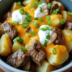 - Sirloin or Ribeye Steak - Russet Potatoes - Cheddar Cheese To get the most flavor, I recommend using sirloin or ribeye steak. Both cuts are tender and juicy. When you cube the steak, aim for bite-sized pieces. This size helps them cook evenly. The russet potatoes add heartiness. Peel and dice them into small cubes. They soak up all the good flavors, making each bite a delight. Finally, don't skip the cheddar cheese. It melts beautifully and adds richness to the dish. - Garlic Powder - Onion Powder - Smoked Paprika Seasoning is key to great flavor. I use garlic powder for its rich taste. Onion powder adds a nice depth, too. Smoked paprika brings a warm, smoky flavor to the mix. These three seasonings work together to make your steak and potatoes sing. Remember, seasoning is not just for the steak; it also enhances the potatoes. - Beef Broth - Olive Oil - Sour Cream The liquids are just as important. Beef broth adds moisture and flavor. It helps the steak and potatoes cook perfectly. Use high-quality broth for the best results. Olive oil is great for searing the steak. It creates a nice crust and keeps the meat juicy. Finally, sour cream adds creaminess and tang. Mix it with green onions for a fresh topping. This will elevate your dish to a whole new level. For the full recipe, check out the complete details above! Seasoning the Steak Cubes Start by cutting your steak into bite-sized cubes. In a bowl, mix garlic powder, onion powder, smoked paprika, salt, and black pepper. Toss the steak cubes in this mix. Make sure every piece is covered well. This step adds lots of flavor to your dish. Searing the Steak Next, heat olive oil in a large skillet over medium-high heat. Once hot, add the seasoned steak cubes. Sear them for 3-4 minutes. Turn the steak often for even browning. Once browned, remove the skillet from heat and set the steak aside. This step locks in the juices and adds a nice crust. Layering Potatoes and Steak In your crockpot, spread the diced potatoes evenly on the bottom. Next, place the seared steak cubes on top of the potatoes. Make sure they are evenly distributed. This way, the flavors meld together as they cook. Adding Beef Broth Now, pour the beef broth over the layered steak and potatoes. This liquid is key to keeping everything moist while cooking. It helps the potatoes cook through and keeps the steak tender. Setting the Crockpot Cover the crockpot with its lid. Set it to cook on low for 6-8 hours or on high for 3-4 hours. Cooking low and slow really enhances the flavors and tenderness of the meat and potatoes. Finalizing with Cheese and Sour Cream In the last 30 minutes, sprinkle shredded cheddar cheese on top. Let it melt and blend into the dish. In another bowl, mix sour cream with chopped green onions. This mix adds a fresh touch to your meal. Once done, stir it all together and serve warm. Top each bowl with a generous scoop of the sour cream mix for a loaded finish. For the full recipe, refer to the Crockpot Loaded Steak and Potato Bake. You can adjust cooking times based on your schedule. The low setting takes 6-8 hours. This lets flavors develop deeply. The high setting cooks in 3-4 hours. It’s faster but may not blend flavors as well. If you're in a hurry, use high. If you have more time, low is best. You can swap out cuts of meat for different flavors. Try chuck steak or flank steak for a different taste. Both work well in this dish. For a leaner option, use chicken breast or turkey. These meats will cook faster, so adjust your time. If you need a dairy-free option, use a dairy-free cheese. This will give creaminess without the dairy. You can also replace sour cream with a vegan option or cashew cream. These choices keep the dish tasty and satisfying. Fresh herbs can brighten up your dish. Try adding parsley or cilantro as a garnish. They add color and freshness. You can also sprinkle some on top before serving. This will impress your guests and family. For extra toppings, consider crispy bacon bits or jalapeños. These add a salty crunch and a bit of spice. You can even try adding some avocado slices for a creamy touch. Serve it all in deep bowls for a hearty meal. For the full recipe, check the section above. {{image_4}} - Monterey Jack: This cheese melts well and adds a creamy texture. It has a mild flavor that pairs nicely with steak. You can mix it with cheddar for a tasty twist. - Provolone: For a sharper taste, use provolone. It adds depth to the dish. It also melts beautifully, creating a rich layer of flavor. - Bell Peppers: These add crunch and sweetness. Dice them small and layer them with the potatoes. They cook down nicely in the crockpot. - Mushrooms: Sliced mushrooms add an earthy flavor. They soak up the broth, becoming tender and full of taste. Add them for a hearty touch. - Adding Spices: Experiment with spices like cumin or chili powder. They can give the dish a warm kick. Just a pinch can elevate the overall taste. - Using Different Broths: Swap beef broth for chicken or vegetable broth. This change alters the final flavor profile. Each broth brings its unique taste, making the dish versatile. Try these variations to make the Crockpot Loaded Steak and Potato Bake your very own. For the full recipe, check back to ensure everything fits together perfectly! To store leftovers, let the dish cool down first. Place it in an airtight container. This helps keep the food fresh. Always refrigerate within two hours of cooking. Leftovers can stay good for about three to four days. For best taste, eat them sooner rather than later. If you want to freeze leftovers, it’s best to do it right away. Use freezer-safe containers or heavy-duty bags. Make sure to leave some space for the food to expand. Label each bag with the date. Frozen meals can last up to three months. Just remember, the longer they stay frozen, the more flavor they lose. You can reheat your dish in two ways: microwave or oven. For the microwave, place a portion in a bowl. Heat it for about 2-3 minutes, stirring halfway. In the oven, preheat to 350°F (175°C). Place the food in an oven-safe dish, cover it with foil, and heat for 15-20 minutes. Both methods work, but the oven keeps the dish crispier. Enjoy your Crockpot Loaded Steak and Potato Bake! For the full recipe, click here. You can store leftovers for about three days. Keep them in an airtight container. This helps keep the flavors fresh. Make sure to cool the dish before sealing it. Use a microwave or stove to reheat it. Yes, you can make this recipe in advance. Prepare it the night before and store it in the fridge. Just layer the ingredients in the crockpot. On the day you want to eat, plug in your crockpot and let it cook. This saves time when you are busy. You can serve this dish with a side salad or steamed veggies. Fresh greens add a nice crunch. You can also pair it with crusty bread. This helps soak up the tasty sauce. For a fun twist, add pickled jalapeños for spice. Check out the Full Recipe for more ideas! This blog post covered all you need to make a great Crockpot Loaded Steak and Potato Bake. We explored the best ingredients, like sirloin steak and russet potatoes, and how to layer them for the perfect dish. I shared cooking tips, how to store leftovers, and fun variations to try. With these ideas, you can make a meal that your family will love every time. Enjoy cooking and let your creativity shine!