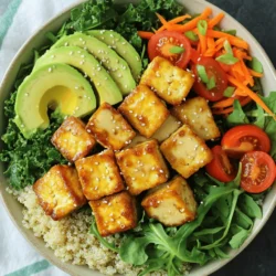 To create a Crispy Tofu Buddha Bowl, you need these key ingredients: - 1 block firm tofu, pressed and cubed - 2 tablespoons soy sauce - 1 tablespoon sesame oil - 1 teaspoon garlic powder - 1 teaspoon ginger powder - 1 cup quinoa, rinsed - 2 cups vegetable broth - 1 cup mixed greens (spinach, arugula, kale) - 1 cup shredded carrots - 1 avocado, sliced - ½ cup cherry tomatoes, halved - 2 tablespoons tahini - 1 tablespoon lemon juice - Salt and pepper to taste - Sesame seeds and chopped green onions for garnish These ingredients make the bowl colorful and packed with flavor. You can add extra toppings to make your bowl even better. Here are some ideas: - Sliced radishes for crunch - Cucumber slices for freshness - Roasted nuts like almonds or cashews - Fresh herbs like cilantro or parsley - A sprinkle of chili flakes for heat These options let you customize your bowl to your liking. Having the right tools makes cooking easier. Here are some useful tools for this recipe: - A sharp knife for cutting tofu and veggies - A cutting board for safe chopping - A non-stick skillet for crisping tofu - A medium saucepan for cooking quinoa - Mixing bowls for marinating and dressing Using these tools will help you prepare your meal with ease. Check out the Full Recipe for all the steps! First, press the tofu. This step removes water and helps it get crispy. Wrap the tofu in a clean kitchen towel. Place a heavy pan on top for about 30 minutes. After pressing, cut the tofu into 1-inch cubes. Next, make a marinade. Mix soy sauce, sesame oil, garlic powder, and ginger powder in a bowl. Add the cubed tofu and gently toss it. Let it marinate for 15-20 minutes. This allows the flavors to soak in. Now, cook the quinoa. Start by boiling vegetable broth in a medium saucepan. Once boiling, add the rinsed quinoa. Lower the heat, cover the pan, and let it simmer for about 15 minutes. Check if the liquid is absorbed. After that, remove the saucepan from heat. Let it sit for 5 minutes before fluffing it with a fork. This makes the quinoa light and fluffy. To make the bowl, begin with the quinoa. Spoon a generous amount into a large bowl. Next, layer mixed greens on top. Add shredded carrots and halved cherry tomatoes for color. Finally, place the crispy tofu on top. For the dressing, whisk tahini and lemon juice in a small bowl. Season with salt and pepper. Drizzle this over the bowl. Finish with sliced avocado, sesame seeds, and chopped green onions for garnish. To get crispy tofu, start with firm tofu. Press the tofu for at least 30 minutes. This step removes moisture, which helps it crisp up. Cut the pressed tofu into 1-inch cubes. Marinate the tofu for 15-20 minutes to infuse flavor. Use a non-stick skillet over medium heat. Cook the tofu for 10-12 minutes. Turn it gently to brown all sides. The goal is a golden crust that is crunchy and delicious. Buddha bowls are versatile. You can serve them with various toppings. Pair your crispy tofu with quinoa, mixed greens, and fresh veggies. Add sliced avocado for creaminess. Cherry tomatoes bring sweetness. A drizzle of tahini dressing adds richness. For extra crunch, sprinkle sesame seeds and chopped green onions on top. These toppings create a beautiful and tasty meal. You can easily customize your Buddha bowl. Change the grains if you want. Try brown rice, farro, or couscous. Switch up the veggies too. Add roasted sweet potatoes or bell peppers for variety. If you like spices, sprinkle some chili flakes for heat. You can even swap tahini for another dressing, like peanut or yogurt. The options are endless, so have fun with it! For the full recipe, check out the details above. {{image_4}} You can change the grains in your Buddha bowl. Quinoa is great, but try brown rice or farro. Both add a nice chew and nutty taste. If you want something lighter, use cauliflower rice. It’s low in carbs and super fresh. Just remember to season it well. Mixing in different veggies can make your bowl exciting. Try roasted sweet potatoes for sweetness or bell peppers for crunch. Broccoli and snap peas add a nice touch too. You can even use seasonal vegetables like zucchini in summer or Brussels sprouts in winter. The goal is to keep it colorful and fun! Dressing makes all the difference. If tahini isn’t your thing, try a peanut sauce. It adds creaminess and a touch of sweetness. A simple vinaigrette made with olive oil and vinegar works well too. For a spicy kick, mix in Sriracha or chili paste. Feel free to get creative and find your favorite flavor! For more details on making the perfect Buddha bowl, check out the Full Recipe. To store your leftover Buddha bowl, let it cool to room temperature. Place the tofu and quinoa in an airtight container. Add the greens and veggies separately. This keeps them fresh and crisp. Store the container in the fridge for up to three days. When reheating tofu, keep the texture in mind. The microwave can make it soggy, so use a skillet instead. Heat a little oil in a pan over medium heat. Add the tofu cubes and cook until they are warm and crispy again. This step makes a big difference in taste. You can freeze the tofu and quinoa, but avoid freezing the fresh veggies. Place the cooled tofu and quinoa in a freezer-safe bag. Squeeze out the air and seal it tightly. They can last up to three months in the freezer. When ready to eat, thaw them overnight in the fridge and reheat in a skillet. For the best flavor, add fresh veggies just before serving. For the full recipe, check out the Crispy Tofu Buddha Bowl. Yes, you can replace tofu with other proteins. Tempeh, chickpeas, or edamame work well. Chicken or shrimp also make good choices for meat lovers. Each protein adds its own flavor and texture. Just remember to adjust cooking times as needed. A Crispy Tofu Buddha Bowl is packed with nutrients. It offers a balanced mix of protein, fiber, and healthy fats. Here’s a quick breakdown: - Tofu: High in protein and calcium. - Quinoa: A complete protein with fiber and magnesium. - Vegetables: Rich in vitamins A, C, and K. - Avocado: Provides healthy fats and potassium. This bowl is a great option for a healthy meal. The total time to prepare this recipe is about one hour. You spend 15 minutes on prep and about 45 minutes cooking. Pressing the tofu takes time, but it improves flavor. Cooking quinoa and crisping the tofu takes around 30 minutes. You can easily prep this meal ahead for busy days. Check out the Full Recipe for details. This article explained how to make a Crispy Tofu Buddha Bowl. You learned about key ingredients, cooking steps, and helpful tips. I shared ways to customize your bowl and variations for added flair. You also found storage tips for leftovers and answers to common questions. Enjoy crafting your bowl with whatever flavors you love most. Make it quick, fun, and nourishing. Your kitchen can be a place of creativity and health!