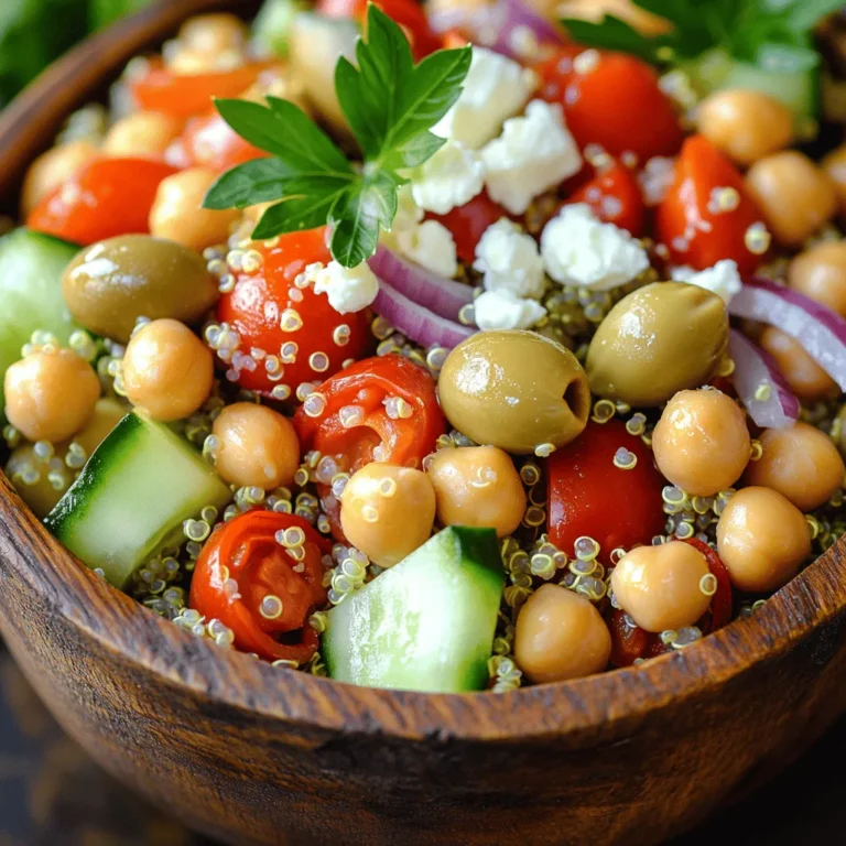 The base of this salad is quinoa. You need 1 cup of quinoa, rinsed well. This step removes the bitter coating called saponin. Cook it in 2 cups of vegetable broth for added flavor. You can also use water, but broth gives it a richer taste. Fresh veggies bring color and crunch. Use: - 1 medium cucumber, diced - 1 cup cherry tomatoes, halved - 1 red bell pepper, diced - ½ red onion, finely chopped - 1 cup canned chickpeas, drained and rinsed - ½ cup Kalamata olives, pitted and sliced These ingredients add freshness and texture. The tomatoes and cucumbers add juiciness, while bell pepper and onion bring sharpness. A good dressing makes all the difference. You’ll use: - 2 tablespoons extra-virgin olive oil - 2 tablespoons freshly squeezed lemon juice - 1 teaspoon dried oregano - Salt and freshly ground black pepper, to taste Whisk these together until blended. This dressing brightens the salad. If you want a creamy touch, add ½ cup of crumbled feta cheese on top. Garnish with fresh parsley for a pop of color. You can find the Full Recipe above for more details. To start, take 1 cup of quinoa and rinse it well. This removes the bitter outer coating. Next, place the quinoa in a medium saucepan. Add 2 cups of vegetable broth or water. Turn the heat to medium-high and bring it to a boil. Once it boils, lower the heat and cover the saucepan. Let it simmer for about 15 minutes. The quinoa should absorb all the liquid and look fluffy. After cooking, remove it from heat and let it sit for 5 more minutes. This extra time helps steam the quinoa. Fluff it with a fork and spread it on a plate to cool. While the quinoa cools, chop your vegetables. Dice 1 medium cucumber and 1 red bell pepper. Halve 1 cup of cherry tomatoes. Finely chop ½ red onion. Rinse and drain 1 cup of canned chickpeas. Slice ½ cup of Kalamata olives. In a large mixing bowl, combine all these ingredients. Add the cooled quinoa to the bowl and mix everything evenly. This step ensures each bite has a burst of flavor. Now, let’s make the dressing. In a small bowl, whisk together 2 tablespoons of extra-virgin olive oil and 2 tablespoons of freshly squeezed lemon juice. Add 1 teaspoon of dried oregano, along with salt and black pepper to taste. Whisk until the dressing is well mixed. This dressing will brighten the salad. Drizzle it over the salad mixture. Toss gently to coat everything well. If you want creaminess, sprinkle ½ cup of crumbled feta cheese on top. Toss it again but gently to keep the cheese intact. Finally, add a sprinkle of finely chopped fresh parsley for a pop of color and flavor. Enjoy your fresh Mediterranean quinoa salad! For the full recipe, check out the details above. To get fluffy quinoa, rinse it well. This removes the bitter coating. I use a fine mesh strainer for this task. Next, cook it in vegetable broth instead of water. The broth adds flavor. Bring it to a boil, then lower the heat. Cover the pot and simmer for about 15 minutes. After that, let it sit for 5 minutes. This step helps the quinoa absorb any remaining liquid. Finally, fluff it with a fork. This creates the perfect texture for your salad. Flavor is key in a good quinoa salad. Use fresh herbs like parsley or mint for a burst of taste. Adding lemon juice brightens the dish. I also like to mix in some dried oregano for depth. For a salty kick, Kalamata olives and feta cheese work wonders. Adjust the salt and pepper to your liking. Taste as you go, and don’t be afraid to experiment. The right blend makes your salad shine. Presentation matters, especially with vibrant ingredients. Serve the salad in a large bowl or on a platter for sharing. This invites others to dig in. Sprinkle some extra parsley on top for a pop of color. You can also add lemon wedges on the side. It adds a fresh touch and looks lovely. Use clear bowls to show off the colorful layers. People eat with their eyes first, so make it appealing! For the full recipe, check out the [Full Recipe]. {{image_4}} You can boost your Mediterranean quinoa salad with more veggies. Try adding spinach, kale, or arugula for a fresh crunch. Grated carrots add sweetness and color. Roasted red peppers bring a smoky flavor. You can also toss in artichoke hearts or sun-dried tomatoes for extra taste. These add-ins make the salad heartier and more filling. While the lemon and olive oil dressing shines, you can explore other flavors. A balsamic vinaigrette adds a sweet and tangy kick. Try a tahini-based dressing for a nutty taste. If you love spice, a harissa or chili oil dressing can wake up your salad. Each dressing brings a new twist, so feel free to switch it up! Use seasonal produce to keep your salad fresh year-round. In spring, add peas or asparagus for a crisp bite. Summer means juicy peaches or berries for sweetness. Fall calls for roasted butternut squash or apples, giving a warm flavor. In winter, try using hearty root vegetables like carrots or beets. Seasonal swaps make your salad exciting and delicious. For the full recipe, click here. After enjoying your Mediterranean quinoa salad, store any leftovers in an airtight container. This keeps the salad fresh and tasty. Place it in the fridge. It should last for 3 to 5 days. If you notice the vegetables losing their crunch, it's time to eat them. Always check for signs of spoilage before enjoying leftovers. You can freeze the quinoa salad, but I recommend only freezing the base. Avoid freezing fresh veggies and dressing to keep their taste and texture. To freeze, place the cooled quinoa salad in a freezer-safe bag. Remove as much air as possible before sealing. It will stay good for about 1 to 2 months. When ready to eat, thaw it in the fridge overnight. To reheat the quinoa salad, I suggest using the stovetop or microwave. If using the stovetop, add a splash of water or broth to keep it moist. Heat it over low heat until warm. In the microwave, heat for 30 seconds at a time, stirring in between. You can also enjoy it cold straight from the fridge. Just add a drizzle of olive oil or fresh lemon juice to brighten the flavors. For the full recipe, check the [Full Recipe]. To make this quinoa salad gluten-free, use certified gluten-free quinoa. Quinoa is naturally gluten-free, so it works great. Just make sure your vegetable broth is also gluten-free. This way, you can enjoy the salad without any worries. Quinoa is a superfood packed with benefits. It is high in protein and contains all nine essential amino acids. Quinoa is also rich in fiber, which helps with digestion. It is loaded with vitamins and minerals, including magnesium, iron, and B vitamins. Eating quinoa can support your heart health and keep you full longer. Yes, you can prepare this salad in advance! Make the quinoa and chop your vegetables ahead of time. Store them in separate containers in the fridge. Mix them together when you are ready to serve. This keeps the salad fresh and adds crunch to each bite. For the best flavor, add the dressing just before serving. You can find the full recipe [here](#). This blog post covered how to create a tasty quinoa salad. We explored key ingredients like broth, fresh veggies, and tasty dressings. I shared step-by-step cooking and preparation tips. We also discussed ways to ensure fluffy quinoa and enhance flavors. Variations included vegetarian add-ins and seasonal swaps. Lastly, we looked at storage and reheating tips. In my view, making quinoa salad is fun and rewarding. It’s easy to customize and healthy. Enjoy trying new mixes and flavors!