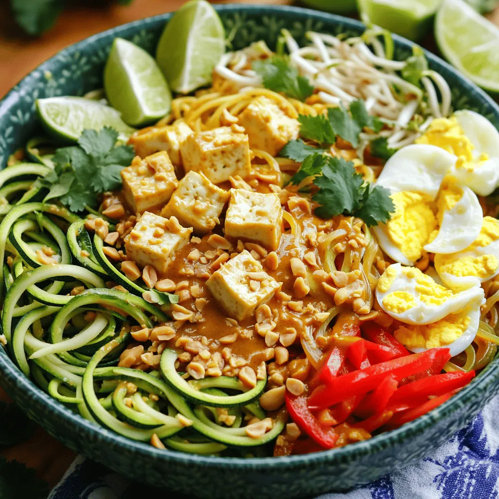 - 2 medium zucchinis, spiralized into noodles - 1 cup firm tofu, cut into bite-sized cubes - 1 cup fresh bean sprouts - 2 large eggs, lightly beaten - 1 red bell pepper, thinly sliced into strips - 3 green onions, finely chopped - 3 cloves garlic, minced - 2 tablespoons tamari or soy sauce - 1 tablespoon freshly squeezed lime juice - 1 tablespoon creamy peanut butter - 1 teaspoon sesame oil - 2 tablespoons crushed peanuts, for garnish - Fresh cilantro, for garnish - Salt and black pepper, to taste When making Zucchini Noodle Pad Thai, measuring ingredients accurately helps. Use medium zucchinis for balance. One cup of tofu gives great protein. A red bell pepper adds color and flavor. Fresh bean sprouts bring that crunch. Use 2 large eggs for richness and 3 cloves of garlic for that aromatic kick. Finally, the tamari or soy sauce and lime juice balance the dish perfectly. If you're vegan, skip the eggs and add more tofu. You can swap tofu for chicken or shrimp if you want meat. For nut allergies, use sunbutter or tahini instead of peanut butter. If gluten-free, ensure your tamari is certified gluten-free. Enjoy this dish no matter your dietary needs! For the full recipe, check out the details above. To start, you need to spiralize the zucchinis. This turns them into fun noodles. Use a spiralizer or a julienne peeler. Aim for long, thin strands. Once you finish, place the noodles in a bowl. Set them aside while you prepare the other ingredients. Next, heat a non-stick skillet over medium heat. Add the sesame oil and let it warm up. Once hot, toss in the cubed tofu. Cook the tofu for 5 to 7 minutes. You want it golden brown on all sides. When done, remove the tofu from the skillet and place it on a plate. In the same skillet, add minced garlic and sliced red bell pepper. Sauté them for about 2 to 3 minutes. Stir often until the pepper turns tender. Move the veggies to one side of the skillet. Pour the beaten eggs in the empty space. Scramble the eggs gently until they just set. Mix the eggs with the veggies after cooking. Now it’s time to bring everything together. Add the spiralized zucchini and cooked tofu back into the skillet. Toss all the ingredients together carefully. In a small bowl, mix the tamari, lime juice, and peanut butter. Whisk until smooth. Pour this sauce over the noodles. Stir to coat everything nicely. Finally, fold in the fresh bean sprouts and chopped green onions. Keep tossing for another 1 to 2 minutes. Taste your dish and add salt and black pepper if needed. When it’s all heated through, remove the skillet from the heat. Serve your Zucchini Noodle Pad Thai in colorful bowls. Top with crushed peanuts and fresh cilantro for a lovely finish. For the full recipe, check out the details above! To make perfect zucchini noodles, use a spiralizer. This tool turns zucchini into long, curly noodles. Pick firm zucchinis for the best results. Wash them well before spiralizing. Cut off the ends and then spiralize. Aim for even noodles. If you don’t have a spiralizer, a vegetable peeler works too. Just make thin ribbons instead. Let the noodles sit in a towel to remove excess water before cooking. Seasoning is key to a tasty Zucchini Noodle Pad Thai. Start with garlic and onion for a strong base. Use tamari or soy sauce for saltiness and umami. Fresh lime juice adds brightness to the dish. Peanut butter gives a creamy texture and rich flavor. Don't forget to add salt and black pepper to taste. Mix these ingredients well to enhance the overall flavor. Feel free to adjust based on your preference. Tofu can make or break your dish. Use firm tofu for the best texture. Cut it into small cubes for even cooking. Sauté the tofu in sesame oil for about 5-7 minutes until golden brown. This adds flavor and crispness. Don’t overcrowd the pan; cook in batches if needed. Remove the tofu once cooked and set it aside. This keeps it crispy for later. Incorporating these techniques will make your dish shine. Check out the Full Recipe for a step-by-step guide! {{image_4}} To make this dish vegan, simply skip the eggs. The zucchini noodles and tofu still create a tasty meal. You can add more bean sprouts or extra veggies for texture. The sauce will still give you that authentic Pad Thai flavor without the eggs. If you prefer meat, chicken or shrimp works great. Just cook the chicken in the skillet until it's golden and fully cooked. For shrimp, add them in the last few minutes of cooking. Both options boost the protein and make the dish heartier. Want some heat? Add Sriracha to the sauce. Start with a small amount, like a teaspoon, and mix it in. You can always add more if you like it spicy. This twist adds a zing that elevates the whole dish. For the full recipe, check out the steps above to create your Zucchini Noodle Pad Thai. You can store Zucchini Noodle Pad Thai in the fridge. Place it in an airtight container. It will stay fresh for up to three days. Make sure the noodles are not too wet before storing. This keeps them from getting soggy. Freezing Zucchini Noodle Pad Thai is not the best option. Zucchini noodles can become mushy when thawed. If you must freeze it, separate the sauce and noodles. Store them in separate containers. You can freeze the sauce for up to three months. The noodles should be used fresh. To reheat your Zucchini Noodle Pad Thai, use a skillet. Heat it on medium. Add a splash of water or oil to prevent sticking. Stir the dish until heated through. You can also use the microwave. Heat for 1-2 minutes, stirring halfway. Enjoy it warm for the best taste. Yes, you can use regular noodles. Rice noodles work best for Pad Thai. They add a chewy texture. However, using zucchini keeps the dish light and healthy. If you want a low-carb option, stick with zucchini noodles. To make it more filling, add protein. You can use chicken, shrimp, or more tofu. Another option is to increase the number of eggs. You can also serve it over brown rice or quinoa. This extra base gives you more fiber and keeps you full longer. If you need a substitute for peanut butter, try almond butter or sunflower seed butter. Both give a nice flavor. You can also use tahini, which is made from sesame seeds. If you're allergic to nuts, sunflower seed butter is a great choice. It still keeps the dish creamy and tasty. For the complete recipe, check out the [Full Recipe]. This article covered the key ingredients for a tasty dish, from zucchini noodles to substitutes. You learned how to prepare and cook, plus tips for the best results. We explored delicious variations, including vegan options and spicy twists. Lastly, I shared how to store your creation for later enjoyment. Using these tips, you can make a great meal. Enjoy experimenting with flavors and techniques!