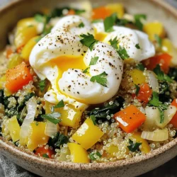 To make this tasty dish, gather these key items: - 1 cup quinoa, thoroughly rinsed - 2 cups vegetable broth (or water) - 1 tablespoon extra virgin olive oil - 1 small onion, finely chopped - 2 garlic cloves, minced - 1 bell pepper, diced (choose your favorite color) - 1 cup fresh spinach, roughly chopped - 1 teaspoon ground cumin - 1 teaspoon smoked paprika - Salt and freshly ground black pepper, to taste These ingredients form the base of your savory breakfast quinoa. The quinoa serves as a great source of protein, while the veggies add color and flavor. You can enhance the dish with these options: - 2 large eggs (for extra protein) - Fresh parsley, chopped, for garnish Adding eggs gives extra protein and creaminess. Fresh parsley not only looks pretty but adds a fresh taste. Each serving of savory breakfast quinoa offers: - Calories: 300 - Protein: 10g - Carbohydrates: 40g - Fat: 12g - Fiber: 6g This meal provides a balanced mix of nutrients. You can enjoy a filling breakfast that energizes your day. For the full recipe, check out the details above. Start by rinsing one cup of quinoa under cold water. This step removes bitterness. Next, put the rinsed quinoa in a medium saucepan with two cups of vegetable broth. Bring this mix to a boil over medium-high heat. Once it boils, lower the heat to a simmer. Cover the pot and let it cook for 15 minutes. When the liquid is gone, take it off the heat and let it sit covered for five more minutes. Fluff the quinoa gently with a fork. This makes it light and fluffy. While the quinoa cooks, heat one tablespoon of extra virgin olive oil in a large skillet on medium heat. When the oil is hot, add one small onion, finely chopped. Sauté the onion until it turns clear and soft, about five minutes. Add two minced garlic cloves and one diced bell pepper. Cook for another three to four minutes until the peppers get soft. Next, stir in one cup of roughly chopped spinach, one teaspoon of ground cumin, and one teaspoon of smoked paprika. Cook for about two minutes until the spinach wilts. Season your mixture with salt and black pepper to taste. Now, it’s time to bring it all together! Carefully add the cooked quinoa to the skillet with your sautéed veggies. Stir everything well until mixed. Taste and adjust the seasoning if needed. If you want extra protein, you can cook two large eggs separately. Fry or poach them to your liking. To serve, scoop the savory quinoa mixture into bowls. Top each bowl with a cooked egg and a sprinkle of freshly chopped parsley. This adds a fresh pop of color and flavor. Enjoy your flavorful morning boost! For more details, check the Full Recipe. To cook quinoa just right, rinse it under cold water. This step removes any bitterness. Use a ratio of 1 cup quinoa to 2 cups broth or water. Bring it to a boil, then reduce the heat and cover. Let it simmer for 15 minutes. After that, let it sit for 5 minutes. Fluff it with a fork for light, fluffy grains. For a boost of flavor, use ground cumin and smoked paprika. They add warmth and depth. Fresh herbs like parsley or cilantro brighten up each bite. You can also add cheese for creaminess or hot sauce for heat. Try adding mushrooms or zucchini for extra veggies. Feel free to mix and match to suit your taste. Serve your quinoa in a bowl. Top it with a poached or fried egg for protein. A sprinkle of fresh parsley adds color. You can pair it with sliced avocado for healthy fats. Fresh fruit on the side makes a lovely contrast. For a heartier meal, add whole-grain toast. This dish is filling, flavorful, and perfect to start your day right. For the full recipe, check out the instructions above! {{image_4}} You can easily make this dish vegan. Just skip the eggs. Instead, top your bowl with avocado slices or a sprinkle of nutritional yeast. Both add creaminess and flavor. You can also mix in some cooked beans for extra protein. Black beans work great here. This keeps your meal hearty and satisfying without any animal products. If you enjoy meat, add cooked sausage or shredded chicken. These proteins pair well with the spices in the dish. For a lighter option, use eggs. You can fry, poach, or scramble them on the side. Add them right on top before serving. This gives you a nice protein boost to start your day. Want to change things up? Try adding different spices. For a Mexican twist, mix in some chili powder and cilantro. For an Italian flair, use oregano and sun-dried tomatoes. If you crave a Mediterranean vibe, toss in olives and feta cheese. Each variation brings new tastes and keeps breakfast exciting. Explore these options for a fun and flavorful morning boost. For the full recipe, check out Savory Breakfast Quinoa Bowl. Store leftover savory breakfast quinoa in an airtight container. Make sure it cools first. Place it in the fridge for up to three days. If you want to keep it longer, consider freezing. To reheat, take the quinoa from the fridge. Place it in a microwave-safe bowl. Add a splash of water to keep it moist. Heat on medium for 1-2 minutes, stirring halfway. You can also reheat it on the stove. Just add a little water and warm it over low heat until hot. You can freeze savory breakfast quinoa for up to three months. Divide it into portions in freezer-safe bags. Squeeze out air before sealing. When ready to eat, thaw it overnight in the fridge. Then, reheat as described above. Enjoy your delicious meal any time! Yes, you can make Savory Breakfast Quinoa ahead of time. Prepare the quinoa and the veggie mix. Store them separately in the fridge for up to four days. When you're ready to eat, just reheat them together in a pan. This saves time on busy mornings. If you don’t have quinoa, try using rice or farro. Both grains cook well and add a nice texture. For a gluten-free option, use millet or amaranth. These grains work great with the same flavors in the recipe. Adjust cooking times based on the grain you choose. To spice up your Savory Breakfast Quinoa, add a pinch of cayenne pepper or chili flakes. You can also toss in some chopped jalapeños for a fresh heat. For a flavor boost, try adding a splash of soy sauce or some hot sauce. Fresh herbs can add brightness, too. Feel free to check out the Full Recipe for more tips and tricks! This blog post covers a simple and tasty way to make savory breakfast quinoa. You learned about the key ingredients and meal variations that suit different diets. I included cooking steps, tips for perfect quinoa, and storage info to keep it fresh. Try making this dish your own with your favorite flavors. Enjoy a healthy breakfast packed with nutrients and energy!