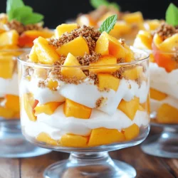 - 3 ripe peaches, diced - 1 cup cream cheese, softened - 1/2 cup plain Greek yogurt - 1/3 cup powdered sugar - 1 teaspoon vanilla extract - 1 cup cinnamon granola - 1 teaspoon ground cinnamon - 1/2 cup mini marshmallows - Fresh mint leaves for garnish The ingredients for this Peach Cobbler Cheesecake Salad are simple, fresh, and easy to find. The star of the show is the peaches. Ripe peaches add a sweet and juicy flavor. You want to choose peaches that are soft and fragrant. Cream cheese and Greek yogurt make the base creamy. They mix well together and give a nice tang. The powdered sugar adds sweetness. A splash of vanilla extract enhances the flavors. Cinnamon granola adds crunch. It brings a warm spice that pairs well with the peaches. Ground cinnamon adds even more warmth. Mini marshmallows add a fun, fluffy texture. Finally, fresh mint leaves are a lovely garnish. They give a pop of color and a hint of freshness. This salad is not only tasty but also quite nutritious. Each serving has about: - Calories: 250 - Total Fat: 10g - Sugar: 20g The calories come mainly from the cream cheese and granola. The sugar is from the peaches and powdered sugar. This dish offers a balance of sweetness and creaminess, making it a delightful treat. If you can't find cream cheese, try using mascarpone cheese. It has a similar texture and flavor. For Greek yogurt, you can use regular yogurt. Just make sure it's thick enough to hold up in the salad. If you want a dairy-free option, use vegan cream cheese and coconut yogurt. For the granola, any crunchy cereal will work. Just be sure it has a bit of sweetness and spice. You can mix and match these ingredients to create your perfect Peach Cobbler Cheesecake Salad! For the full recipe, check out the details above. 1. Mixing the cream cheese and yogurt Start by taking your medium mixing bowl. Add the softened cream cheese, plain Greek yogurt, powdered sugar, and vanilla extract. Use an electric mixer on medium speed. Beat until the mixture is smooth and creamy. Make sure there are no lumps. 2. Folding in the peaches and marshmallows Once your cream cheese mixture is smooth, gently fold in the diced peaches and mini marshmallows. Use a rubber spatula for this step. Be careful not to break down the peaches. You want them to stay chunky for great texture. 1. Instructions for layering the ingredients Grab your serving bowls or a large trifle dish. Start by spooning in a layer of the peach cheesecake mixture. Next, add a layer of cinnamon granola. Repeat this process until you use all the ingredients. End with a layer of the peach cheesecake mixture on top. 2. Tips for creating a visually appealing presentation To make your salad look stunning, use clear glass dishes. This way, guests can see the beautiful layers. Before serving, sprinkle extra cinnamon granola on top. Add fresh peach slices for a colorful touch. 1. Recommended chill time Cover your salad with plastic wrap. Chill in the refrigerator for at least 30 minutes. This allows the flavors to blend and deepen. 2. Final garnishing touches When you're ready to serve, add fresh mint leaves on top. This adds color and a nice aroma. Now your Peach Cobbler Cheesecake Salad is ready to impress! For the full recipe, check out the complete instructions above. Enjoy your refreshing summer delight! To achieve a creamy texture, always start with room temperature cream cheese. This helps the cream cheese blend smoothly with the yogurt. If it's too cold, you'll end up with lumps. Mix it well until it’s light and fluffy. To prevent peach breakdown during mixing, be gentle. After you combine the cream cheese and yogurt, fold in the diced peaches with a rubber spatula. This keeps them intact and gives your salad a nice texture. Pair this salad with a refreshing iced tea or lemonade. The cool drinks balance the sweet and creamy flavors. You can also serve it with a scoop of vanilla ice cream for a fun twist! This dish shines at summer gatherings. It’s perfect for picnics, barbecues, or family reunions. The vibrant colors and flavors will impress your guests. For capturing the dish, use natural light. A bright kitchen or outdoor setting works best. Try to shoot from above to show off the layers. Consider making a step-by-step video tutorial. This can guide others on how to create this delightful salad. It makes the cooking process fun and easy for everyone. {{image_4}} You can swap peaches for many other fruits. Try ripe strawberries, juicy blueberries, or sweet cherries. Each fruit brings a unique flavor to your salad. Seasonal fruits like blackberries or raspberries can also shine in this dish. Enjoying different fruits makes this salad fun year-round. You can even mix fruits for a colorful twist! Let your creativity flow with toppings and mix-ins. You might add chopped nuts for crunch. Walnuts or almonds work great! For a sweet touch, drizzle honey over the top. You can also play with flavors by using different spices. A pinch of nutmeg or a splash of almond extract can enhance the taste. These little changes can make a big difference. If you have dietary needs, don’t worry! You can easily adapt this recipe. Use dairy-free cream cheese and yogurt for a dairy-free salad. Coconut yogurt adds a tasty twist. For a gluten-free option, choose gluten-free granola. These changes keep the flavor and texture without missing out. Your guests will love it just as much! To keep your Peach Cobbler Cheesecake Salad fresh, store it in the refrigerator. Use an airtight container to prevent it from absorbing other odors. Place the salad in the fridge as soon as you finish serving. This keeps the flavors bright and tasty. If you want to freeze it, note that creamy textures may change. I recommend not freezing this salad due to its ingredients. Consume your salad within three days for the best flavor. After that, the peaches may start to break down. Look for signs of spoilage, such as a sour smell or a change in texture. If the salad looks watery or slimy, it’s best to toss it. For leftovers, enjoy them cold straight from the fridge. If you want to soften the texture, let it sit at room temperature for a few minutes. Avoid reheating in the microwave, as it can make the salad watery and ruin the creamy feel. Keep it simple and delicious by serving it cold! Peach Cobbler Cheesecake Salad is a sweet and creamy dish. It combines fresh peaches, cream cheese, and yogurt. The flavors blend well with cinnamon and granola. This salad tastes like a peach cobbler but is lighter. You get a mix of creamy and crunchy textures in every bite. The mini marshmallows add extra sweetness and fun. It's a perfect treat for summer days. Yes, you can make this salad ahead of time. Preparing it a few hours before serving works best. Just cover the dish and chill it in the fridge. This allows all the flavors to mix together. If you want to prepare it a day ahead, that’s fine too. Just keep it tightly covered to maintain freshness. Be sure to add the mint leaves right before serving for a fresh look. To adjust sweetness, you can change the amount of powdered sugar. If you like it sweeter, add more sugar. If you want it less sweet, use less. You can also swap the marshmallows for a healthier option. Try adding fresh fruit instead. Just taste as you go to find the right balance for you. Yes, this recipe is great for potlucks. It’s easy to share and looks beautiful. You can make it in a large dish or individual cups. Just remember to keep it chilled before serving. People love its unique flavor, and it’s sure to impress. Plus, it’s simple to prepare, making it a stress-free option for gatherings. This blog post outlines how to make a delicious Peach Cobbler Cheesecake Salad. You learned about key ingredients and possible swaps. I provided step-by-step instructions for easy preparation and serving tips. The variations section helps you customize the recipe to your taste. Lastly, I shared storage tips to keep your salad fresh. This dish is perfect for gatherings or simple family meals. Enjoy making it your own!