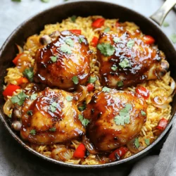 - 4 boneless, skinless chicken thighs - 1 cup jasmine rice - 2 cups chicken broth - 1/2 cup barbecue sauce (your favorite brand) - 1/4 cup honey - 1 red bell pepper, diced - 1 small onion, finely chopped - 2 cloves garlic, minced - 1 teaspoon smoked paprika - Salt and pepper to taste - 2 tablespoons olive oil The main ingredients set the stage for the One-Pan Honey BBQ Chicken Rice. You need juicy chicken thighs, which add great flavor. Jasmine rice cooks fluffy and absorbs the sauce well. Chicken broth brings richness to the dish. The honey and BBQ sauce blend sweet and tangy notes, making every bite delicious. Aromatics like onion and garlic add depth. Don't forget smoked paprika for a touch of warmth and color. Season with salt and pepper to enhance all the flavors. - Fresh cilantro or parsley for garnish - Additional toppings Garnishes elevate the dish. Fresh herbs like cilantro or parsley add brightness and color. They also bring a nice freshness that balances the rich flavors. For more fun, consider adding toppings like sliced green onions or crunchy fried onions. These extras can add texture and visual appeal, making your meal even more inviting. Enjoy the beautiful presentation as much as the tasty flavors! Preparing chicken thighs First, pat the chicken thighs dry with paper towels. This helps the chicken crisp up nicely. Next, season them with salt, pepper, and smoked paprika. Make sure every side is coated well. This will boost the flavor of your dish. Sautéing aromatics Now, heat the olive oil in a large skillet over medium heat. Once the oil is hot, add the chopped onion and minced garlic. Stir them for about 2-3 minutes until the onion turns soft and smells great. This step builds a flavorful base for your dish. Browning the chicken Carefully add the seasoned chicken thighs to the pan. Cook them for about 5 minutes on each side. You want them to get a nice golden-brown crust. Once browned, take the chicken out and set it aside on a plate. Cooking rice with sauce In the same pan, add the diced red bell pepper and jasmine rice. Stir everything together, letting the rice toast for 1-2 minutes. This adds a nice depth of flavor. Then, mix the barbecue sauce and honey in a bowl until smooth. Pour this mixture into the pan, along with the chicken broth. Stir well to combine. Simmering and resting Return the browned chicken to the pan, gently placing it among the rice. Ensure the chicken is partly submerged in the liquid for even cooking. Raise the heat slightly to let everything simmer. Once it bubbles, lower the heat to low, cover the pan, and let it cook for 20-25 minutes. Check occasionally to prevent the rice from sticking. Add a splash of broth if needed. Fluffing and garnishing After the cooking time, turn off the heat. Let the dish rest for 5 minutes with the lid on. This helps the flavors blend well. Use a fork to fluff the rice, separating the grains. Mix the chicken in gently. If you like, garnish with fresh cilantro or parsley for a pop of color. Enjoy your One-Pan Honey BBQ Chicken Rice! For more details, check out the Full Recipe. To ensure even cooking, always pat your chicken thighs dry before seasoning. This helps the spice mix stick better. Season both sides well with salt, pepper, and smoked paprika. When you brown the chicken, do it in a hot pan. This gives it that nice crust and flavor. To avoid burnt rice, keep an eye on the heat. Once you add the rice and broth, stir well. This helps prevent the rice from sticking to the pan. If you see it starting to stick, add a splash of broth to loosen it up. You can personalize the BBQ sauce to match your taste. Try adding a touch of hot sauce for some heat. If you love sweetness, add more honey. You can also experiment with different BBQ sauces for new flavors. Adding vegetables boosts nutrition and flavor. Diced carrots, peas, or corn work great. You can toss them in with the rice to cook together. This not only adds color, but it also makes the dish more filling. You can find the full recipe [here](#). {{image_4}} You can easily switch up the proteins in this dish. Instead of chicken thighs, use chicken breast for a leaner option. If you want a plant-based twist, try tofu. Just make sure to press the tofu to remove excess water for better texture. You can also change the grain. While jasmine rice is lovely, brown rice adds more fiber. Quinoa is another great choice. It cooks fast and has a nice nutty flavor. Each swap gives you a new take on this dish. Want to add a kick? Consider spicy variations. You can mix in some red pepper flakes or hot sauce to the barbecue sauce. This adds heat without losing the sweet flavor. For those who prefer sweeter options, add pineapple chunks. They pair nicely with honey and BBQ sauce. You could also use teriyaki sauce instead of BBQ for a different taste. Both options create a fun twist on the classic recipe. For the full recipe, check out One-Pan Honey BBQ Chicken Rice. To keep your One-Pan Honey BBQ Chicken Rice fresh, use airtight containers. Glass or plastic containers work well. Make sure to let the dish cool down first. Store leftovers in the fridge for up to three days. If you want to keep it longer, freeze it. The dish can last for about three months in the freezer. Just remember, the texture may change when you thaw it. When it's time to enjoy your leftovers, reheating is key. The best method is using the stovetop. Place the rice and chicken in a pan. Add a splash of chicken broth or water to keep it moist. Heat on low, stirring often until everything is warm. You can also use the microwave. Cover the dish with a microwave-safe lid to keep the moisture in. Heat for one to two minutes, checking every 30 seconds. This way, your meal stays tasty and juicy. Can I prepare this dish in advance? Yes, you can make this dish ahead of time. Cook it fully and let it cool. Then, store it in an airtight container. When you're ready to eat, just reheat it in the oven or microwave. The flavors will still be great! What can I use instead of jasmine rice? You can use many types of rice. Long-grain white rice or basmati rice works well too. If you prefer brown rice, just increase the cooking time and use more liquid. How spicy is the dish without extra seasonings? This dish is not spicy at all without added heat. The honey and BBQ sauce give it a sweet taste. If you want spice, add some red pepper flakes or hot sauce. How do I adjust cooking time for other proteins? If you swap chicken for beef or pork, cook them until they're browned first. Then, simmer the dish for about 30 minutes. For shrimp, add them in the last 5 minutes to avoid overcooking. What should I do if the rice isn’t fully cooked? If the rice is still hard, add a little more broth or water. Cover the pan and cook for an extra 5-10 minutes. Check it often to make sure it doesn't stick to the bottom. This blog post covered the essential ingredients and steps to make a fantastic BBQ chicken dish. We explored flavors from honey and BBQ sauce to how to personalize your meal. You learned tips to cook evenly and avoid common mistakes. Lastly, we discussed ways to store your leftovers and reheat them perfectly. Cooking should be fun, so feel free to experiment with flavors. Enjoy every bite of your creation!