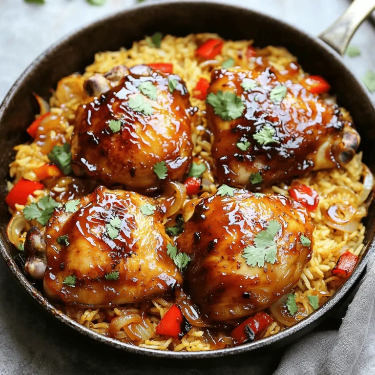 - 4 boneless, skinless chicken thighs - 1 cup jasmine rice - 2 cups chicken broth - 1/2 cup barbecue sauce (your favorite brand) - 1/4 cup honey - 1 red bell pepper, diced - 1 small onion, finely chopped - 2 cloves garlic, minced - 1 teaspoon smoked paprika - Salt and pepper to taste - 2 tablespoons olive oil The main ingredients set the stage for the One-Pan Honey BBQ Chicken Rice. You need juicy chicken thighs, which add great flavor. Jasmine rice cooks fluffy and absorbs the sauce well. Chicken broth brings richness to the dish. The honey and BBQ sauce blend sweet and tangy notes, making every bite delicious. Aromatics like onion and garlic add depth. Don't forget smoked paprika for a touch of warmth and color. Season with salt and pepper to enhance all the flavors. - Fresh cilantro or parsley for garnish - Additional toppings Garnishes elevate the dish. Fresh herbs like cilantro or parsley add brightness and color. They also bring a nice freshness that balances the rich flavors. For more fun, consider adding toppings like sliced green onions or crunchy fried onions. These extras can add texture and visual appeal, making your meal even more inviting. Enjoy the beautiful presentation as much as the tasty flavors! Preparing chicken thighs First, pat the chicken thighs dry with paper towels. This helps the chicken crisp up nicely. Next, season them with salt, pepper, and smoked paprika. Make sure every side is coated well. This will boost the flavor of your dish. Sautéing aromatics Now, heat the olive oil in a large skillet over medium heat. Once the oil is hot, add the chopped onion and minced garlic. Stir them for about 2-3 minutes until the onion turns soft and smells great. This step builds a flavorful base for your dish. Browning the chicken Carefully add the seasoned chicken thighs to the pan. Cook them for about 5 minutes on each side. You want them to get a nice golden-brown crust. Once browned, take the chicken out and set it aside on a plate. Cooking rice with sauce In the same pan, add the diced red bell pepper and jasmine rice. Stir everything together, letting the rice toast for 1-2 minutes. This adds a nice depth of flavor. Then, mix the barbecue sauce and honey in a bowl until smooth. Pour this mixture into the pan, along with the chicken broth. Stir well to combine. Simmering and resting Return the browned chicken to the pan, gently placing it among the rice. Ensure the chicken is partly submerged in the liquid for even cooking. Raise the heat slightly to let everything simmer. Once it bubbles, lower the heat to low, cover the pan, and let it cook for 20-25 minutes. Check occasionally to prevent the rice from sticking. Add a splash of broth if needed. Fluffing and garnishing After the cooking time, turn off the heat. Let the dish rest for 5 minutes with the lid on. This helps the flavors blend well. Use a fork to fluff the rice, separating the grains. Mix the chicken in gently. If you like, garnish with fresh cilantro or parsley for a pop of color. Enjoy your One-Pan Honey BBQ Chicken Rice! For more details, check out the Full Recipe. To ensure even cooking, always pat your chicken thighs dry before seasoning. This helps the spice mix stick better. Season both sides well with salt, pepper, and smoked paprika. When you brown the chicken, do it in a hot pan. This gives it that nice crust and flavor. To avoid burnt rice, keep an eye on the heat. Once you add the rice and broth, stir well. This helps prevent the rice from sticking to the pan. If you see it starting to stick, add a splash of broth to loosen it up. You can personalize the BBQ sauce to match your taste. Try adding a touch of hot sauce for some heat. If you love sweetness, add more honey. You can also experiment with different BBQ sauces for new flavors. Adding vegetables boosts nutrition and flavor. Diced carrots, peas, or corn work great. You can toss them in with the rice to cook together. This not only adds color, but it also makes the dish more filling. You can find the full recipe [here](#). {{image_4}} You can easily switch up the proteins in this dish. Instead of chicken thighs, use chicken breast for a leaner option. If you want a plant-based twist, try tofu. Just make sure to press the tofu to remove excess water for better texture. You can also change the grain. While jasmine rice is lovely, brown rice adds more fiber. Quinoa is another great choice. It cooks fast and has a nice nutty flavor. Each swap gives you a new take on this dish. Want to add a kick? Consider spicy variations. You can mix in some red pepper flakes or hot sauce to the barbecue sauce. This adds heat without losing the sweet flavor. For those who prefer sweeter options, add pineapple chunks. They pair nicely with honey and BBQ sauce. You could also use teriyaki sauce instead of BBQ for a different taste. Both options create a fun twist on the classic recipe. For the full recipe, check out One-Pan Honey BBQ Chicken Rice. To keep your One-Pan Honey BBQ Chicken Rice fresh, use airtight containers. Glass or plastic containers work well. Make sure to let the dish cool down first. Store leftovers in the fridge for up to three days. If you want to keep it longer, freeze it. The dish can last for about three months in the freezer. Just remember, the texture may change when you thaw it. When it's time to enjoy your leftovers, reheating is key. The best method is using the stovetop. Place the rice and chicken in a pan. Add a splash of chicken broth or water to keep it moist. Heat on low, stirring often until everything is warm. You can also use the microwave. Cover the dish with a microwave-safe lid to keep the moisture in. Heat for one to two minutes, checking every 30 seconds. This way, your meal stays tasty and juicy. Can I prepare this dish in advance? Yes, you can make this dish ahead of time. Cook it fully and let it cool. Then, store it in an airtight container. When you're ready to eat, just reheat it in the oven or microwave. The flavors will still be great! What can I use instead of jasmine rice? You can use many types of rice. Long-grain white rice or basmati rice works well too. If you prefer brown rice, just increase the cooking time and use more liquid. How spicy is the dish without extra seasonings? This dish is not spicy at all without added heat. The honey and BBQ sauce give it a sweet taste. If you want spice, add some red pepper flakes or hot sauce. How do I adjust cooking time for other proteins? If you swap chicken for beef or pork, cook them until they're browned first. Then, simmer the dish for about 30 minutes. For shrimp, add them in the last 5 minutes to avoid overcooking. What should I do if the rice isn’t fully cooked? If the rice is still hard, add a little more broth or water. Cover the pan and cook for an extra 5-10 minutes. Check it often to make sure it doesn't stick to the bottom. This blog post covered the essential ingredients and steps to make a fantastic BBQ chicken dish. We explored flavors from honey and BBQ sauce to how to personalize your meal. You learned tips to cook evenly and avoid common mistakes. Lastly, we discussed ways to store your leftovers and reheat them perfectly. Cooking should be fun, so feel free to experiment with flavors. Enjoy every bite of your creation!