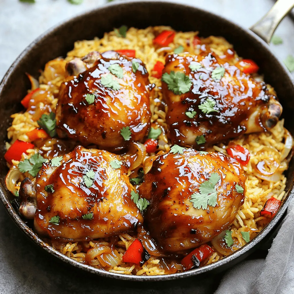 - 4 boneless, skinless chicken thighs - 1 cup jasmine rice - 2 cups chicken broth - 1/2 cup barbecue sauce (your favorite brand) - 1/4 cup honey - 1 red bell pepper, diced - 1 small onion, finely chopped - 2 cloves garlic, minced - 1 teaspoon smoked paprika - Salt and pepper to taste - 2 tablespoons olive oil The main ingredients set the stage for the One-Pan Honey BBQ Chicken Rice. You need juicy chicken thighs, which add great flavor. Jasmine rice cooks fluffy and absorbs the sauce well. Chicken broth brings richness to the dish. The honey and BBQ sauce blend sweet and tangy notes, making every bite delicious. Aromatics like onion and garlic add depth. Don't forget smoked paprika for a touch of warmth and color. Season with salt and pepper to enhance all the flavors. - Fresh cilantro or parsley for garnish - Additional toppings Garnishes elevate the dish. Fresh herbs like cilantro or parsley add brightness and color. They also bring a nice freshness that balances the rich flavors. For more fun, consider adding toppings like sliced green onions or crunchy fried onions. These extras can add texture and visual appeal, making your meal even more inviting. Enjoy the beautiful presentation as much as the tasty flavors! Preparing chicken thighs First, pat the chicken thighs dry with paper towels. This helps the chicken crisp up nicely. Next, season them with salt, pepper, and smoked paprika. Make sure every side is coated well. This will boost the flavor of your dish. Sautéing aromatics Now, heat the olive oil in a large skillet over medium heat. Once the oil is hot, add the chopped onion and minced garlic. Stir them for about 2-3 minutes until the onion turns soft and smells great. This step builds a flavorful base for your dish. Browning the chicken Carefully add the seasoned chicken thighs to the pan. Cook them for about 5 minutes on each side. You want them to get a nice golden-brown crust. Once browned, take the chicken out and set it aside on a plate. Cooking rice with sauce In the same pan, add the diced red bell pepper and jasmine rice. Stir everything together, letting the rice toast for 1-2 minutes. This adds a nice depth of flavor. Then, mix the barbecue sauce and honey in a bowl until smooth. Pour this mixture into the pan, along with the chicken broth. Stir well to combine. Simmering and resting Return the browned chicken to the pan, gently placing it among the rice. Ensure the chicken is partly submerged in the liquid for even cooking. Raise the heat slightly to let everything simmer. Once it bubbles, lower the heat to low, cover the pan, and let it cook for 20-25 minutes. Check occasionally to prevent the rice from sticking. Add a splash of broth if needed. Fluffing and garnishing After the cooking time, turn off the heat. Let the dish rest for 5 minutes with the lid on. This helps the flavors blend well. Use a fork to fluff the rice, separating the grains. Mix the chicken in gently. If you like, garnish with fresh cilantro or parsley for a pop of color. Enjoy your One-Pan Honey BBQ Chicken Rice! For more details, check out the Full Recipe. To ensure even cooking, always pat your chicken thighs dry before seasoning. This helps the spice mix stick better. Season both sides well with salt, pepper, and smoked paprika. When you brown the chicken, do it in a hot pan. This gives it that nice crust and flavor. To avoid burnt rice, keep an eye on the heat. Once you add the rice and broth, stir well. This helps prevent the rice from sticking to the pan. If you see it starting to stick, add a splash of broth to loosen it up. You can personalize the BBQ sauce to match your taste. Try adding a touch of hot sauce for some heat. If you love sweetness, add more honey. You can also experiment with different BBQ sauces for new flavors. Adding vegetables boosts nutrition and flavor. Diced carrots, peas, or corn work great. You can toss them in with the rice to cook together. This not only adds color, but it also makes the dish more filling. You can find the full recipe [here](#). {{image_4}} You can easily switch up the proteins in this dish. Instead of chicken thighs, use chicken breast for a leaner option. If you want a plant-based twist, try tofu. Just make sure to press the tofu to remove excess water for better texture. You can also change the grain. While jasmine rice is lovely, brown rice adds more fiber. Quinoa is another great choice. It cooks fast and has a nice nutty flavor. Each swap gives you a new take on this dish. Want to add a kick? Consider spicy variations. You can mix in some red pepper flakes or hot sauce to the barbecue sauce. This adds heat without losing the sweet flavor. For those who prefer sweeter options, add pineapple chunks. They pair nicely with honey and BBQ sauce. You could also use teriyaki sauce instead of BBQ for a different taste. Both options create a fun twist on the classic recipe. For the full recipe, check out One-Pan Honey BBQ Chicken Rice. To keep your One-Pan Honey BBQ Chicken Rice fresh, use airtight containers. Glass or plastic containers work well. Make sure to let the dish cool down first. Store leftovers in the fridge for up to three days. If you want to keep it longer, freeze it. The dish can last for about three months in the freezer. Just remember, the texture may change when you thaw it. When it's time to enjoy your leftovers, reheating is key. The best method is using the stovetop. Place the rice and chicken in a pan. Add a splash of chicken broth or water to keep it moist. Heat on low, stirring often until everything is warm. You can also use the microwave. Cover the dish with a microwave-safe lid to keep the moisture in. Heat for one to two minutes, checking every 30 seconds. This way, your meal stays tasty and juicy. Can I prepare this dish in advance? Yes, you can make this dish ahead of time. Cook it fully and let it cool. Then, store it in an airtight container. When you're ready to eat, just reheat it in the oven or microwave. The flavors will still be great! What can I use instead of jasmine rice? You can use many types of rice. Long-grain white rice or basmati rice works well too. If you prefer brown rice, just increase the cooking time and use more liquid. How spicy is the dish without extra seasonings? This dish is not spicy at all without added heat. The honey and BBQ sauce give it a sweet taste. If you want spice, add some red pepper flakes or hot sauce. How do I adjust cooking time for other proteins? If you swap chicken for beef or pork, cook them until they're browned first. Then, simmer the dish for about 30 minutes. For shrimp, add them in the last 5 minutes to avoid overcooking. What should I do if the rice isn’t fully cooked? If the rice is still hard, add a little more broth or water. Cover the pan and cook for an extra 5-10 minutes. Check it often to make sure it doesn't stick to the bottom. This blog post covered the essential ingredients and steps to make a fantastic BBQ chicken dish. We explored flavors from honey and BBQ sauce to how to personalize your meal. You learned tips to cook evenly and avoid common mistakes. Lastly, we discussed ways to store your leftovers and reheat them perfectly. Cooking should be fun, so feel free to experiment with flavors. Enjoy every bite of your creation!