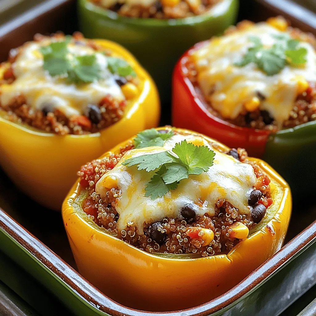- 4 large bell peppers (choose a mix of colors for visual appeal) - 1 lb ground turkey (lean) - 1 cup cooked quinoa (can use any variety, such as white or red) - 1 teaspoon ground cumin - 1 teaspoon chili powder - 1 teaspoon smoked paprika (for depth of flavor) - 2 cloves garlic, minced - 1 small onion, finely chopped - 1 cup shredded cheese (cheddar or Monterey Jack work well) - 1 can (15 oz) black beans, rinsed and drained (for added protein) - 1 cup corn kernels (fresh, canned, or frozen, thawed) - Fresh cilantro for garnish - Preheat the oven to 375°F (190°C). This step helps cook the peppers evenly. - For the bell peppers, cut off the tops and remove the seeds and membranes. Make sure they stand upright in a baking dish. - Heat a tablespoon of oil in a large skillet over medium heat. - Add the chopped onion and sauté for about 3-4 minutes until soft. - Next, add minced garlic and stir for one more minute. This adds great flavor. - Increase the heat and add the ground turkey. Sprinkle in cumin, chili powder, smoked paprika, salt, and pepper. Cook for 6-8 minutes until browned. - Mix in the cooked quinoa, black beans, and corn. Stir well and heat for 2-3 minutes, letting the flavors blend. - Remove the skillet from heat. Stir in half a cup of shredded cheese until it melts. - Stuff each bell pepper generously with the turkey mixture. Press it down for a good fit. - Top each pepper with the rest of the cheese for a melty layer. - Cover the dish with foil to keep moisture in. Bake for 25 minutes. - After 25 minutes, remove the foil and bake for another 10-15 minutes until the cheese is bubbly and golden. - Let the peppers cool for a few minutes. Before serving, add chopped cilantro for a fresh touch. These steps will guide you to a delicious plate of stuffed bell peppers with ground turkey. For the complete recipe, check out the Full Recipe. To make your stuffed peppers burst with flavor, pay attention to seasoning. Start with the ground turkey. Use salt, pepper, cumin, chili powder, and smoked paprika. These spices add depth and warmth. Mix them in well as the turkey cooks. You want each bite to pack a punch. Balancing flavors is key. If your filling tastes flat, try adding a splash of lime juice. Fresh herbs like cilantro brighten the dish. A pinch of sugar can help balance the acidity of tomatoes, if used. Always taste as you go! Choosing colorful bell peppers makes your dish pop. A mix of red, yellow, and green peppers is stunning. Their bright colors attract the eye and make the meal more fun. For presentation, arrange the stuffed peppers on a colorful platter. You can also serve them with a side salad or tortilla chips. This adds crunch and freshness. A sprig of cilantro on top brings it all together. If you have dietary needs, you can adjust the recipe. For a low-carb option, skip the quinoa and add more veggies. Cauliflower rice is a great substitute. Want to save time? Use an air fryer. Set it to 375°F and cook for about 15 minutes. This method gives you crispy skin and juicy filling. Just keep an eye on them to avoid overcooking. {{image_4}} You can easily switch up the protein in this dish. Ground turkey is a great choice, but beef or chicken work well too. If you prefer plant-based meals, try lentils or mushrooms for a hearty filling. For grains, quinoa adds a nice texture. However, you can also use rice, couscous, or barley. Each grain brings its own flavor and can change the dish. So feel free to experiment! Want to spice things up? A Mexican twist can add fun! Toss in some salsa or fresh avocado for creamy flavor. You can also add black olives and feta cheese for a Mediterranean vibe. These flavors make each bite special and different. If you enjoy heat, adding jalapeños is a fantastic idea! You can mix them into the filling or slice them on top. Hot sauce is another easy way to kick up the spice. When it comes to cheese, choose mild options for a gentle taste. Spicy cheese can add a kick if you like it hot. You can mix and match as you prefer. Enjoy creating your perfect stuffed pepper! For the full recipe, check out the details above. To keep your cooked stuffed peppers fresh, let them cool first. Place them in an airtight container. Store them in the fridge. They stay tasty for up to 4 days. Always check for any strange smells before eating leftovers. If you want to freeze stuffed bell peppers, follow these steps: - Let them cool completely. - Wrap each pepper in plastic wrap. - Place them in a freezer bag or container. They can last up to 3 months in the freezer. When you are ready to eat, thaw them in the fridge overnight. Reheat in the oven at 350°F (175°C) for about 20-25 minutes or until heated through. You can assemble stuffed peppers in advance for quick dinners. Just prepare the filling and stuff the peppers. Store them in the fridge for up to 2 days before baking. For busy weeks, batch cook the filling. Use it for wraps, tacos, or salads too. This way, you can enjoy different meals with one base. You can pair stuffed bell peppers with many tasty sides. Here are some ideas: - A fresh green salad for crunch - Tortilla chips for a fun twist - Rice or quinoa for extra carbs - Roasted vegetables for added flavor - A dollop of sour cream for creaminess Yes, you can prepare stuffed peppers in advance. Here’s how: - Cook the filling and stuff the peppers. - Cover the dish tightly with plastic wrap or foil. - Store in the fridge for up to 24 hours. - Bake them when you are ready to eat. To tell if your stuffed peppers are ready, look for these signs: - The cheese should be bubbly and golden. - The peppers should be tender but not mushy. - A meat thermometer can check if the filling is 165°F (74°C). Absolutely! You can mix it up with different cheeses. Here are some great choices: - Mozzarella for a stretchy, gooey texture - Feta for a tangy flavor - Pepper Jack for a spicy kick - Parmesan for a nutty taste Using different cheeses can change the dish's flavor and texture. Check out the Full Recipe for more details. Stuffed bell peppers are a tasty, easy meal. We covered key ingredients like ground turkey and quinoa. Adding spices like cumin makes them full of flavor. You learned to prep, cook, and assemble them step-by-step. Consider your own twists on this dish. Adjust flavors or swap ingredients to fit your taste. With these tips in hand, you can create a nourishing, colorful meal that impresses. Make today the day you enjoy a warm plate of stuffed bell peppers!