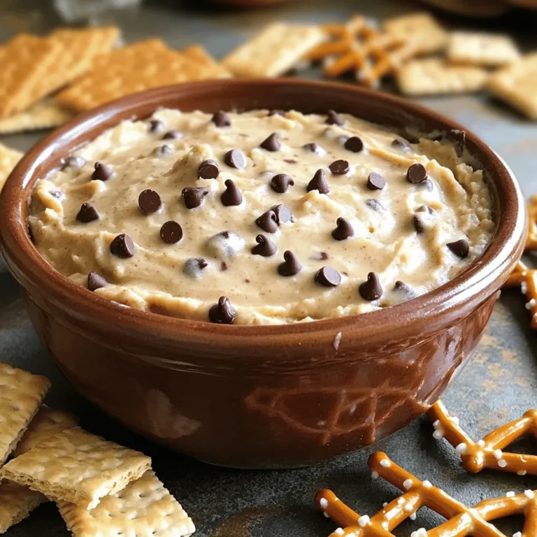 To make Chocolate Chip Cookie Dough Dip, you need simple ingredients. This dip tastes just like cookie dough but is safe to eat. You can whip it up quickly and enjoy it with fun dippers. - 1 cup all-purpose flour (heat-treated for safety) - ½ cup packed brown sugar - ½ cup granulated sugar - 1 teaspoon pure vanilla extract - ½ cup unsalted butter, softened - 1 (8 oz) package cream cheese, softened - ½ cup mini chocolate chips - A pinch of salt - Optional dippers: graham crackers, pretzels, or sliced fresh fruit Using heat-treated flour is key. It makes the dip safe to eat raw. You can do this at home. Just bake the flour at 350°F for 5 minutes. Let it cool before using. The blend of brown and granulated sugar gives a sweet, rich flavor. Pure vanilla extract adds depth. The softened butter and cream cheese create a creamy texture. Mini chocolate chips add little bursts of sweetness in every bite. You can use graham crackers or fruit for dipping. They make every scoop exciting! This Chocolate Chip Cookie Dough Dip is an easy crowd-pleaser. You can serve it at parties or snack on it at home. Grab your ingredients and get ready for a delightful treat! To start, heat-treat your flour. This step is key for safety. Spread 1 cup of flour on a baking sheet. Bake it at 350°F for 5 minutes. Let it cool before using. This process kills any germs in the flour. Next, mix the butter and cream cheese. In a large bowl, add ½ cup of softened butter and 1 (8 oz) package of softened cream cheese. Use an electric mixer to beat them together. Aim for a smooth and creamy texture. This mix should have no lumps. Now, it’s time to combine the dry and wet ingredients. - Gradually adding in the flour mix: Add the heat-treated flour to the butter mixture. Do this slowly, mixing as you go. Scrape the sides of the bowl often. This keeps everything even. - Folding in chocolate chips: Add ½ cup of mini chocolate chips last. Fold them gently into the mix. This way, you keep the chips whole. They add a nice crunch to your dip. Once mixed, transfer the dip to a serving bowl. Cover it with plastic wrap. Chill it in the fridge for about 30 minutes. This helps the flavors blend and makes it thicker. When ready to serve, present it with fun dippers. You can use graham crackers, pretzels, or fresh fruit slices. This makes your dip even more enjoyable. The Full Recipe has all you need to create this sweet treat! To get a smooth dip, use softened butter and cream cheese. This helps mix the ingredients well. If your cream cheese is too cold, you may get lumps. Make sure to mix them until creamy and smooth. Scrape the bowl sides to catch any bits. This way, you ensure an even blend. Start mixing slowly to avoid splatters. Once the ingredients are combined, increase the mixer speed. This creates a light and fluffy texture. Use a spatula to fold in the chocolate chips gently. This keeps the mini chips intact and evenly distributed. Do not overmix after adding the chips; it can make the dip dense. For a fun presentation, use a colorful platter. Arrange your dippers around the dip bowl. You can use graham crackers, pretzels, or fresh fruit slices. Garnish the top of the dip with extra mini chocolate chips. This adds a nice touch and makes it look appetizing. For an interactive snack, let guests scoop their own dip. It makes the experience more fun! {{image_4}} You can make chocolate chip cookie dough dip healthier with a few swaps. Instead of using regular sugar, try lower-sugar options. You can use coconut sugar or a sugar substitute like stevia. These options can cut down on calories while keeping it sweet. Additionally, using light cream cheese helps reduce fat. Want to mix things up? Add peanut butter to the dip for an extra layer of flavor. Just stir in ¼ cup of creamy peanut butter when you mix the butter and cream cheese. You can also try adding crushed nuts or even toffee bits. Each mix-in can change the dip's taste and texture. You can dress up the dip for holidays! For a fall twist, add pumpkin spice to the mix. Just a teaspoon can give it warm, festive vibes. During winter, sprinkle in crushed peppermint candies for a fresh flavor. Pair these with themed dippers, like gingerbread cookies or festive fruits. This way, you create a treat that fits any occasion. For all the details, check out the Full Recipe. To keep your cookie dough dip fresh, store it in an airtight container. This helps keep it creamy and tasty. Make sure to seal it well to avoid any air exposure. You can also place a piece of plastic wrap directly on the dip before closing the container. This extra step adds another layer of protection. When stored properly, this dip lasts about 3 to 5 days in the fridge. Always check for any signs of spoilage, such as a change in smell or texture. If it looks or smells off, it’s best to toss it. Enjoy it within a week for the best taste and freshness. You can freeze this dip if you want to keep it longer. Just place it in a freezer-safe container. Leave some space at the top to allow for expansion. This dip can last up to 3 months in the freezer. To enjoy your dip later, move it from the freezer to the fridge. Let it thaw overnight. Once thawed, stir it well before serving. If it seems too thick, you can mix in a little cream cheese or milk to restore its creamy texture. Serve it with your favorite dippers, and it will taste just as good as fresh! Yes, you can eat this dip raw! The ingredients in this dip are safe to eat. However, you must use heat-treated flour to avoid any health risks. This dip tastes great on its own or with dippers. So, feel free to enjoy it straight from the bowl! To heat-treat flour, spread it evenly on a baking sheet. Bake it at 350°F for about 5-10 minutes. Stir the flour halfway through to ensure even heating. This process kills any harmful bacteria. Let it cool before using it in your recipe. Now, you’re ready to make the dip safely! You can use Greek yogurt for a lighter option. Silken tofu is another great choice. Both alternatives give a creamy texture. They also keep the dip delicious and smooth. Adjust the sweetness if needed, as these substitutes can change the flavor. Yes, you can! Use gluten-free flour for a gluten-free version. For a vegan dip, swap cream cheese for vegan cream cheese. Also, use dairy-free butter and sugars. This way, everyone can enjoy your tasty chocolate chip cookie dough dip! This blog post covered a delicious dip recipe with simple steps and fun variations. You learned how to safely use flour and mix ingredients for a smooth texture. We discussed creative serving ideas and tips for storage, so you can enjoy this treat later. Remember to try different flavors and healthier options. I hope you feel inspired to make this dip and share it with friends. Enjoy your tasty creation!