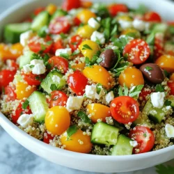 - 1 cup quinoa - 2 cups vegetable broth or water - 1 cup cherry tomatoes, halved - 1 cucumber, diced - 1 bell pepper, diced - 1/2 medium red onion, finely chopped - 1 cup cooked chickpeas - 1/2 cup Kalamata olives, sliced - 1/4 cup fresh parsley, chopped - 1/4 cup fresh mint, chopped - 1/4 cup extra virgin olive oil - Juice of 1 lemon - 1 teaspoon dried oregano - Salt and black pepper to taste - 1/2 cup feta cheese, crumbled - Additional veggies like zucchini or carrots Health Benefits of Quinoa Quinoa is a superfood. It is full of protein, fiber, and vitamins. This grain helps build strong muscles and keeps you full. Quinoa is also gluten-free, making it great for many diets. Benefits of Fresh Vegetables Fresh veggies add color and crunch. They are packed with vitamins and minerals. Eating a mix of vegetables helps your body stay healthy and strong. Each bite brings a burst of flavor and nutrients, making the salad not only tasty but also good for you. For the full recipe, check out Mediterranean Quinoa Delight. Rinsing the Quinoa Start by rinsing the quinoa. Place it in a fine-mesh strainer. Run cold water over it for about 1-2 minutes. This step removes any bitter taste from the quinoa. It is important to rinse well. Cooking Process Next, bring 2 cups of vegetable broth or water to a boil in a medium saucepan. Once boiling, add 1 cup of rinsed quinoa. Cover the pot and reduce the heat to low. Let it simmer for about 15 minutes. When the liquid is gone, remove it from the heat. Let it sit for 5 more minutes, covered. Then, fluff the quinoa with a fork and let it cool. Cutting and Mixing Vegetables While the quinoa cools, chop your vegetables. Dice 1 cucumber and 1 bell pepper. Halve 1 cup of cherry tomatoes and finely chop 1/2 of a red onion. Drain and rinse 1 cup of chickpeas. Slice 1/2 cup of Kalamata olives. Add all these veggies to a large mixing bowl. Combining with Quinoa Once the quinoa cools down, add it to the bowl with the chopped vegetables. Fluff the quinoa with a fork as you mix it in. This helps to mix everything evenly and adds texture. Whisking the Dressing In a small bowl, whisk together 1/4 cup of extra virgin olive oil, juice of 1 lemon, 1 teaspoon of dried oregano, and a pinch of salt and pepper. This dressing adds flavor and ties the salad together. Tossing Ingredients Together Drizzle the dressing over the quinoa and veggie mixture. Gently toss everything to coat the ingredients well. Taste the salad and adjust the seasoning as needed. Allow the salad to rest for at least 20 minutes. This lets the flavors blend. For the best taste, chill the salad for a few hours before serving. You can find the Full Recipe for more details. Ingredient Substitutions You can swap quinoa with farro or bulgur for a different texture. For a crunchier bite, add nuts like almonds or walnuts. If you want more color, try adding shredded carrots or radishes. Instead of chickpeas, use black beans for a unique taste. Flavor Enhancements Boost the flavor by adding capers or sun-dried tomatoes. For a spicy kick, add a pinch of red pepper flakes to the dressing. You can also mix in some fresh basil or dill for a herby touch. Presentation Ideas Serve your salad in a large bowl for a family-style meal. Use individual plates to make it look fancy. Add a sprinkle of extra herbs or a lemon wedge for a bright touch. Pairing with Other Dishes This salad goes well with grilled chicken or fish. It also pairs nicely with pita bread and hummus for a complete meal. For a light lunch, serve it with a side of yogurt. Marinating Tips Let the salad sit for about 20 minutes before serving. This waiting time helps the flavors blend well. For the best taste, let it rest longer, even a few hours. Refrigeration Recommendations Store leftover salad in the fridge for up to three days. Keep it in an airtight container to stay fresh. Just give it a good stir before eating again. If it seems dry, add a splash of olive oil or lemon juice. Remember to check out the Full Recipe for detailed steps! {{image_4}} For a vegan twist, you can remove the feta cheese. This keeps the dish light and fresh. Instead, I love adding tofu or avocado. Tofu adds protein and creaminess. Avocado gives a rich texture and healthy fats. You can make this salad unique by using regional ingredients. Try adding sun-dried tomatoes or artichokes for a taste of Italy. You could also include roasted red peppers for a hint of sweetness. Incorporating different herbs can enhance the flavor too. Basil or dill can bring a nice touch to your salad. In summer, use fresh veggies like bell peppers and cucumbers. They add crunch and bright colors. For winter, root vegetables work great. Try diced carrots or roasted sweet potatoes. These will add warmth and heartiness to your dish. You can find the full recipe for Mediterranean Quinoa Delight to get started! To keep your Mediterranean quinoa salad fresh, store it in an airtight container. Place it in the refrigerator. It can last for up to three days. For longer storage, consider freezing it. However, the texture may change when thawed. If you choose to freeze, use a freezer-safe bag. Remove as much air as possible. When reheating, I recommend using the stovetop or microwave. Gently warm it on low heat. Stir occasionally to keep it moist. You can serve this salad cold or warm. Cold is refreshing, while warm enhances the flavors. To check if your salad is still good, smell it first. If it smells off, it’s best to toss it. Check for any mold or unusual texture. If you see any, do not eat it. To avoid waste, only make what you will eat in a few days. To make this salad vegan, you can skip the feta cheese. Instead, use a dairy-free cheese or leave it out altogether. You can add extra chickpeas for protein. This keeps the salad tasty and filling without any animal products. Yes, you can make this salad ahead of time. Store it in the fridge for up to three days. This salad tastes even better after the flavors mix together. Just make sure to keep the dressing separate if you want the salad to stay fresh. You can try different dressings for new flavors. A balsamic vinaigrette adds sweetness. A tahini dressing gives a creamy texture. You can even use a spicy dressing for a kick. Feel free to explore what you like best. Yes, you can use other grains like farro, barley, or brown rice. Each grain will give a different taste and texture. Cook them like you would cook quinoa. Just remember to adjust cooking times as needed. In this post, we explored the components of a delicious quinoa salad. We covered ingredients like quinoa, fresh veggies, and dressings. You learned step-by-step how to prepare, mix, and customize your salad easily. Tips for storing and variations catered to your preferences add great flexibility. In closing, quinoa salads are fresh, nutritious, and versatile. Enjoy creating your perfect dish!