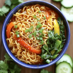 To make Korean gochujang noodles, you need simple yet key items. Here’s what you’ll need: - 200g noodles (choose from udon, soba, or rice noodles) - 2 tablespoons gochujang (Korean chili paste) - 1 tablespoon sesame oil - 1 tablespoon soy sauce - 1 tablespoon honey or maple syrup - 2 cloves garlic, minced - 1 teaspoon fresh ginger, grated - 1 cup bell peppers, thinly sliced (a vibrant mix of red, yellow, and green) - 1 cup baby spinach leaves - 2 green onions, sliced (green and white parts) - 1 tablespoon sesame seeds, toasted - Optional: thinly sliced cucumber and fresh cilantro for garnish These ingredients create a tasty blend of flavors. The gochujang gives a spicy kick, while honey adds a touch of sweetness. You can swap some ingredients based on what you have. Here are a few ideas: - Noodles: Use any noodle you like. Rice noodles are gluten-free. - Gochujang: If you can’t find gochujang, try sriracha or another chili paste. It won't taste the same but will still be spicy. - Vegetables: Feel free to use other veggies like carrots or snap peas. - Sweetener: If you don’t have honey, agave syrup or sugar works too. These swaps keep the dish fun and fresh. When choosing products, quality matters. Here are some brands I trust: - Gochujang: Look for brands like Chung Jung One or Sunchang. They offer rich flavor and good heat. - Noodles: For udon, try Hakubaku. For soba, I like the brand King Soba. If you want rice noodles, check out Thai Kitchen. These brands provide flavors that shine in your dish. For the full recipe, refer to the section above. To cook the noodles, fill a large pot with water. Add some salt for flavor. Bring the water to a vigorous boil. Once it boils, add the noodles of your choice. Cook them according to the package instructions. You want them al dente, so don’t overcook. When they are ready, drain the noodles in a colander. Rinse them under cold water. This stops the cooking process and keeps them from getting mushy. In a medium bowl, mix the gochujang, sesame oil, soy sauce, and honey (or maple syrup). Whisk these together until smooth. Next, add the minced garlic and grated ginger. Stir until everything is combined well. This sauce gives your noodles a rich, spicy flavor. Set the sauce aside for later. Grab a large skillet or wok and heat it over medium-high heat. Add a splash of vegetable oil to the pan. When the oil is hot, toss in the thinly sliced bell peppers. Sauté them for 3-4 minutes. You want them to be soft but still crunchy. After that, add the baby spinach. Stir for about 1 minute until it wilts. This step adds color and freshness to your dish. Now, you are ready to combine everything! For the full recipe, refer back to the earlier sections. Stir-frying noodles is quick and fun. Here are some steps to follow: - Use High Heat: Keep your skillet or wok hot. This helps the noodles cook fast. - Don't Overcrowd: Stir-fry in small batches. This way, everything cooks evenly. - Prep Ahead: Have all your ingredients ready before you start cooking. This keeps the flow smooth. - Use Oil Wisely: Add just enough oil to prevent sticking. Too much can make the dish greasy. You can make your gochujang noodles milder or spicier based on your taste. Here are some ideas: - Less Gochujang: Start with one tablespoon instead of two. You can add more later if needed. - Add Sweetness: Mix in honey or maple syrup to balance the heat. - Dairy Help: Serve with a dollop of sour cream or yogurt. This cools down the spice. - Use Vegetables: Add more veggies like cucumbers or bell peppers. They help tone down the heat. You can prep your gochujang noodles in advance. Here’s how: - Cook Noodles: Follow the cooking steps but stop before adding sauce. Rinse and store them in the fridge. - Make Sauce: Prepare the gochujang sauce and keep it in a sealed jar. It lasts about a week in the fridge. - Store Veggies: Cut your bell peppers and green onions. Store them in airtight bags. - Combine Later: When ready to eat, reheat the noodles and veggies. Add the sauce for a quick meal. For more details, check the Full Recipe. {{image_4}} If you want a vegetarian twist, you can swap out meat for veggies. Use mushrooms, zucchini, or carrots to add texture and flavor. You can also add tofu, which absorbs the sauce well. Firm tofu works best, as it holds its shape. Just cube it and sauté until golden. This makes a hearty meal without any meat. Adding protein can make these noodles more filling. If you like tofu, use the method above. For chicken, slice it thin and sauté until it’s cooked through. Beef can also be a great choice. Use thin strips of flank steak and cook it until brown. Both meats take on the gochujang flavor well. Just remember to adjust the cooking time based on the protein you choose. If you're gluten-free, don’t worry! You can use rice noodles or gluten-free pasta. Rice noodles are light and soak up the sauce nicely. Just cook them based on the package directions. If you prefer, look for gluten-free brands of udon or soba noodles, too. This way, everyone can enjoy these tasty gochujang noodles. For the full recipe, check out the ingredients list above! To keep your Korean gochujang noodles fresh, store them in an airtight container. Make sure they cool down first. This helps prevent sogginess. You can keep them in the fridge for up to three days. If you plan to eat them later, it’s best to store the noodles and sauce separately. This way, the noodles won’t absorb too much sauce and become mushy. When it’s time to enjoy your leftovers, reheating is key. You can use the microwave or a pan. If you choose the microwave, heat in short bursts. Stir between each burst to ensure even heating. If you use a pan, add a splash of water or broth to help steam the noodles. This keeps them moist and flavorful. Heat until warm but avoid overcooking. You can freeze the noodles and sauce if you want to save them for later. Place the noodles in a freezer-safe bag or container. Make sure to remove as much air as possible to prevent freezer burn. For the sauce, store it in a separate container. When you’re ready to eat, thaw them in the fridge overnight. Reheat them as described above for a quick, tasty meal. Gochujang is a thick, red chili paste from Korea. It has a unique blend of heat, sweetness, and umami. You use it in many dishes, like stews, marinades, and, of course, noodles. It adds depth and flavor to meals. The paste is made from fermented soybeans, glutinous rice, and salt. This mix gives it a rich taste that enhances any dish. Yes, you can! If you want a noodle-free meal, use vegetables instead. Try zucchini noodles, cauliflower rice, or even sautéed mushrooms. These substitutes keep the dish tasty and light. Just follow the same steps for sauce and veggies. It’s a fun twist for those who want to skip the carbs. To tone down the heat, adjust the gochujang amount. Use only one tablespoon instead of two. You can also add more honey or maple syrup. This sweet balance will cut the spice. Incorporating more vegetables helps too. The added bell peppers and spinach can help cool the dish. Korean Gochujang noodles offer delicious flavors with simple steps. You learned about key ingredients, cooking methods, and flavor tips. We discussed veggie options, protein choices, and safe storage. Making these noodles is easy and fun. Remember, the sauce can adjust spice, making it great for everyone. Enjoy your tasty creation. With practice, you'll master this dish and impress your friends!
