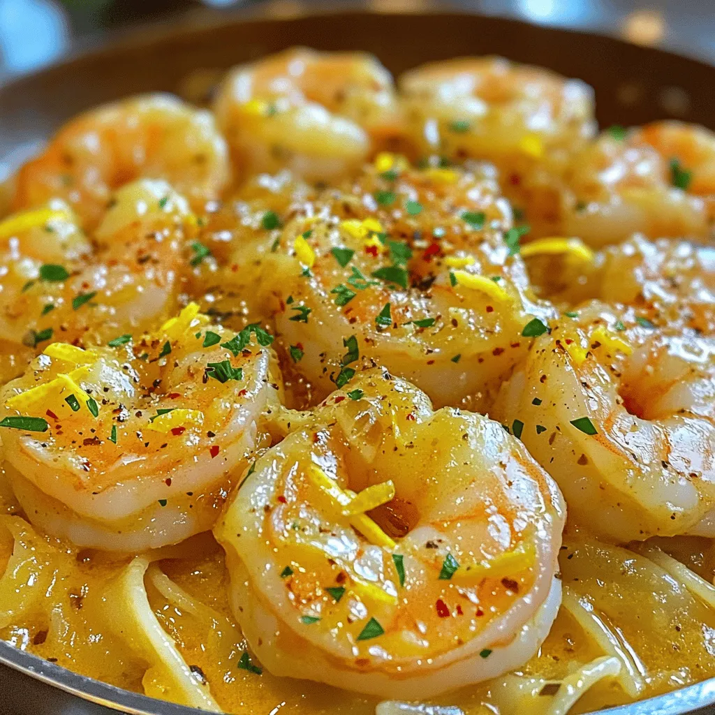 - Large shrimp: Use 1 pound of large shrimp. They need to be peeled and deveined. This size cooks well and has great flavor. The shrimp should be fresh or properly thawed if frozen. - Fresh garlic: You will need 3 cloves, minced. Garlic adds a strong, savory taste. It brings depth to the dish when sautéed. - Lemon juice and zest: Use the juice and zest of one lemon. The juice gives a bright tang, while the zest adds aromatic oils. Together, they enhance the shrimp's flavor. - Red pepper flakes: Add 1 teaspoon for heat. This gives a nice kick without overpowering the dish. - Fresh herbs: You can use parsley or basil for a fresh taste. They can add color and enhance the flavor. Feel free to mix and match based on your preference. - Alternative serving options: You can serve the shrimp over cooked pasta or rice. These sides soak up the delicious garlic butter sauce perfectly. For the complete recipe, check out the Full Recipe. Start by prepping the shrimp. It’s key to keep them dry. Pat them with a paper towel. This step helps the shrimp sear well. Next, season lightly with salt and black pepper. This simple seasoning brings out their natural flavor. Now, let’s cook the garlic and butter. Use a large skillet for even cooking. Melt 2 tablespoons of unsalted butter over medium heat. Keep an eye on the temperature. Too hot can burn the garlic. Once the butter bubbles, add minced garlic and optional red pepper flakes. Sauté for 1-2 minutes. You want the garlic fragrant but not browned. Next, it’s time to cook the shrimp. Add them to the skillet in a single layer. Avoid overcrowding, as this can steam them. Cook for 2-3 minutes on one side. Watch for that vibrant pink color! Flip them over and cook for another 1-2 minutes. They should be opaque and fully cooked. Finally, let’s create the garlic butter sauce. Squeeze fresh lemon juice over the shrimp and sprinkle in lemon zest. Add the remaining 2 tablespoons of butter and stir gently. This helps the butter melt and mix with the garlic and lemon. Taste the dish, then adjust with more salt or pepper if needed. Garnish with chopped fresh parsley for a pop of color. Serve the shrimp over pasta or rice, drizzling that luscious garlic butter sauce on top. For the full recipe, check out the complete guide! To know when shrimp are done, look for a vibrant pink color. They should curl into a C shape. Overcooking makes shrimp tough and rubbery. Cook them until they are opaque. This usually takes about 3 to 5 minutes. Shrimp cook fast, so watch them closely. Pairing your lemon garlic butter shrimp with side dishes makes the meal shine. I suggest serving it over cooked pasta or rice. Both soak up the tasty sauce well. You can also add a simple salad or steamed veggies. These sides balance the rich flavors and add freshness. Store leftovers in an airtight container. Refrigerate them for up to 2 days. If you want to keep them longer, freeze shrimp for up to 3 months. When reheating, do it gently. Use low heat on the stove to warm them up. This keeps the shrimp tender and tasty. For the best flavor, add a splash of fresh lemon juice while reheating. {{image_4}} You can add more flavor to your Lemon Garlic Butter Shrimp using spices and herbs. Try adding paprika for a smoky taste. Cumin offers a warm flavor that works well too. For a fresh twist, mix in some chopped basil or cilantro. These herbs give the dish a bright note. You can also play with the level of heat. If you like spice, add more red pepper flakes. Just a pinch can change the whole dish! There are two great ways to cook your shrimp: grilling and stovetop. Grilling gives the shrimp a nice char. It adds a smoky flavor that is hard to beat. Just make sure to skewer the shrimp to keep them from falling through the grill. Stovetop cooking is quicker and easier. It lets you control the heat better. Both methods work well, so choose what suits you best! When it comes to serving, be creative! You can serve the shrimp on a bed of pasta or rice for a full meal. Or, try serving it in a taco shell with fresh toppings. For a party, use small skewers. This way, guests can easily grab them. You can also serve it with crusty bread. The garlic butter sauce is perfect for dipping! You can store leftover shrimp in the fridge or freezer. If you plan to eat them soon, refrigeration works well. Place the shrimp in an airtight container. They stay fresh this way for up to three days. If you want to keep them longer, freezing is the best option. Use a freezer-safe bag or container. This way, they can last for up to three months. For the best freshness, use airtight containers. Glass containers are great because they do not absorb odors. If you prefer plastic, make sure it is BPA-free. Vacuum-sealed bags are also excellent for freezing. They help prevent freezer burn and keep the shrimp tasting fresh. Leftover shrimp can last in the fridge for three days. After that, they start to lose quality. If you freeze them, they can last for about three months. Always check for any off smells or changes in color before eating. If you notice anything unusual, it’s best to throw them away. Shrimp are fully cooked when they turn pink and opaque. You can also check if they curl into a C shape. Overcooked shrimp will curl tightly into an O shape. Cooking shrimp usually takes about 3 to 5 minutes. Keep an eye on them to avoid chewy shrimp. Yes, you can use frozen shrimp. Just ensure to thaw them first. The best way to thaw shrimp is to place them in the fridge overnight. If you need to thaw them quickly, place them in a bowl of cold water for about 15-20 minutes. Pat them dry before cooking to avoid excess moisture. If you want a dairy-free option, you can use olive oil or coconut oil. Both oils will provide a nice flavor. For a vegan choice, try a plant-based butter. These options will keep the dish flavorful while meeting your dietary needs. To make this dish low-carb, skip the pasta or rice. Serve the shrimp over zucchini noodles or cauliflower rice instead. These options keep the meal light while still being satisfying. You can also reduce the amount of butter if you want fewer calories. For the full recipe, check out the [Full Recipe]. In this article, we covered the essential ingredients for lemon garlic butter shrimp, including large shrimp, fresh garlic, and lemon juice. You learned step-by-step instructions for preparing and cooking the dish. We also explored tips for perfect shrimp texture, flavor enhancements, and storage practices. Remember, cooking is all about experimenting. Don’t be afraid to add your own twist. Whether you spice it up or try new methods, enjoy the process. Your kitchen can become a place of fun and flavor!