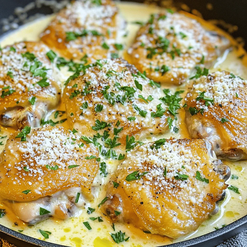 - 4 boneless, skinless chicken thighs - 2 tablespoons olive oil - 4 cloves garlic, minced (about 2 teaspoons) - 1 cup heavy cream - 1 cup chicken broth (low sodium recommended) - 1 teaspoon dried thyme - 1 teaspoon dried rosemary - ½ cup freshly grated Parmesan cheese - Salt, to taste - Black pepper, to taste - Fresh parsley, chopped (for garnish) To start, I choose chicken thighs for their rich flavor and tenderness. They cook well without drying out. I use olive oil for a nice sear and garlic for that classic flavor. Heavy cream gives the sauce its smoothness, while chicken broth adds depth. Dried herbs like thyme and rosemary bring in warmth and aroma. Parmesan cheese makes the sauce extra creamy and cheesy. I always season with salt and pepper to enhance all the flavors. Finally, I like to sprinkle fresh parsley on top for a bright finish. You can find the full recipe [here](#). This list makes it easy to gather what I need, ensuring a smooth cooking process. Seasoning the chicken thighs First, you need to season the chicken thighs. Use salt and black pepper. Make sure to cover both sides. This helps the chicken taste great. Searing in the skillet Next, heat olive oil in a large skillet over medium-high heat. When the oil shimmers, add the seasoned chicken. Sear the chicken for about 5-6 minutes on each side. Look for a golden-brown crust. Check that the inside reaches 165°F or 74°C. Once done, remove the chicken and set it aside. Sautéing garlic and deglazing In the same skillet, lower the heat to medium. Add minced garlic and sauté for 1-2 minutes. Stir often until the garlic smells good and turns light gold. Don’t let it burn, or it will taste bad. Then, pour in the chicken broth. Use a wooden spoon to scrape the bottom of the pan. This gets all the tasty bits off. Creating the creamy sauce Now, stir in heavy cream, dried thyme, and dried rosemary. Mix well and let the sauce simmer for 3-4 minutes. It should thicken a bit. Stir often to keep it from sticking. Incorporating chicken with sauce Return the seared chicken thighs to the skillet. Nestle the chicken in the creamy sauce. Let it simmer for another 2-3 minutes. This makes sure the chicken is hot and well-coated. Adjusting seasoning and serving suggestions Before serving, taste the sauce. Add more salt and pepper if needed. Serve the creamy garlic chicken skillet hot. Garnish with freshly chopped parsley. This adds a nice touch. Pair it with crusty bread, rice, or pasta to enjoy every drop of sauce. For the full recipe, check out the details above. To get a golden-brown crust, start with dry chicken. Pat the thighs with a paper towel. Season both sides with salt and black pepper. The oil must be hot before adding the chicken. Sear for 5-6 minutes on each side until golden. To ensure the chicken is cooked through, use a meat thermometer. The internal temperature should reach 165°F (74°C). If you don’t have one, cut into the thickest part. The juices should run clear, not pink. For a flavorful sauce, you can mix in different herbs. Try adding basil or oregano for a twist. You can also use fresh herbs if you have them. They add a nice touch of brightness. To achieve the right consistency, keep the sauce on low heat. Stir frequently to avoid sticking. If it’s too thick, add a splash of broth or water. If it’s too thin, let it simmer longer. This dish pairs well with many sides. Serve it over rice, pasta, or with crusty bread. These options soak up the creamy sauce nicely. For a beautiful presentation, serve the chicken in the skillet. This gives a rustic look. You can also transfer it to individual plates. Top with fresh parsley for color and freshness. {{image_4}} You can easily swap out chicken thighs for other proteins. Turkey works well and has a similar taste. Tofu is a great option for a plant-based meal. If you need to avoid dairy, use coconut cream or a nut-based cream. These will still give you that luscious texture without the milk. To make your dish even better, add some vegetables. Spinach adds color and nutrients. Mushrooms bring a nice earthiness to the meal. You can also mix in different cheeses. Try gouda for a smoky twist or feta for a tangy bite. These changes can elevate your creamy garlic chicken skillet to a new level. Feel adventurous? Try a Cajun-style twist! Add some cayenne pepper and smoked paprika for heat. This will give your dish a warm, spicy flavor. For an Italian-inspired version, toss in sun-dried tomatoes. They add a sweet and tangy flavor that pairs perfectly with the cream sauce. Each adaptation makes for a unique and tasty meal experience. To store leftovers, let the dish cool first. Then, place it in an airtight container. This keeps it fresh. In the fridge, your creamy garlic chicken will stay good for about 3 to 4 days. When you're ready to eat, the best way to reheat is on the stove. Place it in a skillet over low heat. Stir gently to warm it up. This helps keep the creamy texture. If you need to, add a splash of chicken broth or cream to help. To freeze this dish, first cool it completely. Then, divide it into portions and place in freezer-safe bags. Remove as much air as possible to avoid freezer burn. This meal can be frozen for up to 3 months. Just thaw it in the fridge overnight before reheating. For the full recipe, check out the section above! Cook chicken thighs for about 5-6 minutes on each side. They should reach 165°F. This ensures they are juicy and safe to eat. Yes, you can use chicken breasts. They will cook faster, so check them after 4-5 minutes per side. Adjust cooking time as needed to avoid dryness. Absolutely! Use coconut milk or almond milk instead of heavy cream. For cheese, try nutritional yeast for a cheesy flavor without dairy. You can use Pecorino Romano or nutritional yeast for a dairy-free option. These substitutes add a nice flavor to the sauce. To thicken the sauce, let it simmer longer to reduce. You can also add a slurry of cornstarch and water. Stir it in until the desired thickness is achieved. In this post, we explored the steps to make creamy garlic chicken. We started with the key ingredients like chicken thighs and heavy cream. Next, we covered how to prepare the chicken and create a delicious sauce. I shared tips for perfecting your dish and variations to keep it exciting. Finally, we talked about proper storage and answered common questions. This dish is simple yet impressive. With practice, you can make it your own!